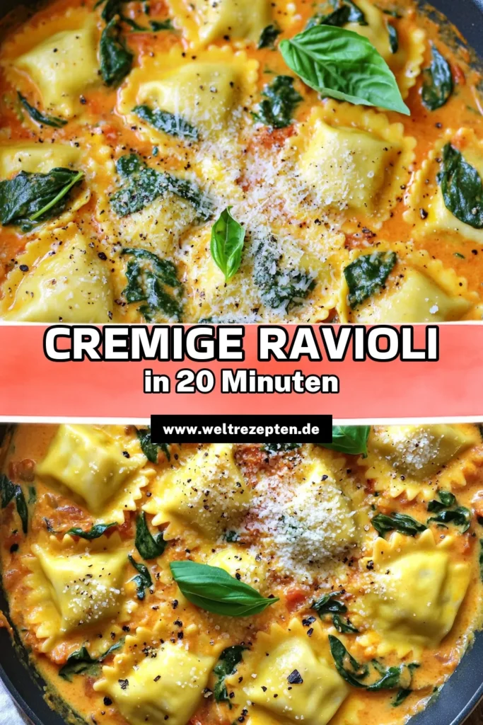 Entdecken Sie das köstliche Rezept für Ein-Pfannen Cremige Tomaten-Spinat Ravioli! Dieses schnelle und einfache Gericht kombiniert frische Käse-Ravioli mit einer cremigen Tomatensoße, Knoblauch und lieblichem Spinat. In nur 20 Minuten zaubern Sie ein schmackhaftes Abendessen für die ganze Familie. Klicken Sie jetzt, um die vollständigen Schritt-für-Schritt-Anleitungen zu erhalten und Ihre Küche in ein italienisches Bistro zu verwandeln!