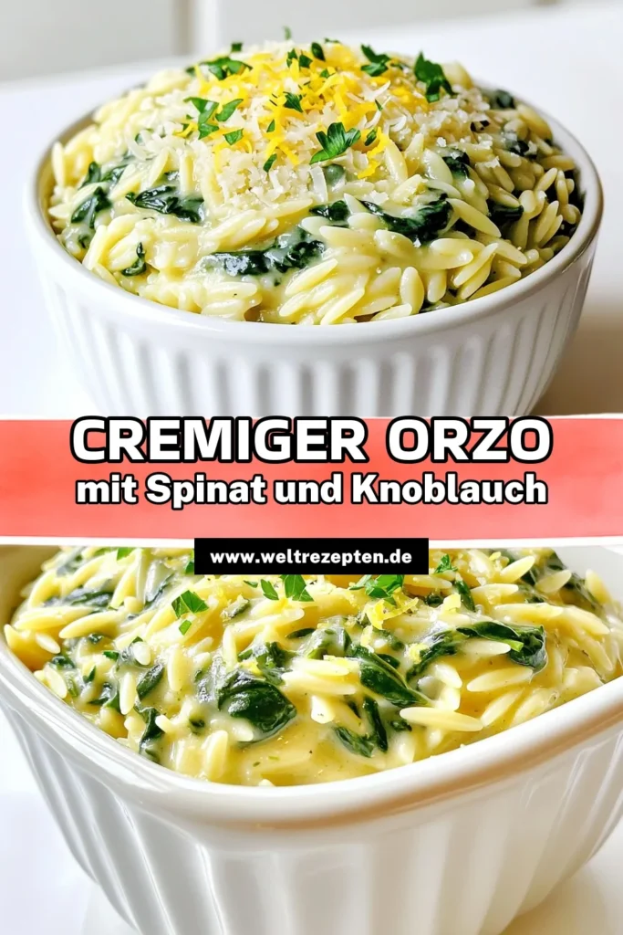 Entdecken Sie das cremige Knoblauch-Parmesan-Orzo mit Spinat, ein einfaches und köstliches Rezept für jeden Tag! Mit frischem Spinat, aromatischem Knoblauch und frisch geriebenem Parmesan zaubern Sie in nur 25 Minuten ein Gericht, das alle begeistert. Perfekt für ein schnelles Abendessen oder als Beilage. Klicken Sie hier, um die detaillierte Anleitung zu lesen und dieses Rezept auszuprobieren! #KnoblauchParmesan #OrzoRezepte #PastaLiebhaber #SchnelleGerichte