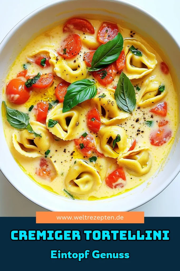 Entdecken Sie ein köstliches Eintopf mit Tomaten-Basilikum Tortellini Alfredo, das in nur 20 Minuten zubereitet ist! Diese cremige Mischung aus Käsetortellini, gewürfelten Tomaten und frischem Basilikum wird Ihre Geschmacksknospen erfreuen. Ideal für ein schnelles Abendessen oder ein gemütliches Treffen. Klicken Sie hier, um das vollständige Rezept und Tipps für die perfekte Zubereitung zu erhalten! #Eintopf #Tortellini #SchnelleRezepte #ComfortFood