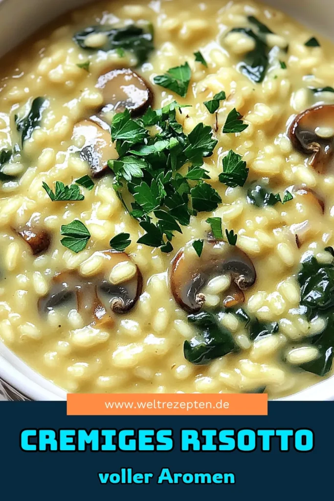 Entdecke das Rezept für cremiges Risotto mit geröstetem Knoblauch aus einem Topf! Dieser köstliche Genuss vereint die Aromen von zartem Arborio-Reis, frischem Spinat, herzhaften Champignons und würzigem Parmesan. Perfekt für jede Gelegenheit – einfach zuzubereiten und in nur 50 Minuten fertig! Klicke jetzt, um das vollständige Rezept zu erkunden und deinem Abendessen einen Hauch von Italien zu verleihen! #Risotto #vegetarisch #Knoblauchliebe #einTopfGerichte