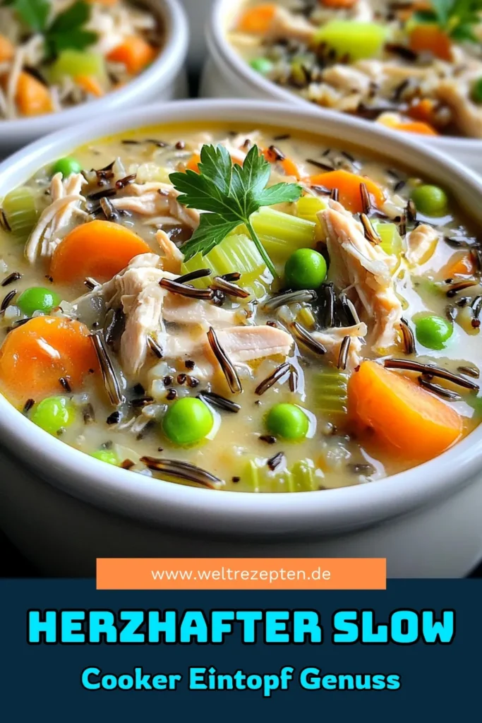 Entdecke diesen gemütlichen Slow Cooker Hühnchen-Wildreis-Eintopf, der perfekt für kalte Tage ist! Mit zartem Hähnchen, gesunden Gemüse und aromatischen Kräutern ist dieses Gericht einfach zuzubereiten und schmeckt fantastisch. Lass dich inspirieren und klicke hier, um das vollständige Rezept zu sehen! #SlowCooker #Eintopf #Hühnchen #Rezeptideen