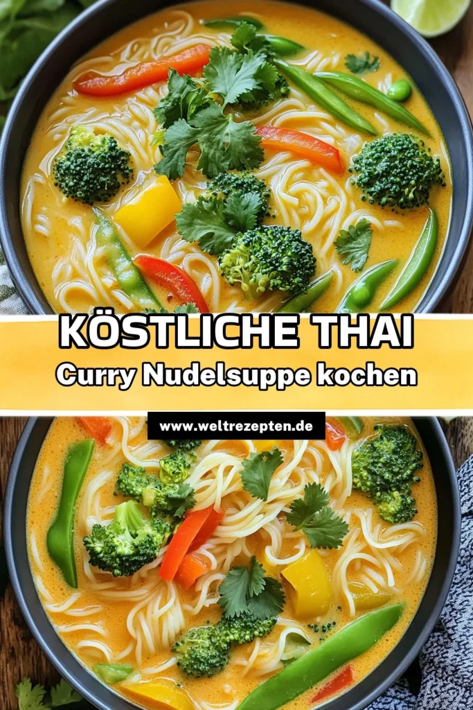 Entdecken Sie das köstliche Rezept für eine Thai Kokosnuss-Curry-Nudelsuppe, die einfach zuzubereiten und voller Aromen ist! Diese cremige Suppe kombiniert Reisnudeln, frisches Gemüse und würzige rote Currypaste für ein Geschmackserlebnis, das Sie nicht verpassen sollten. Bereiten Sie diese schnelle und gesunde Mahlzeit in nur 30 Minuten zu. Klicken Sie hier für das vollständige Rezept und weitere köstliche Ideen! #CurrySuppe #Kokosmilch #ThaiKüche #SchnelleRezepte