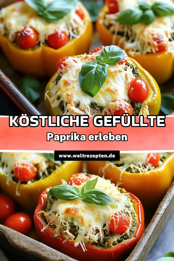 Entdecke das Rezept für gefüllte Paprika mit Pesto-Hühnchen, das deine Geschmacksknospen verzaubern wird! Diese bunten Paprika sind prall gefüllt mit zartem Hühnchen, cremigem Käse und aromatischem Pesto. Perfekt für ein schnelles Abendessen oder als Eindruck bei Gästen. Lass dich von diesem einfachen Rezept inspirieren und koche noch heute! Klick auf den Link, um die einfachen Schritte zu sehen! #gefülltePaprika #PestoHühnchen #schnelleRezepte #leckeresEssen