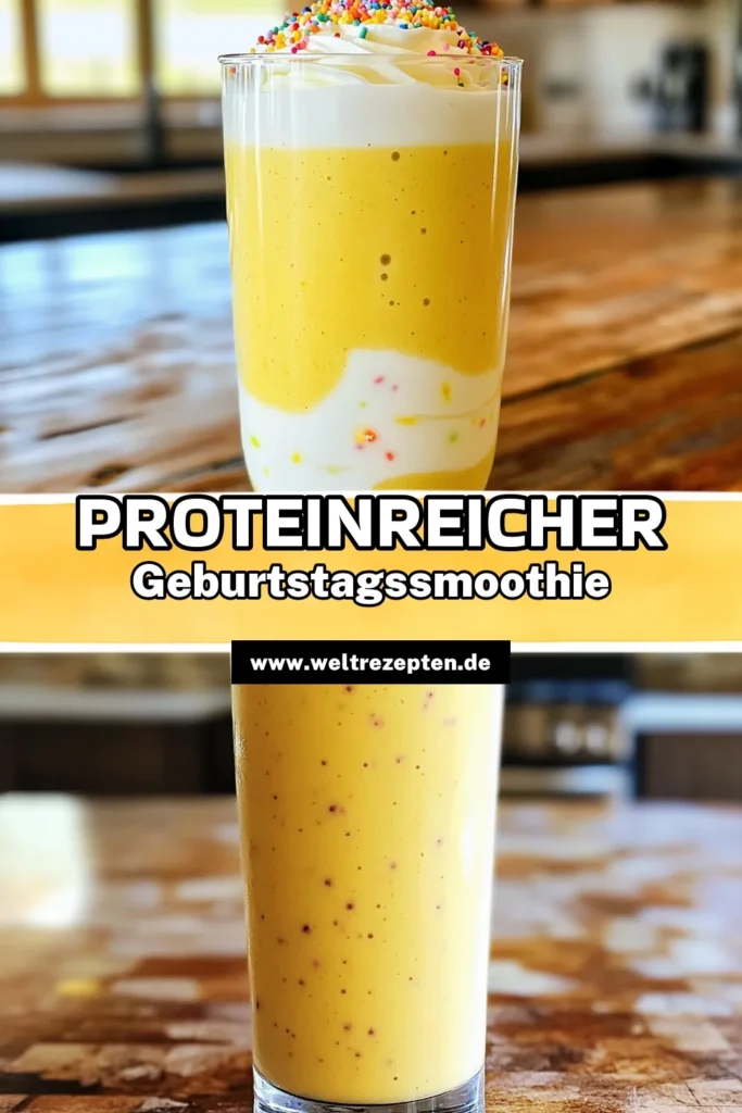Feiere deinen nächsten Geburtstag mit einem köstlichen High-Protein Geburtstagskuchen Smoothie! Dieser cremige Genuss kombiniert ungesüßte Mandelmilch, Vanille-Proteinpulver, gefrorene Banane und griechischen Joghurt für einen schmackhaften und gesunden Snack. Perfekt für eine proteinreiche Ernährung! Klicke jetzt, um das Rezept auszuprobieren und deinen Geburtstags-Kickstart zu feiern! Lass dir diesen leichten Leckerbissen nicht entgehen!