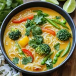 Um eine köstliche Thai Kokosnuss-Curry-Nudelsuppe zuzubereiten, benötigen Sie folgende Zutaten: - 200 g Reisnudeln - 1 Esslöffel Kokosöl - 1 mittelgroße Zwiebel, gewürfelt - 3 Knoblauchzehen, fein gehackt - 1 Esslöffel frischer Ingwer, gerieben - 2 Esslöffel rote Currypaste - 400 ml Kokosmilch - 500 ml Gemüsebrühe - 1 Esslöffel Sojasauce - 1 Esslöffel Limettensaft - 1 Tasse Paprika (rot/orange), in Streifen geschnitten - 1 Tasse Brokkoliröschen - 1 Tasse Zuckerschoten - Frischer Koriander, zum Garnieren - Limettenschnitze, zum Servieren - Chiliflocken (optional, für extra Schärfe) Sie können einige Zutaten leicht anpassen, um Ihre Suppe zu variieren. Wenn Sie glutenfrei leben, nutzen Sie glutenfreie Sojasauce oder Tamari. Reisnudeln sind ebenfalls glutenfrei, was sie zu einer tollen Wahl macht. Statt Kokosmilch können Sie Mandelmilch verwenden, wenn Sie eine leichtere Option wollen. Jede Zutat in dieser Suppe bringt ihre eigenen gesundheitlichen Vorteile mit sich: - Reisnudeln: Glutenfrei und leicht verdaulich. - Kokosöl: Fördert die Herzgesundheit und hat antibakterielle Eigenschaften. - Zwiebeln: Reich an Antioxidantien und gut für das Immunsystem. - Knoblauch: Stärkt das Herz und hat entzündungshemmende Wirkungen. - Ingwer: Hilft bei der Verdauung und wirkt gegen Übelkeit. - Rote Currypaste: Enthält Chili, das den Stoffwechsel anregt. - Kokosmilch: Voll von gesunden Fetten, die Energie liefern. - Gemüse: Bietet Ballaststoffe, Vitamine und Mineralien. Diese Suppe ist nicht nur lecker, sondern auch nahrhaft. Sie stärkt das Immunsystem und bringt frische Aromen auf Ihren Tisch. Beginne mit den Reisnudeln. Koche sie nach den Anweisungen auf der Verpackung. In der Regel dauert das etwa 5 bis 7 Minuten. Wenn sie fertig sind, gieße das Wasser ab und stelle die Nudeln beiseite. Es ist wichtig, dass die Nudeln nicht zu weich werden. Sie sollen al dente sein, damit sie in der Suppe gut halten. Jetzt kommst du zur aromatischen Basis. Nimm einen großen Topf und erhitze das Kokosöl bei mittlerer Hitze. Füge die gewürfelte Zwiebel hinzu. Brate sie für 3 bis 4 Minuten, bis sie weich ist. Dann gib den fein gehackten Knoblauch und den geriebenen Ingwer hinzu. Brate alles für eine weitere Minute an. Der Duft wird dir sicher das Wasser im Mund zusammenlaufen lassen! Füge nun die rote Currypaste hinzu. Rühre alles gut um und lasse die Mischung für etwa 2 Minuten kochen. Dadurch entfalten sich die Aromen. Gieße die Kokosmilch und die Gemüsebrühe in den Topf. Vermische alles gründlich und lasse die Suppe aufkochen. Dann füge die Sojasauce und den Limettensaft hinzu. Rühre um, um alles gut zu verbinden. Jetzt wird es bunt! Gib die geschnittene Paprika, die Brokkoliröschen und die Zuckerschoten in den Topf. Koche die Suppe für 5 bis 7 Minuten weiter, bis das Gemüse zart ist. Zuletzt kommen die vorbereiteten Reisnudeln dazu. Rühre behutsam um, um sie zu erwärmen. Achte darauf, die Würze nach deinem Geschmack anzupassen. Deine Suppe ist fast fertig! Serviere sie heiß, garniert mit frischem Koriander und Limettenschnitzen. Wenn du es scharf magst, streue etwas Chiliflocken darüber. Jetzt kannst du die köstliche Thai Kokosnuss-Curry-Nudelsuppe genießen! Um die perfekte Konsistenz zu erreichen, achte auf die Menge an Brühe. Beginne mit 500 ml Gemüsebrühe. Wenn du eine dickere Suppe möchtest, reduziere die Brühe. Ein weiterer Tipp ist, die Reisnudeln erst kurz vor dem Servieren hinzuzufügen. So bleiben sie al dente und matschen nicht. Rühre die Nudeln sanft in die heiße Suppe, um sie gleichmäßig zu erwärmen. Die Schärfe der Suppe kannst du leicht anpassen. Füge mehr oder weniger rote Currypaste hinzu. Für einen milden Geschmack, starte mit einem Esslöffel. Möchtest du es schärfer, dann nimm zwei Esslöffel. Auch Chiliflocken sind eine gute Option. Streue sie beim Servieren über die Suppe. So kann jeder nach seinem Geschmack würzen. Serviere die Suppe heiß in tiefen Schalen. Garniere sie mit frischem Koriander. Limettenschnitze sind ein tolles Extra. Sie bringen Frische und einen tollen Geschmack. Du kannst die Suppe auch mit knusprigem Brot oder einer Beilage aus Reis servieren. Diese Optionen machen das Essen noch genussvoller. {{image_4}} Für eine vegetarische oder vegane Version der Thai Kokosnuss-Curry-Nudelsuppe können Sie einfach das Gemüse erhöhen und tierische Produkte weglassen. Statt Fleisch verwenden Sie einfach mehr Gemüse. Zum Beispiel, fügen Sie mehr Brokkoli, Karotten oder Spinat hinzu. Sie können auch Tofu verwenden, um eine proteinreiche Option zu bieten. Tofu nimmt die Aromen gut auf und passt perfekt zu dieser Suppe. Möchten Sie etwas Protein? Fügen Sie Hühnchen oder Garnelen hinzu. Für Hühnchen schneiden Sie es in kleine Stücke und braten es mit der Zwiebel an. Dies gibt der Suppe einen herzhaften Geschmack. Garnelen können in der letzten Kochphase hinzugefügt werden. Kochen Sie sie nur ein paar Minuten, bis sie rosa sind. Für die vegane Option ist Tofu die beste Wahl. Er ist nahrhaft und macht die Suppe sättigender. Die Suppe lässt sich leicht anpassen. Experimentieren Sie mit verschiedenen Gemüsesorten. Zucchini, grüne Bohnen oder Kürbis sind tolle Ergänzungen. Jedes Gemüse bringt neue Aromen und Texturen. Zudem können Sie die Farben Ihrer Suppe variieren. Bunte Gemüse machen das Gericht nicht nur schön, sondern auch gesund. So bleibt die Suppe spannend und lecker, egal wie oft Sie sie zubereiten. Um die Thai Kokosnuss-Curry-Nudelsuppe frisch zu halten, lassen Sie sie zuerst abkühlen. Füllen Sie die Suppe in einen luftdichten Behälter. Achten Sie darauf, dass der Behälter gut verschlossen ist. Bewahren Sie die Suppe im Kühlschrank auf. So bleibt sie bis zu drei Tage haltbar. Wenn Sie die Suppe wieder aufwärmen, verwenden Sie einen Topf. Geben Sie die Suppe bei mittlerer Hitze auf den Herd. Rühren Sie regelmäßig um, damit sie gleichmäßig warm wird. Sie können etwas Gemüsebrühe hinzufügen, um die Konsistenz zu verbessern. Verwenden Sie niemals die Mikrowelle, da dies die Nudeln matschig machen kann. Die Suppe hält sich gut im Gefrierfach. Füllen Sie sie in Portionsbehälter und frieren Sie sie ein. So bleibt sie bis zu drei Monate haltbar. Wenn Sie die Suppe auftauen möchten, lassen Sie sie über Nacht im Kühlschrank auftauen. Wiedererwärmen Sie sie dann wie oben beschrieben. Wenn Sie keine rote Currypaste haben, nutzen Sie eine andere Currypaste. Gelbe oder grüne Currypaste funktioniert gut. Sie können auch eine Mischung aus gemahlenen Gewürzen verwenden. Mischen Sie Paprika, Kreuzkümmel und Koriander für einen ähnlichen Geschmack. Experimentieren Sie mit den Mengen, um die gewünschte Schärfe zu erreichen. Ja, Sie können die Reisnudeln im Voraus kochen. Kochen Sie sie und lassen Sie sie abkühlen. Lagern Sie die Nudeln in einem luftdichten Behälter im Kühlschrank. Wenn Sie bereit sind zu servieren, fügen Sie die Nudeln einfach in die heiße Suppe. Das spart Zeit und macht das Kochen einfacher. Wenn Sie keine Kokosmilch haben, verwenden Sie Gemüsebrühe oder Mandelmilch. Diese Optionen geben der Suppe einen anderen Geschmack. Sie können auch etwas Pflanzenöl hinzufügen, um einen ähnlichen Reichtum zu erzielen. Fügen Sie eine Prise Zucker hinzu, um die fehlende Süße auszugleichen. Diese Thai Kokosnuss-Curry-Nudelsuppe ist einfach zuzubereiten und sehr lecker. Wir haben die besten Zutaten besprochen und auch gesunde Alternativen aufgezeigt. Die Schritt-für-Schritt-Anleitung macht das Kochen leicht. Außerdem habe ich Tipps gegeben, wie du die Suppe anpassen kannst, sei es für eine vegane Variante oder bei der Schärfe. Die Lagerungshinweise helfen dir, Reste gut aufzubewahren. Du kannst diese Suppe immer wieder neu erfinden und an deinen Geschmack anpassen. Mach dich bereit, diese köstliche Suppe zu genießen!