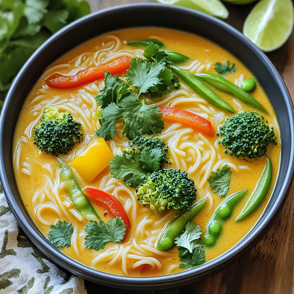 Um eine köstliche Thai Kokosnuss-Curry-Nudelsuppe zuzubereiten, benötigen Sie folgende Zutaten: - 200 g Reisnudeln - 1 Esslöffel Kokosöl - 1 mittelgroße Zwiebel, gewürfelt - 3 Knoblauchzehen, fein gehackt - 1 Esslöffel frischer Ingwer, gerieben - 2 Esslöffel rote Currypaste - 400 ml Kokosmilch - 500 ml Gemüsebrühe - 1 Esslöffel Sojasauce - 1 Esslöffel Limettensaft - 1 Tasse Paprika (rot/orange), in Streifen geschnitten - 1 Tasse Brokkoliröschen - 1 Tasse Zuckerschoten - Frischer Koriander, zum Garnieren - Limettenschnitze, zum Servieren - Chiliflocken (optional, für extra Schärfe) Sie können einige Zutaten leicht anpassen, um Ihre Suppe zu variieren. Wenn Sie glutenfrei leben, nutzen Sie glutenfreie Sojasauce oder Tamari. Reisnudeln sind ebenfalls glutenfrei, was sie zu einer tollen Wahl macht. Statt Kokosmilch können Sie Mandelmilch verwenden, wenn Sie eine leichtere Option wollen. Jede Zutat in dieser Suppe bringt ihre eigenen gesundheitlichen Vorteile mit sich: - Reisnudeln: Glutenfrei und leicht verdaulich. - Kokosöl: Fördert die Herzgesundheit und hat antibakterielle Eigenschaften. - Zwiebeln: Reich an Antioxidantien und gut für das Immunsystem. - Knoblauch: Stärkt das Herz und hat entzündungshemmende Wirkungen. - Ingwer: Hilft bei der Verdauung und wirkt gegen Übelkeit. - Rote Currypaste: Enthält Chili, das den Stoffwechsel anregt. - Kokosmilch: Voll von gesunden Fetten, die Energie liefern. - Gemüse: Bietet Ballaststoffe, Vitamine und Mineralien. Diese Suppe ist nicht nur lecker, sondern auch nahrhaft. Sie stärkt das Immunsystem und bringt frische Aromen auf Ihren Tisch. Beginne mit den Reisnudeln. Koche sie nach den Anweisungen auf der Verpackung. In der Regel dauert das etwa 5 bis 7 Minuten. Wenn sie fertig sind, gieße das Wasser ab und stelle die Nudeln beiseite. Es ist wichtig, dass die Nudeln nicht zu weich werden. Sie sollen al dente sein, damit sie in der Suppe gut halten. Jetzt kommst du zur aromatischen Basis. Nimm einen großen Topf und erhitze das Kokosöl bei mittlerer Hitze. Füge die gewürfelte Zwiebel hinzu. Brate sie für 3 bis 4 Minuten, bis sie weich ist. Dann gib den fein gehackten Knoblauch und den geriebenen Ingwer hinzu. Brate alles für eine weitere Minute an. Der Duft wird dir sicher das Wasser im Mund zusammenlaufen lassen! Füge nun die rote Currypaste hinzu. Rühre alles gut um und lasse die Mischung für etwa 2 Minuten kochen. Dadurch entfalten sich die Aromen. Gieße die Kokosmilch und die Gemüsebrühe in den Topf. Vermische alles gründlich und lasse die Suppe aufkochen. Dann füge die Sojasauce und den Limettensaft hinzu. Rühre um, um alles gut zu verbinden. Jetzt wird es bunt! Gib die geschnittene Paprika, die Brokkoliröschen und die Zuckerschoten in den Topf. Koche die Suppe für 5 bis 7 Minuten weiter, bis das Gemüse zart ist. Zuletzt kommen die vorbereiteten Reisnudeln dazu. Rühre behutsam um, um sie zu erwärmen. Achte darauf, die Würze nach deinem Geschmack anzupassen. Deine Suppe ist fast fertig! Serviere sie heiß, garniert mit frischem Koriander und Limettenschnitzen. Wenn du es scharf magst, streue etwas Chiliflocken darüber. Jetzt kannst du die köstliche Thai Kokosnuss-Curry-Nudelsuppe genießen! Um die perfekte Konsistenz zu erreichen, achte auf die Menge an Brühe. Beginne mit 500 ml Gemüsebrühe. Wenn du eine dickere Suppe möchtest, reduziere die Brühe. Ein weiterer Tipp ist, die Reisnudeln erst kurz vor dem Servieren hinzuzufügen. So bleiben sie al dente und matschen nicht. Rühre die Nudeln sanft in die heiße Suppe, um sie gleichmäßig zu erwärmen. Die Schärfe der Suppe kannst du leicht anpassen. Füge mehr oder weniger rote Currypaste hinzu. Für einen milden Geschmack, starte mit einem Esslöffel. Möchtest du es schärfer, dann nimm zwei Esslöffel. Auch Chiliflocken sind eine gute Option. Streue sie beim Servieren über die Suppe. So kann jeder nach seinem Geschmack würzen. Serviere die Suppe heiß in tiefen Schalen. Garniere sie mit frischem Koriander. Limettenschnitze sind ein tolles Extra. Sie bringen Frische und einen tollen Geschmack. Du kannst die Suppe auch mit knusprigem Brot oder einer Beilage aus Reis servieren. Diese Optionen machen das Essen noch genussvoller. {{image_4}} Für eine vegetarische oder vegane Version der Thai Kokosnuss-Curry-Nudelsuppe können Sie einfach das Gemüse erhöhen und tierische Produkte weglassen. Statt Fleisch verwenden Sie einfach mehr Gemüse. Zum Beispiel, fügen Sie mehr Brokkoli, Karotten oder Spinat hinzu. Sie können auch Tofu verwenden, um eine proteinreiche Option zu bieten. Tofu nimmt die Aromen gut auf und passt perfekt zu dieser Suppe. Möchten Sie etwas Protein? Fügen Sie Hühnchen oder Garnelen hinzu. Für Hühnchen schneiden Sie es in kleine Stücke und braten es mit der Zwiebel an. Dies gibt der Suppe einen herzhaften Geschmack. Garnelen können in der letzten Kochphase hinzugefügt werden. Kochen Sie sie nur ein paar Minuten, bis sie rosa sind. Für die vegane Option ist Tofu die beste Wahl. Er ist nahrhaft und macht die Suppe sättigender. Die Suppe lässt sich leicht anpassen. Experimentieren Sie mit verschiedenen Gemüsesorten. Zucchini, grüne Bohnen oder Kürbis sind tolle Ergänzungen. Jedes Gemüse bringt neue Aromen und Texturen. Zudem können Sie die Farben Ihrer Suppe variieren. Bunte Gemüse machen das Gericht nicht nur schön, sondern auch gesund. So bleibt die Suppe spannend und lecker, egal wie oft Sie sie zubereiten. Um die Thai Kokosnuss-Curry-Nudelsuppe frisch zu halten, lassen Sie sie zuerst abkühlen. Füllen Sie die Suppe in einen luftdichten Behälter. Achten Sie darauf, dass der Behälter gut verschlossen ist. Bewahren Sie die Suppe im Kühlschrank auf. So bleibt sie bis zu drei Tage haltbar. Wenn Sie die Suppe wieder aufwärmen, verwenden Sie einen Topf. Geben Sie die Suppe bei mittlerer Hitze auf den Herd. Rühren Sie regelmäßig um, damit sie gleichmäßig warm wird. Sie können etwas Gemüsebrühe hinzufügen, um die Konsistenz zu verbessern. Verwenden Sie niemals die Mikrowelle, da dies die Nudeln matschig machen kann. Die Suppe hält sich gut im Gefrierfach. Füllen Sie sie in Portionsbehälter und frieren Sie sie ein. So bleibt sie bis zu drei Monate haltbar. Wenn Sie die Suppe auftauen möchten, lassen Sie sie über Nacht im Kühlschrank auftauen. Wiedererwärmen Sie sie dann wie oben beschrieben. Wenn Sie keine rote Currypaste haben, nutzen Sie eine andere Currypaste. Gelbe oder grüne Currypaste funktioniert gut. Sie können auch eine Mischung aus gemahlenen Gewürzen verwenden. Mischen Sie Paprika, Kreuzkümmel und Koriander für einen ähnlichen Geschmack. Experimentieren Sie mit den Mengen, um die gewünschte Schärfe zu erreichen. Ja, Sie können die Reisnudeln im Voraus kochen. Kochen Sie sie und lassen Sie sie abkühlen. Lagern Sie die Nudeln in einem luftdichten Behälter im Kühlschrank. Wenn Sie bereit sind zu servieren, fügen Sie die Nudeln einfach in die heiße Suppe. Das spart Zeit und macht das Kochen einfacher. Wenn Sie keine Kokosmilch haben, verwenden Sie Gemüsebrühe oder Mandelmilch. Diese Optionen geben der Suppe einen anderen Geschmack. Sie können auch etwas Pflanzenöl hinzufügen, um einen ähnlichen Reichtum zu erzielen. Fügen Sie eine Prise Zucker hinzu, um die fehlende Süße auszugleichen. Diese Thai Kokosnuss-Curry-Nudelsuppe ist einfach zuzubereiten und sehr lecker. Wir haben die besten Zutaten besprochen und auch gesunde Alternativen aufgezeigt. Die Schritt-für-Schritt-Anleitung macht das Kochen leicht. Außerdem habe ich Tipps gegeben, wie du die Suppe anpassen kannst, sei es für eine vegane Variante oder bei der Schärfe. Die Lagerungshinweise helfen dir, Reste gut aufzubewahren. Du kannst diese Suppe immer wieder neu erfinden und an deinen Geschmack anpassen. Mach dich bereit, diese köstliche Suppe zu genießen!