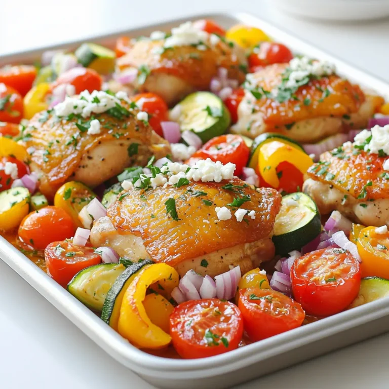 - 4 Hähnchenschenkel ohne Knochen und Haut - 2 Tassen Kirschtomaten, halbiert - 1 rote Paprika, in Streifen geschnitten - 1 gelbe Paprika, in Streifen geschnitten - 1 Zucchini, in Scheiben geschnitten - 1 rote Zwiebel, in Spalten geschnitten - 4 Knoblauchzehen, fein gehackt - 1 Esslöffel getrockneter Oregano - 1 Esslöffel frischer Zitronensaft - 1/4 Tasse Olivenöl Die Hauptzutaten sind einfach zu finden. Die Hähnchenschenkel sind zart und saftig. Kirschtomaten bringen Süße. Paprika fügt Farbe und Crunch hinzu. Zucchini macht das Gericht leicht. Rote Zwiebeln geben einen tollen Geschmack. Knoblauch ist ein Muss für Aroma. Oregano sorgt für den griechischen Touch. Zitronensaft bringt Frische und Olivenöl macht alles besser. - Salz und Pfeffer nach Geschmack - Feta-Käse, zerbröckelt (zum Servieren) - Frische Petersilie, gehackt (zum Garnieren) Salz und Pfeffer sind wichtig für den Geschmack. Feta-Käse fügt eine salzige Note hinzu. Frische Petersilie macht das Gericht schön und frisch. Diese einfachen Garnierungen machen einen großen Unterschied. Sie bringen Farbe und Geschmack auf den Tisch. 1. Heizen Sie den Ofen auf 200 °C vor. Das gibt dem Gericht eine schöne Bräunung. 2. Mischen Sie in einer großen Schüssel das Olivenöl, den Zitronensaft, den Knoblauch, Oregano, Salz und Pfeffer. Diese Marinade bringt tollen Geschmack. 1. Geben Sie die Hähnchenschenkel in die Marinade. Wenden Sie sie gut, bis sie gleichmäßig bedeckt sind. Lassen Sie das Hähnchen etwa 15 Minuten marinieren. 2. Verteilen Sie die Kirschtomaten, Paprika, Zucchini und rote Zwiebel gleichmäßig auf dem Blech. Das Gemüse sollte in einer einzigen Schicht liegen, damit es gleichmäßig gart. 1. Legen Sie die marinierten Hähnchenschenkel auf das Gemüse. Träufeln Sie die restliche Marinade über alles. 2. Backen Sie das Ganze im vorgeheizten Ofen für 25-30 Minuten. Überprüfen Sie die Innentemperatur des Hähnchens. Sie sollte 75 °C erreichen, damit es durch ist. Das Gemüse sollte zart, aber nicht matschig sein. Um die Marinade noch leckerer zu machen, passen Sie die Zutaten an. Fügen Sie mehr Zitronensaft oder frische Kräuter hinzu. Das gibt dem Hähnchen mehr Geschmack. Sie können auch etwas Honig für eine süßere Note versuchen. Die Marinierzeit ist wichtig für den Geschmack. Marinieren Sie das Hähnchen mindestens 15 Minuten. Mehr Zeit bringt mehr Geschmack. Wenn Sie Zeit haben, lassen Sie es bis zu zwei Stunden marinieren. Um sicherzustellen, dass das Hähnchen gut durchgegart ist, prüfen Sie die Innentemperatur. Die Temperatur sollte mindestens 75 °C betragen. Nutzen Sie ein Fleischthermometer für genaue Werte. Das Gemüse sollte zart, aber nicht matschig sein. Die Paprika und Zucchini sollten eine leichte Bissfestigkeit haben. Achten Sie darauf, dass die Kirschtomaten weich sind, aber noch ihre Form behalten. {{image_4}} Nach dem Kochen teile das Gericht in Portionen auf. So bleibt alles frisch. Verwende luftdichte Behälter für die Lagerung. Dies hilft, das Aroma und die Feuchtigkeit zu bewahren. Das Gericht hält sich im Kühlschrank bis zu drei Tage. Du kannst die Reste im Ofen oder in der Mikrowelle aufwärmen. Für den Ofen, heize ihn auf 180 °C vor. Lege das Gericht auf ein Blech und erwärme es etwa 15 Minuten. In der Mikrowelle, stelle die Leistung auf mittel und wärme es 2-3 Minuten. Überprüfe, ob das Hähnchen heiß ist. Es sollte eine Innentemperatur von 75 °C erreichen. Das Gericht hält sich im Kühlschrank für 3 bis 4 Tage. Achte darauf, es in einem luftdichten Behälter zu lagern. So bleibt das Hähnchen saftig und das Gemüse frisch. Überprüfe immer, ob es gut riecht oder aussieht, bevor du es isst. Wenn du Zweifel hast, wirf es lieber weg. Sicherheit geht vor! Ja, du kannst das Rezept im Voraus zubereiten. Mariniere das Hähnchen und schneide das Gemüse am Vortag. Lege alles in den Kühlschrank, um die Aromen einziehen zu lassen. Du kannst die Mischung auch bis zu 24 Stunden im Voraus machen. So sparst du Zeit am Kochabend und erhältst mehr Geschmack! Zu diesem Gericht passen viele Beilagen. Hier sind einige Vorschläge: - Reis oder Quinoa für eine sättigende Basis - Ein frischer grüner Salat für zusätzliche Frische - Pita-Brot oder Fladenbrot zum Dippen - Gegrilltes Gemüse als gesunde Ergänzung Diese Beilagen runden dein Gericht perfekt ab und sorgen für ein tolles Ess-Erlebnis! Dieses Rezept für gebackenes Hähnchen mit Gemüse kombiniert einfache Zutaten und köstliche Aromen. Wir haben die Schritte zur Zubereitung und Tipps zur Marinade betrachtet. Denk daran, dein Gemüse und die Gewürze nach deinem Geschmack anzupassen. Variiere auch die Proteine für neue Geschmackserlebnisse. Achte auf die richtige Lagerung und das Aufwärmen, um das Beste aus deinem Gericht herauszuholen. Mit diesen Tipps machst du jedes Mal ein tolles Essen. Viel Spaß beim Kochen!