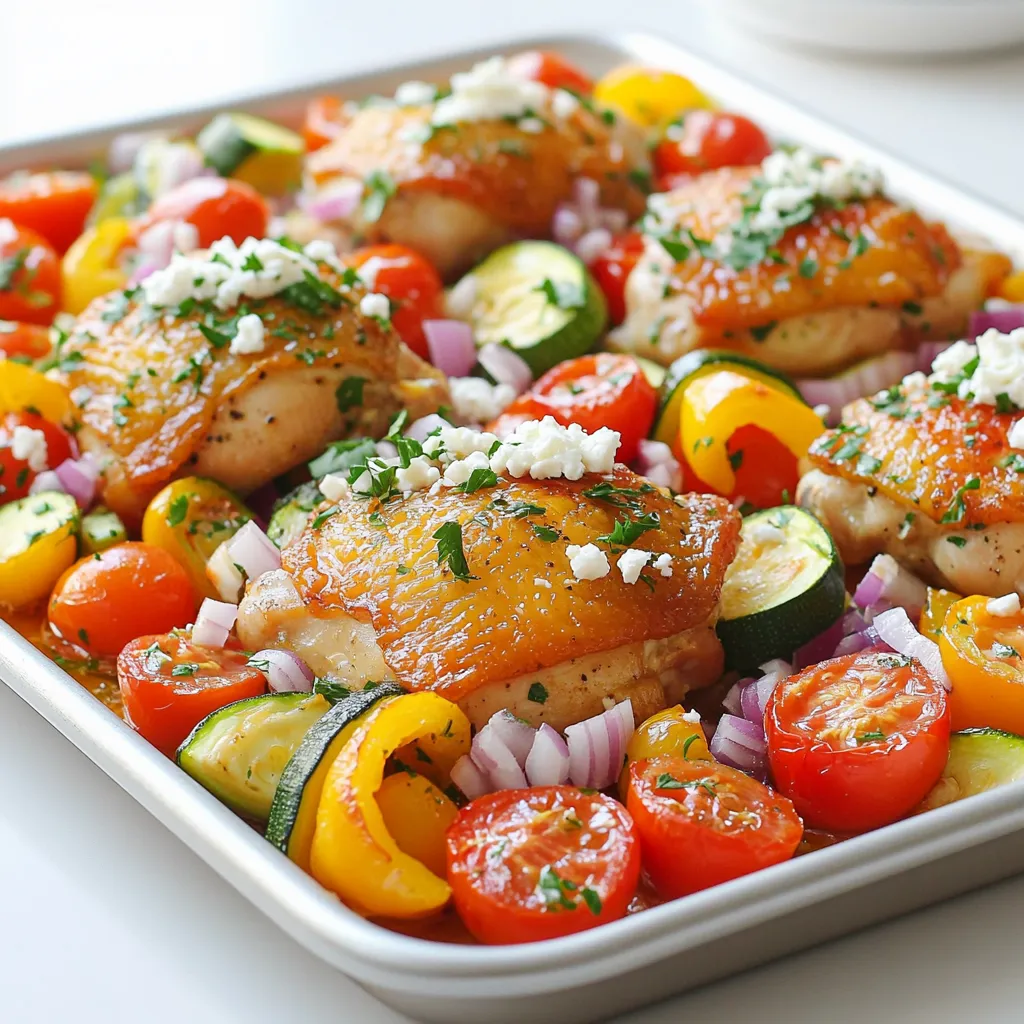 - 4 Hähnchenschenkel ohne Knochen und Haut - 2 Tassen Kirschtomaten, halbiert - 1 rote Paprika, in Streifen geschnitten - 1 gelbe Paprika, in Streifen geschnitten - 1 Zucchini, in Scheiben geschnitten - 1 rote Zwiebel, in Spalten geschnitten - 4 Knoblauchzehen, fein gehackt - 1 Esslöffel getrockneter Oregano - 1 Esslöffel frischer Zitronensaft - 1/4 Tasse Olivenöl Die Hauptzutaten sind einfach zu finden. Die Hähnchenschenkel sind zart und saftig. Kirschtomaten bringen Süße. Paprika fügt Farbe und Crunch hinzu. Zucchini macht das Gericht leicht. Rote Zwiebeln geben einen tollen Geschmack. Knoblauch ist ein Muss für Aroma. Oregano sorgt für den griechischen Touch. Zitronensaft bringt Frische und Olivenöl macht alles besser. - Salz und Pfeffer nach Geschmack - Feta-Käse, zerbröckelt (zum Servieren) - Frische Petersilie, gehackt (zum Garnieren) Salz und Pfeffer sind wichtig für den Geschmack. Feta-Käse fügt eine salzige Note hinzu. Frische Petersilie macht das Gericht schön und frisch. Diese einfachen Garnierungen machen einen großen Unterschied. Sie bringen Farbe und Geschmack auf den Tisch. 1. Heizen Sie den Ofen auf 200 °C vor. Das gibt dem Gericht eine schöne Bräunung. 2. Mischen Sie in einer großen Schüssel das Olivenöl, den Zitronensaft, den Knoblauch, Oregano, Salz und Pfeffer. Diese Marinade bringt tollen Geschmack. 1. Geben Sie die Hähnchenschenkel in die Marinade. Wenden Sie sie gut, bis sie gleichmäßig bedeckt sind. Lassen Sie das Hähnchen etwa 15 Minuten marinieren. 2. Verteilen Sie die Kirschtomaten, Paprika, Zucchini und rote Zwiebel gleichmäßig auf dem Blech. Das Gemüse sollte in einer einzigen Schicht liegen, damit es gleichmäßig gart. 1. Legen Sie die marinierten Hähnchenschenkel auf das Gemüse. Träufeln Sie die restliche Marinade über alles. 2. Backen Sie das Ganze im vorgeheizten Ofen für 25-30 Minuten. Überprüfen Sie die Innentemperatur des Hähnchens. Sie sollte 75 °C erreichen, damit es durch ist. Das Gemüse sollte zart, aber nicht matschig sein. Um die Marinade noch leckerer zu machen, passen Sie die Zutaten an. Fügen Sie mehr Zitronensaft oder frische Kräuter hinzu. Das gibt dem Hähnchen mehr Geschmack. Sie können auch etwas Honig für eine süßere Note versuchen. Die Marinierzeit ist wichtig für den Geschmack. Marinieren Sie das Hähnchen mindestens 15 Minuten. Mehr Zeit bringt mehr Geschmack. Wenn Sie Zeit haben, lassen Sie es bis zu zwei Stunden marinieren. Um sicherzustellen, dass das Hähnchen gut durchgegart ist, prüfen Sie die Innentemperatur. Die Temperatur sollte mindestens 75 °C betragen. Nutzen Sie ein Fleischthermometer für genaue Werte. Das Gemüse sollte zart, aber nicht matschig sein. Die Paprika und Zucchini sollten eine leichte Bissfestigkeit haben. Achten Sie darauf, dass die Kirschtomaten weich sind, aber noch ihre Form behalten. {{image_4}} Nach dem Kochen teile das Gericht in Portionen auf. So bleibt alles frisch. Verwende luftdichte Behälter für die Lagerung. Dies hilft, das Aroma und die Feuchtigkeit zu bewahren. Das Gericht hält sich im Kühlschrank bis zu drei Tage. Du kannst die Reste im Ofen oder in der Mikrowelle aufwärmen. Für den Ofen, heize ihn auf 180 °C vor. Lege das Gericht auf ein Blech und erwärme es etwa 15 Minuten. In der Mikrowelle, stelle die Leistung auf mittel und wärme es 2-3 Minuten. Überprüfe, ob das Hähnchen heiß ist. Es sollte eine Innentemperatur von 75 °C erreichen. Das Gericht hält sich im Kühlschrank für 3 bis 4 Tage. Achte darauf, es in einem luftdichten Behälter zu lagern. So bleibt das Hähnchen saftig und das Gemüse frisch. Überprüfe immer, ob es gut riecht oder aussieht, bevor du es isst. Wenn du Zweifel hast, wirf es lieber weg. Sicherheit geht vor! Ja, du kannst das Rezept im Voraus zubereiten. Mariniere das Hähnchen und schneide das Gemüse am Vortag. Lege alles in den Kühlschrank, um die Aromen einziehen zu lassen. Du kannst die Mischung auch bis zu 24 Stunden im Voraus machen. So sparst du Zeit am Kochabend und erhältst mehr Geschmack! Zu diesem Gericht passen viele Beilagen. Hier sind einige Vorschläge: - Reis oder Quinoa für eine sättigende Basis - Ein frischer grüner Salat für zusätzliche Frische - Pita-Brot oder Fladenbrot zum Dippen - Gegrilltes Gemüse als gesunde Ergänzung Diese Beilagen runden dein Gericht perfekt ab und sorgen für ein tolles Ess-Erlebnis! Dieses Rezept für gebackenes Hähnchen mit Gemüse kombiniert einfache Zutaten und köstliche Aromen. Wir haben die Schritte zur Zubereitung und Tipps zur Marinade betrachtet. Denk daran, dein Gemüse und die Gewürze nach deinem Geschmack anzupassen. Variiere auch die Proteine für neue Geschmackserlebnisse. Achte auf die richtige Lagerung und das Aufwärmen, um das Beste aus deinem Gericht herauszuholen. Mit diesen Tipps machst du jedes Mal ein tolles Essen. Viel Spaß beim Kochen!