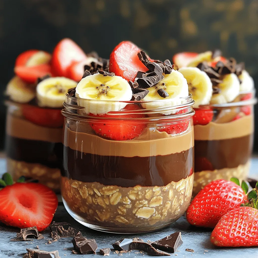 Für dein Schokoladen-Erdnussbutter-Porridge brauchst du einige Hauptzutaten. Diese Zutaten machen das Porridge lecker und nahrhaft. Hier sind die Zutaten, die du benötigst: - 1/2 Tasse Haferflocken - 1 Esslöffel Chiasamen - 1 Tasse Mandelmilch (oder andere Milch nach Wahl) - 2 Esslöffel Kakao-Pulver - 2 Esslöffel Erdnussbutter (cremig oder crunchy) - 1 Esslöffel Ahornsirup (oder Honig) - 1/2 Teelöffel Vanilleextrakt - Eine Prise Salz - Dunkle Schokoladenraspeln oder -stückchen zum Garnieren - In Scheiben geschnittene Bananen oder Erdbeeren zur Dekoration Diese Zutaten sind einfach zu finden. Sie machen dein Porridge cremig und schokoladig. Mandelmilch ist eine gute Wahl. Sie ist leicht und hat einen milden Geschmack. Du kannst aber auch andere Milchsorten verwenden. - Sojamilch ist proteinreich. Sie hilft, den Hunger zu stillen. - Kokosmilch gibt deinem Porridge einen tropischen Geschmack. Sie ist auch cremig. - Hafermilch ist süßlich und sehr gut für die Umwelt. Jede Milch hat ihren eigenen Geschmack. Probiere verschiedene Sorten aus und finde deine Lieblingsmilch. Für die Süße kannst du Ahornsirup oder Honig verwenden. Beide sind großartige Optionen. Ahornsirup gibt einen besonderen, reichen Geschmack. Honig hingegen hat eine natürliche Süße und viele gesundheitliche Vorteile. - Ahornsirup ist vegan und hat viele Mineralien. - Honig hat Antioxidantien und kann gut für die Gesundheit sein. Du kannst die Menge nach deinem Geschmack anpassen. Fange mit einem Esslöffel an und probiere es. So findest du die perfekte Süße für dein Porridge. Beginne mit einer mittelgroßen Schüssel. Mische 1/2 Tasse Haferflocken und 1 Esslöffel Chiasamen. Diese Mischung sorgt für eine tolle Textur. Chiasamen fügen Ballaststoffe und Omega-3-Fettsäuren hinzu. Es ist eine gesunde Wahl für dein Frühstück. In einer separaten Schüssel nimm 1 Tasse Mandelmilch. Füge 2 Esslöffel Kakao-Pulver, 2 Esslöffel Erdnussbutter, 1 Esslöffel Ahornsirup und 1/2 Teelöffel Vanilleextrakt hinzu. Eine Prise Salz ist wichtig für den Geschmack. Rühre alles gut um, bis die Mischung glatt ist. Gieße die Schokoladenmischung langsam in die Schüssel mit Haferflocken. Rühre gründlich um. Teile die Mischung auf zwei Gläser oder Behälter auf. Verschließe die Gläser und stelle sie über Nacht in den Kühlschrank. So nehmen die Haferflocken die Flüssigkeit auf. Vor dem Servieren rühre das Porridge gut um. Bei Bedarf füge etwas Mandelmilch hinzu. Garniere das Porridge mit dunklen Schokoladenraspeln und frischen Früchten. Um leckere Overnight Oats zu machen, gibt es einige Fehler, die du vermeiden solltest. Mische die trockenen Zutaten gut. So verteilst du die Chiasamen und Haferflocken gleichmäßig. Achte darauf, dass die Flüssigkeit vollständig eingezogen wird. Wenn die Oats zu wenig Flüssigkeit haben, werden sie trocken. Rühre die Mischung vor dem Kühlen gut um, damit sich die Aromen verbinden. Overnight Oats sind perfekt für Meal Prep. Du kannst sie bis zu fünf Tage im Kühlschrank aufbewahren. Stelle sicher, dass du sie in luftdichten Behältern lagerst. So bleiben sie frisch und lecker. Wenn du sie länger aufbewahren möchtest, kannst du sie auch einfrieren. In diesem Fall sind sie bis zu drei Monate haltbar. Die Wahl der Zutaten macht einen großen Unterschied im Geschmack. Nutze frische Erdnussbutter, ohne Zuckerzusatz. Hochwertiges Kakao-Pulver gibt dem Porridge einen tollen Schokoladengeschmack. Mandeldrink ist eine gute Wahl, da er leicht und nussig schmeckt. Verwende frische Früchte, um zusätzliche Aromen und Nährstoffe hinzuzufügen. {{image_4}} Um dein Schokoladen-Erdnussbutter-Porridge noch besser zu machen, füge Nüsse und Früchte hinzu. Walnüsse oder Mandeln bringen einen knusprigen Biss. Diese Nüsse sind auch gut für deine Gesundheit. Bananen oder Erdbeeren passen perfekt zur Schokolade. Schneide sie in Scheiben und lege sie oben drauf. So sieht dein Porridge noch schöner aus. Wenn du mehr Protein willst, kannst du pflanzliche oder tierische Quellen nutzen. Füge einen Löffel Erdnussprotein oder Sojaprotein hinzu. Diese bringen zusätzlichen Geschmack und Nährstoffe. Du kannst auch griechischen Joghurt verwenden. Das macht dein Porridge cremiger und sättigender. So startest du stark in den Tag. Experimentiere mit verschiedenen Geschmäckern. Vanilleextrakt kann die Süße verstärken. Ein Hauch von Kokosnuss gibt dem Porridge einen tropischen Twist. Du kannst auch andere Aromen ausprobieren. Zimt oder Muskatnuss bringen Wärme. Denke daran, dass die Mischung immer gut zu den anderen Zutaten passen sollte. Um deinen Schokoladen-Erdnussbutter-Porridge frisch zu halten, lagere ihn in einem luftdichten Behälter. Stelle sicher, dass der Behälter gut verschlossen ist. Kühle ihn sofort nach der Zubereitung. So bleiben die Aromen intensiv und die Konsistenz ideal. Die Overnight Oats halten sich im Kühlschrank bis zu fünf Tage. Achte darauf, dass du sie vor dem Verzehr gut umrührst. Manchmal kann die Mischung dicker werden. Füge einfach etwas Mandeldrink hinzu, um die gewünschte Konsistenz zu erreichen. Wenn du mehr Porridge zubereitest, kannst du es auch einfrieren. Portioniere die Mischung in kleinen Behältern. So bleibt der Geschmack frisch. Zum Auftauen nimm die Behälter aus dem Gefrierfach und lasse sie über Nacht im Kühlschrank auftauen. Erwärme den Porridge dann in der Mikrowelle oder auf dem Herd und genieße ihn! Die Overnight Oats sollten mindestens 4 Stunden im Kühlschrank stehen. Am besten lassen Sie sie über Nacht kühlen. So haben die Haferflocken genug Zeit, die Flüssigkeit aufzunehmen und weich zu werden. Wenn Sie sie länger lassen, wird der Geschmack noch besser. Ja, Sie können die Oats mit Wasser zubereiten. Allerdings empfehle ich Mandelmilch oder andere Milchsorten. Milch macht das Porridge cremiger und geschmackvoller. Wasser hat nicht den gleichen Geschmack, aber es funktioniert in Notfällen. Für Toppings sind dunkle Schokoladenraspeln ideal. Sie ergänzen den Schokoladengeschmack perfekt. Sie können auch in Scheiben geschnittene Bananen oder Erdbeeren verwenden. Nüsse wie Mandeln oder Walnüsse geben einen schönen Crunch. Frische Minze bringt eine besondere Note. Schokoladen-Erdnussbutter-Porridge ist einfach und lecker. Wir haben die besten Zutaten besprochen, von Haferflocken bis zu Alternativen für Milch. Die Schritt-für-Schritt-Anleitung hilft dir, perfekt zubereitete Overnight Oats zu machen. Mit Tipps und Tricks wirst du Fehler vermeiden und deine Oats optimal lagern. Vergiss nicht, die Variationen auszuprobieren, um neue Geschmäcker zu entdecken. Egal, ob du es süß magst oder nach Protein suchst, schaffe dein eigenes Porridge. Genieße die Vielseitigkeit und die gesunden Vorteile!