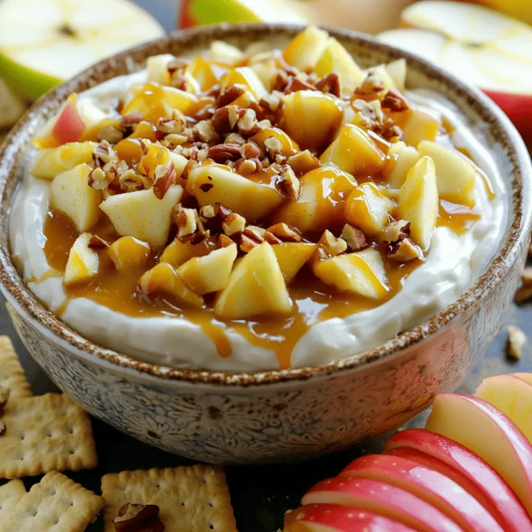 Um diesen köstlichen No-Bake Caramel Apple Cheesecake Dip zuzubereiten, brauchst du: - 225 g Frischkäse, weich - 60 g Puderzucker - 60 g brauner Zucker - 1 Teelöffel Vanilleextrakt - 240 g griechischer Joghurt - 1 großer Apfel, gewürfelt (idealerweise eine säuerliche Sorte wie Granny Smith) - 120 g Karamellsauce (aus dem Geschäft oder selbstgemacht) - 30 g gehackte Nüsse (z.B. Pekannüsse oder Walnüsse, optional) - Geschnittene Äpfel und Graham Cracker zum Dippen Die Wahl des Frischkäses ist wichtig. Weicher Frischkäse sorgt für eine cremige Textur. Achte darauf, dass er Raumtemperatur hat. So lässt er sich besser vermengen. Der griechische Joghurt bringt Frische und einen leichten Biss. Für das beste Ergebnis wähle ungesüßten Joghurt. Bei den Äpfeln empfehle ich eine säuerliche Sorte. Granny Smith sind perfekt, da sie gut mit der Süße des Karamells harmonieren. Falls du keinen Frischkäse magst, probiere Mascarpone. Er hat eine ähnliche Textur, ist aber etwas süßer. Statt braunem Zucker kannst du normalen Zucker verwenden. Möchtest du die Karamellsauce selbst machen, mische Zucker, Butter und Sahne. Für eine gesunde Option, lasse die Karamellsauce weg oder ersetze sie durch Honig. Wenn du Nüsse nicht magst, lasse sie einfach weg. Der Dip schmeckt auch ohne sie lecker! Um den Dip zu machen, beginne mit dem weichen Frischkäse. Nimm eine große Rührschüssel. Gib den Frischkäse hinein und füge den Puderzucker hinzu. Schlage die Mischung glatt und cremig. Das dauert nur ein paar Minuten. Dann kommt der braune Zucker und der Vanilleextrakt dazu. Mische alles gut, bis es gleichmäßig aussieht. Jetzt ist es Zeit für den griechischen Joghurt. Hebe ihn vorsichtig unter die Frischkäse-Mischung. So bleibt der Dip schön cremig. Füge dann die Hälfte der gewürfelten Äpfel und die Hälfte der Karamellsauce hinzu. Mische alles nur kurz, damit die Äpfel nicht zerdrückt werden. Gib den Dip in eine Servierschüssel. Mache in der Mitte eine kleine Mulde. Gieße die restliche Karamellsauce in diese Mulde. Dekoriere den Dip mit den restlichen Äpfeln und, wenn du magst, mit gehackten Nüssen. Für extra Süße kannst du noch etwas Karamellsauce oben drauf träufeln. Serviere den Dip sofort mit geschnittenen Äpfeln und Graham Crackern. Wenn du möchtest, lass ihn eine Stunde im Kühlschrank ruhen. So schmecken die Aromen noch besser. Um den Dip besonders cremig zu machen, benutze weichen Frischkäse. Achte darauf, ihn vor dem Mixen auf Raumtemperatur zu bringen. Mische ihn gründlich mit dem Puderzucker. So entsteht eine glatte Basis. Der griechische Joghurt trägt auch zur Cremigkeit bei, aber füge ihn langsam hinzu. Rühre vorsichtig, um Luftigkeit zu bewahren. Ein häufiger Fehler ist, die Zutaten zu schnell zu mischen. Das führt zu Klumpen im Dip. Vermeide es, den Dip zu lange zu stehen. So bleibt die Frische der Äpfel erhalten. Achte darauf, die Äpfel nicht zu früh hinzuzufügen. Sie sollten erst kurz vor dem Servieren gemischt werden, um ihre Knackigkeit zu bewahren. Jeder hat einen anderen Geschmack, wenn es um Süße geht. Wenn du es süßer magst, füge mehr Karamellsauce hinzu. Du kannst auch den Puderzucker erhöhen. Für weniger Süße kannst du den braunen Zucker reduzieren. Probiere den Dip vor dem Servieren aus und passe die Süße nach deinem Wunsch an. {{image_4}} Für eine vegane Version des No-Bake Caramel Apple Cheesecake Dip können wir einige einfache Anpassungen vornehmen. Statt Frischkäse benutze ich veganen Frischkäse. Dieser ist oft auf Basis von Nüssen oder Soja. Anstelle von griechischem Joghurt verwende ich Kokosjoghurt. Dieser bringt eine cremige Textur und einen tollen Geschmack. Für die süße Note nutze ich Agavensirup anstelle von Puderzucker. Diese Alternativen machen den Dip nicht nur vegan, sondern auch laktosefrei. Möchtest du deinem Dip mehr Tiefe geben? Füge Zimt oder Muskatnuss hinzu. Diese Gewürze passen perfekt zu den Äpfeln und dem Karamell. Du kannst auch ein wenig Erdnussbutter einmischen. Das gibt dem Dip einen nussigen Geschmack, der sehr lecker ist. Wenn du Schokolade magst, probiere Schokoladensauce oder Schokoladenspäne. Diese kleinen zusätzlichen Aromen machen den Dip noch aufregender. Um den Dip an die Saison anzupassen, kannst du verschiedene Früchte ausprobieren. Im Herbst passen Birnen oder feine Trauben gut dazu. Im Sommer sind frische Beeren eine tolle Wahl. Diese Früchte bringen Frische und Farbe. Du kannst sie direkt in den Dip mischen oder als Dekoration verwenden. So wird der No-Bake Caramel Apple Cheesecake Dip immer wieder anders und spannend. Du kannst den No-Bake Caramel Apple Cheesecake Dip einfach im Kühlschrank lagern. Fülle ihn in einen luftdichten Behälter. Achte darauf, dass er gut verschlossen ist. So bleibt er frisch und lecker. Der Dip schmeckt am besten, wenn er kühl serviert wird. Einfrieren ist nicht die beste Wahl für diesen Dip. Die Textur kann sich beim Auftauen ändern. Wenn du ihn aber trotzdem einfrieren möchtest, benutze einen gefrierfesten Behälter. Teile den Dip in kleine Portionen auf. So kannst du nur das auftauen, was du wirklich brauchst. Der Dip hält sich im Kühlschrank etwa 3 bis 5 Tage. Achte darauf, ihn gut abzudecken. So bleibt er frisch und geschmackvoll. Wenn du eine Veränderung im Geruch oder Aussehen bemerkst, wirf ihn lieber weg. Frische ist wichtig, um den vollen Genuss zu erleben. Ja, du kannst diesen Dip im Voraus machen. Bereite ihn einfach ein paar Stunden vorher zu. Das gibt den Aromen Zeit, sich gut zu vermischen. Stelle den Dip in den Kühlschrank, bis du ihn servierst. So bleibt er frisch und lecker. Für diesen Dip sind geschnittene Äpfel und Graham Cracker perfekt. Sie bringen eine schöne Textur und ergänzen die süße Note. Du kannst auch andere Früchte wie Birnen oder Bananen ausprobieren. Nüsse wie Pekannüsse passen ebenfalls gut. Sie geben einen tollen Crunch. Der Dip hält sich etwa drei Tage im Kühlschrank. Achte darauf, ihn in einem luftdichten Behälter zu lagern. So bleibt er frisch. Wenn der Dip zu lange steht, kann die Textur sich ändern. Rühre ihn vor dem Servieren gut durch, um die Frische wiederherzustellen. Wir haben alle wichtigen Punkte für einen tollen Dip durchgesprochen. Wir haben die Zutaten, die Schritt-für-Schritt-Anleitung und viele Tipps behandelt. Vergessen Sie nicht, die verschiedenen Variationen auszuprobieren. Ihre Gäste werden die neuen Geschmacksrichtungen lieben. Lagern Sie den Dip richtig, damit er lange frisch bleibt. Jetzt sind Sie bereit, Ihren eigenen Dip zuzubereiten. Viel Spaß beim Experimentieren und Genießen!