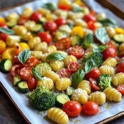 - 450 g Kartoffelgnocchi - 240 g Kirschtomaten, halbiert - 1 Zucchini, gewürfelt - 1 Paprika (nach Wahl), gehackt - 240 g Brokkoliröschen Die Hauptzutaten sind einfach und lecker. Kartoffelgnocchi sind weich und nehmen Aromen gut auf. Kirschtomaten bringen eine süße Frische. Zucchini ist knackig und gesund. Paprika fügt Farbe und Geschmack hinzu. Brokkoli bringt eine schöne Textur. - 4 Knoblauchzehen, fein gehackt - 60 ml Olivenöl - 1 Teelöffel italienische Gewürzmischung - Salz und Pfeffer nach Geschmack Die Gewürze machen das Gericht besonders. Knoblauch gibt einen starken Geschmack. Olivenöl sorgt für eine schöne Bräunung. Die italienische Gewürzmischung bringt eine tolle Mischung aus Kräutern. Salz und Pfeffer runden alles ab. - 50 g geriebener Parmesan - Frische Basilikumblätter zur Garnitur Das Topping macht das Gericht noch besser. Geriebener Parmesan schmilzt und gibt einen salzigen Geschmack. Frische Basilikumblätter sorgen für eine schöne Farbe und einen frischen Duft. Heizen Sie Ihren Ofen auf 220°C vor. Dies sorgt dafür, dass alles gleichmäßig gart. Legen Sie ein großes Backblech mit Backpapier aus. Das macht die Reinigung später einfacher. In einer großen Schüssel kombinieren Sie die Zutaten. Geben Sie 450 g Kartoffelgnocchi, 240 g halbierte Kirschtomaten, 1 gewürfelte Zucchini, 1 gehackte Paprika und 240 g Brokkoliröschen hinzu. Jetzt ist es Zeit, die Mischung zu würzen. Beträufeln Sie alles mit 60 ml Olivenöl. Fügen Sie 4 fein gehackte Knoblauchzehen, 1 Teelöffel italienische Gewürzmischung, Salz und Pfeffer nach Geschmack hinzu. Mischen Sie alles gut, bis die Gnocchi und das Gemüse gleichmäßig bedeckt sind. Verteilen Sie die Mischung gleichmäßig auf dem Backblech in einer einzigen Schicht. Dies hilft, dass alles gleichmäßig röstet. Rösten Sie die Mischung im Ofen für 20-25 Minuten. Rühren Sie nach der Hälfte der Zeit um, damit alles gleichmäßig gart. Nehmen Sie das Blech aus dem Ofen. Bestreuen Sie sofort 50 g geriebenen Parmesan über die heißen Gnocchi und das Gemüse. Stellen Sie das Backblech für weitere 3-5 Minuten zurück in den Ofen. Warten Sie, bis der Käse geschmolzen und blubbernd ist. Nehmen Sie das Blech wieder heraus und garnieren Sie das Gericht mit frischen Basilikumblättern. Wie Sie Gnocchi richtig kochen: Kochen Sie die Gnocchi in viel Salzwasser. Warten Sie, bis sie an die Oberfläche steigen. Das zeigt, dass sie fertig sind. Sie brauchen meist nur zwei bis drei Minuten. Tipps für die Auswahl der besten Gnocchi: Suchen Sie nach frischen oder gefrorenen Gnocchi aus Kartoffeln. Achten Sie auf eine weiche, aber feste Textur. Vermeiden Sie Gnocchi, die zu hart oder brüchig sind. Empfohlene saisonale Gemüsesorten: Wählen Sie frisches Gemüse wie Zucchini, Paprika und Brokkoli. Im Frühling sind Spargel und Erbsen toll. Im Herbst passen Kürbis und Rosenkohl gut dazu. Möglichkeiten zur Anpassung nach Geschmack: Fühlen Sie sich frei, andere Gemüsesorten zu nutzen. Karotten, Auberginen oder Spinat sind ebenfalls lecker. Experimentieren Sie mit verschiedenen Kombinationen für neuen Geschmack. Präsentation auf dem Tisch: Servieren Sie die Gnocchi direkt vom Backblech. Das sieht rustikal und einladend aus. Alternativ können Sie das Gericht auf einer großen Platte anrichten. Fügen Sie frische Kräuter für Farbe hinzu. Beilagenideen für ein komplettes Gericht: Genießen Sie die Gnocchi mit einem frischen Salat. Ein Knoblauchbrot passt auch gut dazu. So haben Sie ein rundum leckeres und sättigendes Essen. {{image_4}} - Kühlzeit im Kühlschrank: Lagern Sie die Reste in einem luftdichten Behälter. So bleiben sie frisch. Im Kühlschrank halten sie etwa 3 Tage. - Gefrieroptionen für langfristige Aufbewahrung: Für die Gefrieroption lassen Sie das Gericht abkühlen. Füllen Sie es dann in einen gefriergeeigneten Behälter. So bleibt es bis zu 3 Monate haltbar. - Beste Methoden zum Aufwärmen: Stellen Sie den Ofen auf 180°C. Legen Sie die Gnocchi und das Gemüse auf ein Backblech. Decken Sie es mit Alufolie ab, um ein Austrocknen zu vermeiden. Erwärmen Sie es etwa 15 Minuten. Alternativ können Sie eine Mikrowelle verwenden. Stellen Sie die Hitze auf niedrig und rühren Sie das Gericht alle paar Minuten um, bis es warm ist. Für alle Käseliebhaber gibt es viele Optionen. Probieren Sie Mozzarella für eine weichere Textur. Feta bringt eine salzige Note. Auch Gouda oder Cheddar sind toll. Sie schmelzen gut und geben viel Geschmack. Mischen Sie verschiedene Sorten für mehr Tiefe. Achten Sie darauf, den Käse gleichmäßig über die Gnocchi zu streuen. So schmilzt er perfekt und macht das Gericht noch leckerer. Wenn Sie eine vegane Option suchen, verwenden Sie vegane Gnocchi. Diese sind oft aus pflanzlichen Zutaten gemacht. Statt Käse können Sie Hefeflocken nutzen. Sie geben einen ähnlichen käsigen Geschmack. Auch vegane Käsealternativen sind eine gute Wahl. Diese schmelzen oft gut und sorgen für den richtigen Geschmack. Achten Sie darauf, dass die anderen Zutaten auch vegan sind. Möchten Sie etwas mehr Würze? Fügen Sie Chili oder scharfe Gewürze hinzu. Ein Teelöffel rote Paprika kann schon viel bringen. Sie können auch frische Chilischoten verwenden. Schneiden Sie sie klein und mischen Sie sie mit den Gnocchi. Für mehr Intensität können Sie auch scharfe Soßen verwenden. Diese geben dem Gericht einen aufregenden Kick und machen es besonders. Die gesamte Zubereitung dauert nur 30 Minuten. Die Vorbereitungszeit beträgt etwa 10 Minuten. In dieser Zeit schneiden Sie das Gemüse und vermengen alles. Das Rösten im Ofen dauert 20 bis 25 Minuten. Es ist eine schnelle und einfache Mahlzeit für jeden Abend. Ja, Sie können frische Gnocchi verwenden. Sie müssen die Kochzeit möglicherweise anpassen. Frische Gnocchi kochen schneller als die trockenen Varianten. Achten Sie darauf, sie nur kurz zu rösten, damit sie nicht zu weich werden. Frische Gnocchi bringen einen tollen Geschmack. Es gibt viele Wege, dieses Gericht gesünder zu gestalten. Hier sind einige Tipps: - Verwenden Sie weniger Olivenöl. - Fügen Sie mehr Gemüse hinzu, um die Nährstoffe zu erhöhen. - Ersetzen Sie den Parmesan durch eine leichtere Käseoption. - Sie können auch Vollkorn-Gnocchi wählen, um Ballaststoffe zu erhöhen. Diese einfachen Änderungen helfen, die Kalorien zu senken und das Gericht nährstoffreicher zu machen. In diesem Artikel habe ich die Hauptzutaten für ein einfaches Gnocchi-Gericht vorgestellt. Wir haben Kartoffelgnocchi, frisches Gemüse und Gewürze behandelt. Ich habe auch eine Schritt-für-Schritt-Anleitung zum Rösten gegeben. Tipps zu Variationen und Aufbewahrung machen das Rezept noch flexibler. Der Schlüssel zum Erfolg liegt in der Auswahl der Zutaten. Experimentieren Sie mit Gemüse und Gewürzen, um Ihr Gericht anzupassen. So bleibt es immer spannend und lecker.