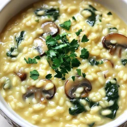 - 1 Kopf Knoblauch - 1 Tasse Arborio-Reis - 4 Tassen Gemüsebrühe Die Hauptzutaten sind einfach und frisch. Der Knoblauch gibt dem Risotto einen tollen Geschmack. Arborio-Reis sorgt für die cremige Textur. Gemüsebrühe macht das Gericht vollmundig und aromatisch. - 1 kleine Zwiebel, fein gehackt - 1 Tasse Champignons, in Scheiben geschnitten - 1 Tasse Spinat, grob gehackt - 1/2 Tasse frisch geriebener Parmesan Zusätzlich verwenden wir Zwiebel für die Basis. Champignons bringen einen erdigen Geschmack. Spinat fügt Farbe und Nährstoffe hinzu. Parmesan rundet das Gericht mit seiner Cremigkeit ab. - Salz und Pfeffer nach Geschmack - Frische Petersilie, gehackt, zum Garnieren Die Würzmittel sind einfach, aber wichtig. Salz und Pfeffer bringen alle Aromen zur Geltung. Petersilie als Garnitur sieht schön aus und gibt einen frischen Kick. Mit diesen Zutaten kannst du ein leckeres, cremiges Risotto zaubern. 1. Heize den Ofen auf 200°C (400°F) vor. 2. Nimm einen Kopf Knoblauch und schneide die Oberseite ab. 3. Beträufle ihn mit 1 Esslöffel Olivenöl. 4. Wickele den Knoblauch in Aluminiumfolie ein. 5. Röste ihn etwa 30 Minuten lang, bis er weich ist. Gerösteter Knoblauch bringt einen tollen Geschmack. Er wird süß und mild. Perfekt für unser Risotto! 1. Erhitze das restliche Olivenöl in einem großen Topf bei mittlerer Hitze. 2. Füge die fein gehackte Zwiebel hinzu und dünste sie etwa 5 Minuten. 3. Die Zwiebel sollte durchsichtig werden. 4. Gib die geschnittenen Champignons in den Topf. 5. Koche sie, bis sie weich sind, das dauert etwa 5 Minuten. 6. Jetzt kommt der Arborio-Reis dazu. 7. Rühre ihn 2–3 Minuten lang ein, bis er leicht geröstet aussieht. Diese Schritte sind wichtig, um die Basis des Risottos perfekt zu machen. 1. Füge die Gemüsebrühe nach und nach hinzu, immer eine Tasse. 2. Rühre ständig weiter. 3. Lass die Flüssigkeit zwischen den Zugaben gut einziehen. 4. Drücke den gerösteten Knoblauch aus seiner Schale. 5. Zerdrücke ihn mit einer Gabel in einer kleinen Schüssel. 6. Nach etwa 18-20 Minuten, wenn der Reis cremig ist, rühre den Knoblauch ein. 7. Füge den gehackten Spinat und den geriebenen Parmesan hinzu. 8. Schmecke alles mit Salz und Pfeffer ab. Diese Schritte machen das Risotto cremig und aromatisch. Es wird eine wahre Freude sein, es zu essen! Um al dente Reis zu erreichen, ist die richtige Kochzeit wichtig. Arborio-Reis braucht etwa 18-20 Minuten. Er sollte weich, aber noch bissfest sein. Achte darauf, die Brühe langsam hinzuzufügen. So kann der Reis die Flüssigkeit gut aufnehmen und wird cremig. Frische Kräuter machen dein Risotto noch besser. Petersilie ist eine gute Wahl. Alternativen zu Parmesan sind Nusskäse oder Hefeflocken. Diese Optionen geben auch einen tollen Geschmack, besonders für Veganer. Ein schwerer Topf ist ideal für Ein-Topf-Gerichte. Er sorgt für eine gleichmäßige Hitzeverteilung. Du brauchst auch einen Holzlöffel, um das Risotto gut zu rühren. Ein gutes Messer hilft beim Zerkleinern der Zutaten. {{image_4}} Für eine schmackhafte vegetarische Variante füge einfach mehr Gemüse hinzu. Erbsen oder Paprika bringen Farbe und Geschmack. Du kannst auch frische Kräuter wie Basilikum oder Thymian nutzen. Diese Kräuter verleihen dem Risotto einen köstlichen Duft. Möchtest du mehr Protein? Füge Hähnchenbrust oder Garnelen hinzu. Koche sie kurz mit den Zwiebeln, bevor du den Reis hinzufügst. Wenn du eine vegane Option willst, benutze Tofu. Tofu nimmt die Aromen wunderbar auf und macht das Gericht nahrhaft. Nutze frisches, saisonales Gemüse für den besten Geschmack. Im Frühling sind Spargel und Erbsen toll. Im Herbst sind Kürbis oder Pilze eine gute Wahl. Für besondere Anlässe kannst du auch Trüffel oder spezielle Käsesorten verwenden. Diese Zutaten machen dein Risotto zu einem echten Highlight. - Kühlschranklagerung: Lass das Risotto nach dem Kochen abkühlen. Fülle es in einen luftdichten Behälter. So bleibt es frisch. Im Kühlschrank hält es sich etwa 3 bis 4 Tage. - Tiefkühloptionen und -hinweise: Du kannst Risotto auch einfrieren. Verwende einen gefrierfesten Behälter. Es bleibt bis zu 3 Monate haltbar. Achte darauf, dass du es gut abdeckst, um Gefrierbrand zu vermeiden. - Richtiges Wiedererwärmen des Risottos: Um das Risotto aufzuwärmen, gib es in einen Topf. Füge einen Schuss Brühe oder Wasser hinzu. Erhitze es bei niedriger Hitze. So bleibt die cremige Konsistenz erhalten. - Tipps zur Kochen mit den Resten: Du kannst Reste kreativ nutzen. Mach Risotto-Bällchen oder fülle sie in Paprika. So verwandelst du die Reste in neue Gerichte. - Wie lange kann man das Risotto aufbewahren? Das Risotto hält sich im Kühlschrank 3 bis 4 Tage. Im Gefrierfach kannst du es bis zu 3 Monate lagern. - Anzeichen für Verderb: Achte auf einen schlechten Geruch oder Schimmel. Wenn das Risotto trocken aussieht, ist es besser, es wegzuwerfen. Sicherheit geht vor. Um das Risotto cremiger zu machen, gibt es ein paar Tricks. Füge mehr Brühe hinzu, während du rührst. Verwende auch einen Schuss Sahne oder Milch. Das macht es noch reichhaltiger. Frisch geriebener Parmesan hilft ebenfalls. Er schmilzt gut und macht das Gericht samtig. Du kannst auch einen Esslöffel Butter am Ende einrühren. Das gibt einen extra Glanz und Geschmack. Ja, du kannst auch andere Reissorten verwenden. Langkornreis ist eine Option, aber er wird nicht so cremig. Risotto-Reis wie Arborio hat einen hohen Stärkegehalt. Das macht das Gericht schön cremig. Du kannst auch Carnaroli oder Vialone Nano ausprobieren. Diese Sorten sind ebenfalls gut für Risotto. Denke daran, die Kochzeit kann sich ändern. Risotto passt gut zu vielen Beilagen. Ein frischer grüner Salat ist immer eine gute Wahl. Du kannst auch geröstetes Gemüse oder gegrilltes Hähnchen servieren. Wenn du es vegetarisch magst, sind gebratene Zucchini oder Paprika lecker. Eine Portion Antipasti mit Oliven und Käse ergänzt das Gericht gut. Risotto ist einfach und lecker. Wir haben die Hauptzutaten, wie Arborio-Reis und Gemüsebrühe, besprochen. Röstender Knoblauch bringt Geschmack. Außerdem haben wir Tipps zu Konsistenz und custom Variationen gegeben. Beachte die Lagerung und Aufwärmung, um Reste zu nutzen. Experimentiere mit neuen Zutaten für mehr Genuss. Mit diesen Infos zauberst du ein perfektes Risotto. Viel Spaß beim Kochen!
