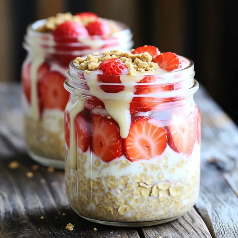 Für leckere Erdbeer-Käsekuchen Overnight Oats benötigen Sie folgende Zutaten: - 1 Tasse Haferflocken (groß) - 1 Tasse ungesüßte Mandelmilch (oder Milch nach Wahl) - 1/2 Tasse griechischer Joghurt (natur oder mit Erdbeergeschmack) - 2 Esslöffel Frischkäse, weich - 2 Esslöffel Ahornsirup (oder Honig) - 1 Teelöffel Vanilleextrakt - 1/2 Tasse frische Erdbeeren, in Scheiben geschnitten - 1 Esslöffel Chiasamen (optional) - Zerbröselte Graham-Cracker zum Bestreuen Diese Zutaten schaffen einen tollen Geschmack. Die Haferflocken geben die Basis. Die Mandelmilch macht das Ganze cremig. Der Joghurt und der Frischkäse bringen den Käsekuchen-Geschmack. Sie können die Zutaten leicht ändern. Wenn Sie keine Mandelmilch mögen, benutzen Sie normale Milch. Für eine vegane Option können Sie den Frischkäse durch veganen Frischkäse ersetzen. Statt Erdbeeren können Sie auch andere Früchte wählen, wie Himbeeren oder Blaubeeren. Ahornsirup kann durch Honig ersetzt werden, wenn Sie möchten. Erdbeer-Käsekuchen Overnight Oats sind nicht nur lecker, sondern auch gesund. Sie bieten viele Vitamine und Mineralien. Haferflocken sind reich an Ballaststoffen. Diese fördern die Verdauung. Griechischer Joghurt liefert viele Proteine und macht lange satt. Erdbeeren sind voll mit Antioxidantien. Diese stärken das Immunsystem. Chiasamen liefern gesunde Fette und zusätzliche Ballaststoffe. Diese Kombination hilft Ihnen, gut in den Tag zu starten. Sie ist perfekt für ein schnelles Frühstück oder einen Snack. Um die Basis zu machen, nimm eine große Rührschüssel. Gib die Haferflocken, Mandelmilch, griechischen Joghurt, Frischkäse, Ahornsirup und Vanilleextrakt hinein. Rühre alles gut um. Achte darauf, dass keine Klümpchen vom Frischkäse übrig bleiben. Die Mischung sollte glatt und cremig sein. Jetzt kommen die frischen Erdbeeren ins Spiel. Schneide sie in Scheiben und hebe sie vorsichtig unter die Mischung. Wenn du Chiasamen magst, füge sie ebenfalls hinzu. Diese kleinen Samen machen die Overnight Oats noch gesünder. Achte darauf, alles gleichmäßig zu verteilen. Teile die Mischung auf zwei Serviergläser oder Schalen auf. Verschließe die Gläser gut oder decke sie mit Frischhaltefolie ab. Stelle sie über Nacht in den Kühlschrank. So können die Haferflocken die Flüssigkeit aufnehmen und schön weich werden. Am nächsten Morgen rühre die Oats gut um. Wenn du möchtest, kannst du mehr Ahornsirup hinzufügen. Bestreue die Oats vor dem Servieren mit zerbröselten Graham-Crackern. Das gibt den perfekten Käsekuchen-Touch. Garnieren kannst du mit weiteren Erdbeeren. Ein häufiger Fehler ist, die Zutaten nicht gut zu vermischen. Wenn Klümpchen vom Frischkäse bleiben, schmeckt es nicht gut. Rühre die Mischung gründlich, bis sie ganz glatt ist. Achte auch darauf, die Erdbeeren vorsichtig unterzuheben. Zerdrückte Erdbeeren sind nicht schön und schmecken weniger frisch. Um die perfekte Konsistenz zu erreichen, ist das Verhältnis von Haferflocken und Flüssigkeit wichtig. Verwende eine Tasse Haferflocken und eine Tasse Mandelmilch. So werden die Oats cremig, aber nicht zu flüssig. Wenn du Chiasamen hinzufügst, beachte, dass sie Flüssigkeit aufnehmen. Das macht die Oats dicker, also passe die Milchmenge an, wenn du sie verwendest. Die Präsentation macht viel aus! Serviere die Oats in durchsichtigen Gläsern. So siehst du die schönen Schichten. Toppe die Oats mit zusätzlichen Erdbeeren und einem Klecks griechischem Joghurt. Zerbröselte Graham-Cracker geben den letzten Schliff. Sie sorgen für einen tollen Crunch und erinnern an Käsekuchen. {{image_4}} Du kannst die Erdbeeren leicht durch andere Früchte ersetzen. Heidelbeeren, Himbeeren oder Bananen sind tolle Alternativen. Diese Früchte bringen verschiedene Geschmäcker und Farben in dein Gericht. Wähle die Früchte, die dir am besten schmecken. So bleibt das Rezept frisch und spannend. Wenn du auf Milchprodukte verzichten möchtest, gibt es einfache Alternativen. Ersetze den griechischen Joghurt durch pflanzlichen Joghurt. Kokosnuss- oder Sojajoghurt funktionieren gut. Für die Milch kannst du Hafer-, Soja- oder Mandelmilch nutzen. Diese Optionen sind lecker und gesund. Die Süße kannst du auch variieren. Statt Ahornsirup kannst du Honig oder Agavendicksaft nehmen. Wenn du es weniger süß magst, kannst du auch Stevia verwenden. Probier verschiedene Süßungsmittel aus, um deinen perfekten Geschmack zu finden. So bleibt das Rezept ganz nach deinem Wunsch. Um die Erdbeer-Käsekuchen Overnight Oats frisch zu halten, wähle luftdichte Behälter. Glasbehälter sind ideal, da sie keine Chemikalien abgeben. Du kannst die Oats direkt nach der Zubereitung aufteilen. Achte darauf, die Oats gut abzudecken. So bleibt die Feuchtigkeit erhalten und die Oats ziehen schön durch. Die Overnight Oats bleiben im Kühlschrank bis zu fünf Tage frisch. Wenn du sie richtig lagerst, bleibt der Geschmack lebendig. Nach ein paar Tagen kann die Textur leicht weicher werden. Rühre die Mischung vor dem Essen gut um. So vermischst du alle Schichten wieder. Du kannst die Oats auch für mehrere Tage vorbereiten. Mache eine größere Menge und teile sie in Portionen auf. So hast du schnelle Frühstücksoptionen. Achte darauf, die Erdbeeren erst kurz vor dem Servieren hinzuzufügen. So bleiben sie frisch und knackig. Ja, du kannst die Overnight Oats ohne Chiasamen machen. Die Chiasamen geben etwas Textur und Nährstoffe, aber sie sind nicht nötig. Lass sie einfach weg, wenn du magst. Die restlichen Zutaten sorgen für einen leckeren Geschmack. Du kannst die Erdbeer-Käsekuchen Overnight Oats bis zu fünf Tage im Kühlschrank aufbewahren. Achte darauf, sie in einem luftdichten Behälter zu lagern. Je länger sie stehen, desto weicher werden die Haferflocken, aber sie bleiben lecker. Ja, du kannst jede Milch verwenden, die du magst. Mandelmilch ist eine gute Wahl, aber auch Kuhmilch, Sojamilch oder Hafermilch funktionieren gut. Wähle die Milch, die dir schmeckt, und genieße deine Overnight Oats! Erdbeer-Käsekuchen Overnight Oats sind einfach und lecker. Wir haben die Hauptzutaten, Alternativen und viele Tipps besprochen. Es ist wichtig, die richtige Konsistenz zu finden und kreative Varianten auszuprobieren. Denke daran, dass diese Oats einfach aufzubewahren sind und lange frisch bleiben. Nutze die Vorschläge, um deinen eigenen Twist hinzuzufügen. So machst du das Frühstück spannend und gesund. Jetzt liegt es an dir, diese köstlichen Oats auszuprobieren!