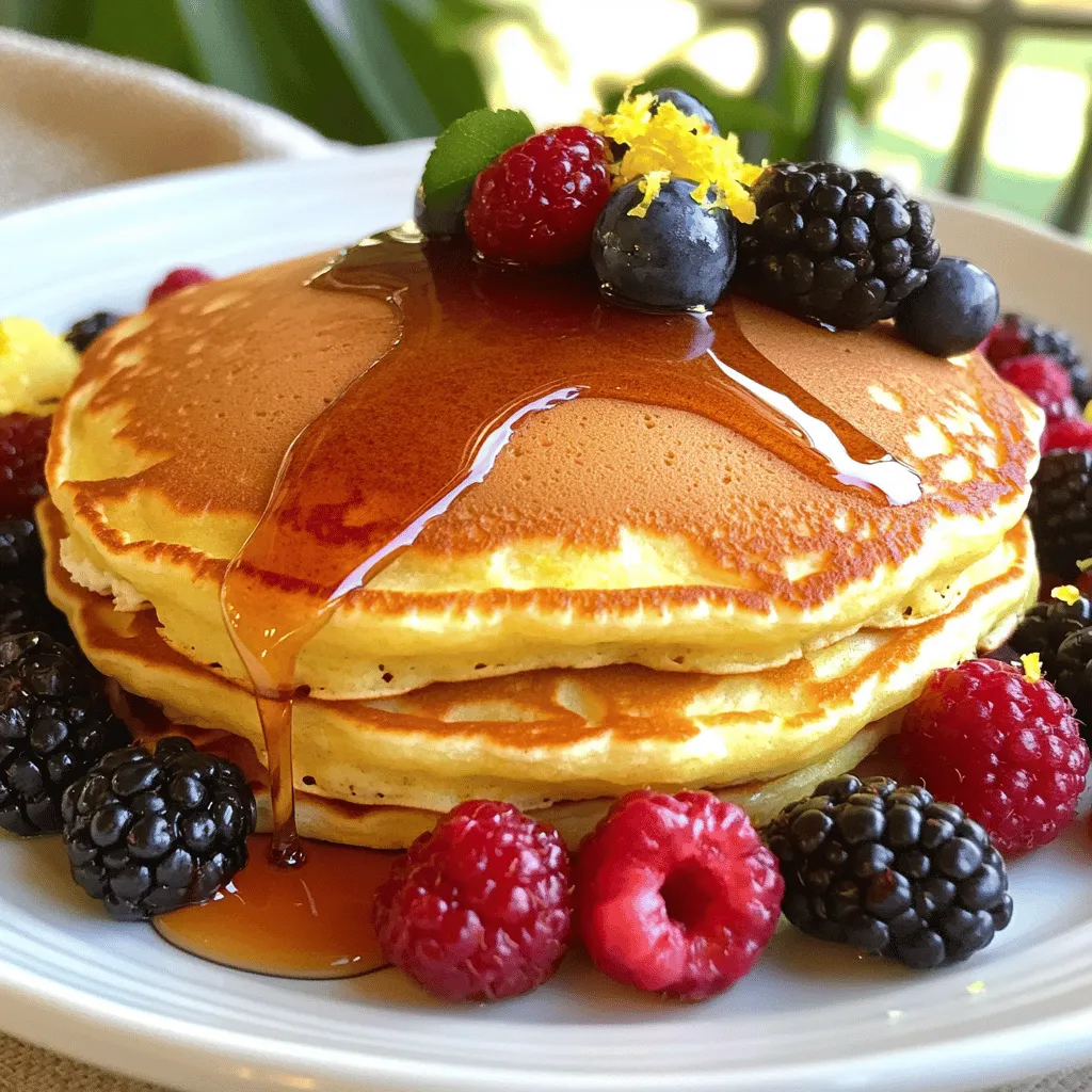 Für die perfekten Zitronen-Ricotta-Pfannkuchen brauchst du folgende Hauptzutaten: - 1 Tasse Ricotta-Käse - 1/2 Tasse Milch - 3 große Eier - Schale von 1 Zitrone (abgerieben) - 1 Esslöffel frisch gepresster Zitronensaft - 1 Tasse Weizenmehl - 2 Esslöffel Zucker - 1 Esslöffel Backpulver - 1/2 Teelöffel Salz - Butter oder Öl zum Braten Diese Zutaten sorgen für eine zarte und leckere Textur. Ricotta macht die Pfannkuchen besonders fluffig. Um deine Pfannkuchen noch besser zu machen, füge diese Garnierungen hinzu: - Ahornsirup - Frische Beeren (wie Erdbeeren oder Blaubeeren) Diese Zutaten bringen Farbe und Süße. Sie machen dein Frühstück noch köstlicher. Wenn du Abwechslung willst, probiere diese Variationen: - Füge Schokoladenstückchen hinzu für einen süßen Genuss. - Verwende Zitronenlimonade statt frischem Zitronensaft für mehr Spritzigkeit. - Ersetze Weizenmehl durch Mandelmehl für eine glutenfreie Option. Diese Anpassungen bringen neue Geschmäcker und machen die Pfannkuchen einzigartig. Um den Teig für die Pfannkuchen zu machen, beginne mit einer großen Schüssel. Mische zuerst 1 Tasse Ricotta-Käse, 1/2 Tasse Milch und 3 große Eier. Füge die abgeriebene Schale von 1 Zitrone und 1 Esslöffel frisch gepressten Zitronensaft hinzu. Rühre alles gut mit einem Schneebesen, bis die Mischung glatt ist. In einer separaten Schüssel vermische 1 Tasse Weizenmehl, 2 Esslöffel Zucker, 1 Esslöffel Backpulver und 1/2 Teelöffel Salz. Achte darauf, alles gleichmäßig zu vermischen. Füge die trockenen Zutaten langsam zur nassen Mischung hinzu. Rühre sanft, nur bis sich alles gerade vermischt. Es ist in Ordnung, wenn der Teig etwas klumpig bleibt. So bleiben die Pfannkuchen fluffig. Erhitze eine beschichtete Pfanne oder Grillplatte auf mittlerer Hitze. Fette die Pfanne leicht mit Butter oder Öl ein. Gib für jeden Pfannkuchen etwa 1/4 Tasse Teig in die Pfanne. Brate sie, bis sich Blasen auf der Oberfläche bilden und die Ränder fest aussehen. Das dauert etwa 2-3 Minuten. Drehe die Pfannkuchen vorsichtig um und brate sie für weitere 2-3 Minuten, bis sie goldbraun sind. Wiederhole diesen Schritt, bis der gesamte Teig aufgebraucht ist. Achte darauf, die Pfannkuchen nicht zu überladen, damit sie gleichmäßig garen. Serviere die Pfannkuchen warm auf einem hübschen Teller. Du kannst sie stapeln und mit Ahornsirup und frischen Beeren garnieren. Eine zusätzliche Prise Zitronenschale verleiht Farbe und ein frisches Aroma. Diese Pfannkuchen sind perfekt für ein Frühstück oder einen Brunch. Sie bringen den ganzen Geschmack des Zitrus in jeden Bissen. Wenn du die richtige Konsistenz für deine Pfannkuchen erreichen willst, achte darauf, die trockenen Zutaten sanft unter die feuchten zu heben. Das Ziel ist eine leicht klumpige Mischung. Zu viel Rühren macht den Teig zäh. Ein bisschen Klumpen ist in Ordnung. Wenn dein Teig schwer oder dick ist, kann das an zu viel Mehl liegen. Füge etwas Milch hinzu, um den Teig zu lockern. Du kannst auch einen Spritzer Zitronensaft verwenden, um die Frische zu steigern. Denke daran, sanft zu rühren. Übermischen führt zu dichten Pfannkuchen. Um deine Pfannkuchen schön zu präsentieren, stapel sie auf einem hübschen Teller. Eine Prise Zitronenschale oben drauf sorgt für ein tolles Aussehen und Aroma. Frische Beeren und ein Schuss Ahornsirup machen die Präsentation lebendig. So sieht es nicht nur lecker aus, sondern schmeckt auch frisch und einladend. {{image_4}} Ich liebe es, meine Zitronen-Ricotta-Pfannkuchen mit frischen Beeren zu servieren. Die Beeren bringen süße und saftige Noten. Du kannst Himbeeren, Erdbeeren oder Heidelbeeren verwenden. Einfach die Beeren nach dem Braten auf die Pfannkuchen legen. Ein Spritzer Ahornsirup darüber macht es perfekt. Wenn du glutenfrei essen möchtest, ist das kein Problem. Ersetze das Weizenmehl durch eine glutenfreie Mehlmischung. Achte darauf, dass sie eine gute Bindung hat. So bleiben die Pfannkuchen fluffig. Du wirst den Unterschied kaum merken! Für eine vegane Variante kannst du den Ricotta durch eine pflanzliche Alternative ersetzen. Cashew-Creme ist eine tolle Wahl. Statt Eiern nutze Leinsamen oder Chiasamen. Mische einen Esslöffel Leinsamen mit drei Esslöffeln Wasser. Lass es einige Minuten quellen. Das sorgt für die nötige Bindung. So kannst du die Pfannkuchen ganz ohne tierische Produkte genießen. Um Reste von Zitronen-Ricotta-Pfannkuchen zu lagern, lege sie in einen luftdichten Behälter. Trenne die Pfannkuchen mit Wachspapier, damit sie nicht zusammenkleben. So bleibt die Textur frisch. Lagere die Pfannkuchen im Kühlschrank. Um die Pfannkuchen wieder warm zu machen, nutze eine Pfanne bei niedriger Hitze. Erhitze sie etwa 2-3 Minuten pro Seite. Du kannst auch einen Toaster verwenden. Achte darauf, dass sie nicht austrocknen. Im Kühlschrank sind die Pfannkuchen bis zu drei Tage haltbar. Wenn du sie länger aufbewahren möchtest, friere sie ein. Eingefroren halten sie bis zu zwei Monate. Stelle sicher, dass sie gut verpackt sind, um Gefrierbrand zu vermeiden. Um den Zitrusgeschmack zu verstärken, füge mehr Zitronenschale hinzu. Du kannst auch etwas Zitronenabrieb in den Teig mischen. Ein Spritzer zusätzlicher Zitronensaft kann auch helfen. Experimentiere mit der Menge, um den perfekten Geschmack zu finden. Ja, du kannst die Pfannkuchen im Voraus zubereiten. Bereite den Teig bis zur Pfanne vor und kühle ihn dann. Du kannst auch die fertigen Pfannkuchen stapeln und im Kühlschrank aufbewahren. Erwärme sie einfach in einer Pfanne oder im Ofen, bevor du sie servierst. Zu Zitronen-Ricotta-Pfannkuchen passen viele Beilagen. Frische Beeren sind eine tolle Wahl. Du kannst auch Joghurt oder einen Hauch von Puderzucker verwenden. Ahornsirup passt hervorragend und gibt dem Gericht eine süße Note. Zitronen-Ricotta-Pfannkuchen sind lecker und vielseitig. Wir haben die besten Zutaten besprochen und Tipps gegeben, um die ideale Konsistenz zu erreichen. Auch Variationen von glutenfrei bis vegan wurden vorgestellt. Es ist einfach, die Pfannkuchen zu lagern und wieder zu erwärmen. Egal, ob mit Beeren oder als besondere Beilage, diese Pfannkuchen bringen Frische auf den Tisch. Experimentiere, finde deine Favoriten und genieße jeden Biss!