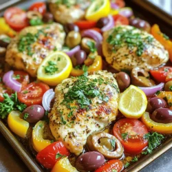 - 4 Hähnchenbrustfilets, ohne Haut und Knochen - 1 rote Paprika, in Streifen geschnitten - 1 gelbe Paprika, in Streifen geschnitten - 1 rote Zwiebel, in Spalten geschnitten - 250 g Kirschtomaten - 75 g Kalamata-Oliven Die Hauptzutaten sind einfach. Hähnchenbrustfilets sind leicht und zart. Paprika bringt Farbe und Süße. Zwiebeln fügen einen schönen Geschmack hinzu. Kirschtomaten sorgen für Frische. Kalamata-Oliven geben einen salzigen Kick. - 60 ml Olivenöl - 45 ml frisch gepresster Zitronensaft - Abrieb von 1 Zitrone - 4 Knoblauchzehen, fein gehackt - 1 Teelöffel getrockneter Oregano - 1 Teelöffel getrockneter Thymian - Salz und Pfeffer nach Geschmack Die Marinade ist der Schlüssel zum Geschmack. Olivenöl macht das Gericht reichhaltig. Zitronensaft und -abrieb bringen Frische. Knoblauch sorgt für einen tollen Duft. Oregano und Thymian fügen Würze hinzu. Salz und Pfeffer runden alles ab. - Frische Petersilie, gehackt, zur Garnitur Frische Petersilie gibt Farbe und Geschmack. Sie macht das Gericht schön und appetitlich. Ein wenig Petersilie oben drauf macht viel aus. Es ist einfach und sieht toll aus. - Mischen Sie das Olivenöl, den Zitronensaft und den Zitronenabrieb in einer Schüssel. - Fügen Sie die gehackten Knoblauchzehen, Oregano, Thymian, Salz und Pfeffer hinzu. - Verquirlen Sie alles gut, bis die Marinade glatt ist. - Lassen Sie das Hähnchen mindestens 15 Minuten in der Marinade ziehen. Für mehr Geschmack können Sie es bis zu 2 Stunden im Kühlschrank marinieren. - Schneiden Sie die Paprika in Streifen und die Zwiebel in Spalten. - Legen Sie die geschnittenen Paprika, Zwiebeln, Kirschtomaten und Kalamata-Oliven auf das Blech. - Gießen Sie die restliche Marinade über das Gemüse und mischen Sie alles gut. - Platzieren Sie die marinierten Hähnchenbrustfilets gleichmäßig zwischen dem Gemüse. - Heizen Sie den Ofen auf 200 °C vor. - Backen Sie das Gericht 25-30 Minuten, bis das Hähnchen eine Innentemperatur von 75 °C erreicht. - Nehmen Sie das Blech aus dem Ofen und lassen Sie es einige Minuten ruhen. - Garnieren Sie das Gericht vor dem Servieren mit frischer, gehackter Petersilie. - Marinierzeit variieren: Eine kurze Marinierzeit von 15 Minuten bringt frischen Geschmack. Für intensivere Aromen lasse das Hähnchen bis zu 2 Stunden marinieren. So ziehen die Aromen besser ein. - Verwendung von frischen Kräutern: Frische Kräuter machen einen großen Unterschied. Statt getrocknetem Oregano und Thymian, probiere frischen Oregano oder Thymian. Ihr Geschmack ist kräftiger und macht das Gericht lebendiger. - Richtige Innentemperatur: Achte darauf, dass das Hähnchen eine Innentemperatur von 75 °C (165 °F) erreicht. So bleibt es saftig und zart. Ein Fleischthermometer hilft dir dabei, die perfekte Temperatur zu treffen. - Ruhezeit vor dem Servieren: Lass das Hähnchen nach dem Backen etwa 5 Minuten ruhen. So verteilt sich der Saft besser und das Hähnchen bleibt saftig. - Servierideen und Beilagen: Dieses Gericht passt gut zu Reis oder einem frischen Salat. Du kannst auch Fladenbrot oder Pita reichen. So machst du das Essen noch abwechslungsreicher und schmackhafter. {{image_4}} Du kannst das Gemüse in diesem Rezept leicht ändern. Hier sind einige tolle Optionen: - Brokkoli - Zucchini - Karotten - Spargel Diese Gemüsesorten geben deinem Gericht neue Farben und Aromen. Nutze, was gerade Saison hat. Saisonale Zutaten sind oft frischer und leckerer. Das Rezept erlaubt viel Spielraum bei den Gewürzen. Probiere verschiedene Kräuter für neuen Geschmack: - Basilikum - Rosmarin - Dill Wenn du es schärfer magst, füge Chili oder Paprikapulver hinzu. Diese Gewürze bringen mehr Hitze und Tiefe in dein Gericht. Wenn du das Hähnchen ersetzen möchtest, gibt es viele Möglichkeiten. Hier sind einige: - Kichererbsen - Tofu - Lachs Diese Alternativen bieten dir gesunde Optionen. Sie passen gut zu den Aromen der Marinade und machen das Gericht vielseitiger. Lagern Sie die Reste in einem luftdichten Behälter im Kühlschrank. So bleibt Ihr Hähnchen frisch. Ich empfehle, das Hähnchen und das Gemüse getrennt aufzubewahren. Auf diese Weise bleibt die Textur des Gemüses besser erhalten. Genießen Sie die Reste innerhalb von drei Tagen. Das ist wichtig für den besten Geschmack. Um das Gericht einzufrieren, lassen Sie es zuerst abkühlen. Teilen Sie die Portionen in luftdichte Behälter oder Gefrierbeutel auf. Achten Sie darauf, so viel Luft wie möglich zu entfernen. Sie können das Gericht bis zu drei Monate einfrieren. Zum Auftauen legen Sie es einfach über Nacht in den Kühlschrank. Danach können Sie es in der Mikrowelle oder im Ofen aufwärmen. Für die beste Frische essen Sie das Hähnchen innerhalb von drei Tagen nach dem Kochen. Wenn Sie es eingefroren haben, genießen Sie es innerhalb von drei Monaten. So bleibt der Geschmack frisch und lecker. Du kannst viele Beilagen zu diesem Gericht servieren. Hier sind einige Ideen: - Reis: Einfache Beilage, die gut zu dem Hähnchen passt. - Quinoa: Vollkorn-Option mit vielen Nährstoffen. - Brot: Frisches Baguette oder Pita-Brot sind großartig zum Dippen. - Salat: Ein grüner Salat mit frischen Zutaten ergänzt das Gericht. - Kartoffeln: Gebackene oder pürierte Kartoffeln sind ebenfalls lecker. Diese Beilagen helfen, das Gericht zu ergänzen und eine komplette Mahlzeit zu schaffen. Du kannst das Rezept leicht an verschiedene Ernährungsweisen anpassen. Hier sind einige Vorschläge: - Vegetarisch: Ersetze das Hähnchen durch Tofu oder Gemüse wie Auberginen. - Glutenfrei: Alle Zutaten sind glutenfrei, also keine Änderungen nötig. - Weniger Kalorien: Verwende weniger Olivenöl oder reduziere die Menge an Oliven. - Low-Carb: Serviere das Hähnchen mit Blumenkohlreis anstelle von Reis. So kannst du das Gericht nach deinem Geschmack und Bedarf anpassen. Ja, du kannst das Hähnchen vorkochen. Hier sind einige Tipps: - Kochen: Koche das Hähnchen vorher und bewahre es im Kühlschrank auf. - Aufbewahrung: Halte das Hähnchen in einem luftdichten Behälter. - Wiedererwärmen: Du kannst das Hähnchen bei niedriger Hitze wieder erwärmen, um es saftig zu halten. Das spart Zeit und macht das Kochen einfacher, wenn du es brauchst. Das Rezept für mariniertes Hähnchen mit Gemüse und Oliven ist einfach und lecker. Wir haben die Hauptzutaten, Marinade und Zubereitungsschritte behandelt. Mit nützlichen Tipps kannst du das Aroma und die Textur deines Hähnchens verbessern. Viele Variationen stehen dir offen, um persönliche Vorlieben zu erfüllen. Denke daran, auch die Aufbewahrungshinweise zu beachten, um Frische zu garantieren. Nutze die Beilagen und Fragen, um das Gericht zu ergänzen. Probiere es aus und genieße dein köstliches Essen!