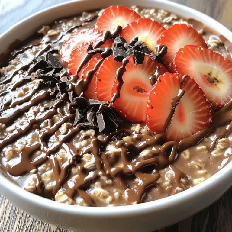 - 1 Tasse Haferflocken (gerollt) - 2 Tassen Mandelmilch (oder Milch nach Wahl) - 1 reife Banane, zerdrückt Die Hauptzutaten sind einfach und leicht zu finden. Haferflocken sind die Basis. Sie sind gesund und geben dir Energie. Mandelmilch sorgt für eine cremige Textur. Du kannst auch normale Milch nehmen, wenn du magst. Die zerdrückte Banane bringt Süße und Geschmack. Sie macht das Oatmeal besonders lecker. - 2 Esslöffel Kakaopulver - 2 Esslöffel Proteinpulver (Schokoladengeschmack oder ungesüßt) - 1 Tasse frische Erdbeeren, entstielt und in Scheiben geschnitten Die zusätzlichen Zutaten bringen den Schokoladengeschmack. Kakaopulver gibt eine schöne Tiefe und einen tollen Aroma. Proteinpulver erhöht den Nährwert. Ich empfehle Schokoladengeschmack für mehr Genuss. Die frischen Erdbeeren sind der Star des Gerichts. Sie bringen Frische und einen fruchtigen Kick. - 1 Esslöffel Ahornsirup - 1/2 Teelöffel Vanilleextrakt - Toppings (z.B. Schokoladenraspeln, Nüsse) Optionale Zutaten sind für deinen persönlichen Touch. Ahornsirup fügt extra Süße hinzu. Vanilleextrakt macht das Oatmeal aromatischer. Du kannst auch Toppings hinzufügen, um es spannend zu machen. Denk an Schokoladenraspeln oder Nüsse für den Crunch. Vermenge die Haferflocken mit der Mandelmilch in einem mittelgroßen Topf. Füge eine Prise Salz hinzu. Erhitze die Mischung bei mittlerer Hitze. Rühre gelegentlich um, bis es sanft kocht. Reduziere dann die Hitze auf niedrig. Jetzt kommt der Spaß! Rühre die zerdrückte Banane, das Kakaopulver und das Proteinpulver in die Mischung. Mische alles gut, bis du eine homogene Mischung hast. Achte darauf, dass keine Klumpen bleiben. Das ist wichtig für den Geschmack. Lass die Mischung etwa fünf Minuten köcheln. Rühre dabei hin und wieder um. Wenn die Haferflocken die gewünschte Konsistenz erreicht haben, nimm den Topf vom Herd. Rühre den Vanilleextrakt und den Ahornsirup ein, falls du ihn verwenden möchtest. Verteile die Haferflocken in Schalen. Dekoriere sie mit den geschnittenen Erdbeeren und deinen Lieblings-Toppings. Um die perfekte Konsistenz für dein Protein Chocolate Strawberry Oatmeal zu erzielen, achte auf die Kochzeit. Koche die Mischung, bis die Haferflocken weich sind. Wenn du eine cremigere Textur magst, füge am Ende etwas Mandelmilch hinzu. So wird das Oatmeal noch geschmeidiger. Der Geschmack ist wichtig! Probiere verschiedene Proteinpulver aus. Schokoladengeschmack passt am besten, aber andere Sorten sind auch lecker. Experimentiere mit verschiedenen Süßungsmitteln wie Honig oder Stevia. So findest du die ideale Mischung für deinen Gaumen. Eine schöne Präsentation macht alles besser. Verwende Schüsseln, die deine Speise hervorheben. Lege die Erdbeeren in einem Muster auf das Oatmeal. Du kannst auch Toppings wie Schokoladenraspeln oder Nüsse hinzufügen. Das sieht nicht nur gut aus, sondern macht das Frühstück auch noch spannender. {{image_4}} Wenn du etwas Neues ausprobieren möchtest, sind Quinoa oder Reisflocken gute Alternativen. Quinoa hat einen tollen Geschmack und viel Protein. Reisflocken sind leicht und einfach zu kochen. Diese Optionen sind auch glutenfrei. Du kannst sie in der gleichen Menge wie Haferflocken verwenden, um eine ähnliche Konsistenz zu erhalten. Fühle dich frei, mit Früchten zu experimentieren! Andere Beeren wie Himbeeren oder Blaubeeren passen gut. Sie bringen frische Aromen. Du kannst auch geschnittene Bananen oder Äpfel hinzufügen. Diese Früchte machen dein Oatmeal süßer und leckerer. Sie geben dir auch mehr Vitamine und Ballaststoffe. Um das Schokoladenerlebnis zu erweitern, probiere Kakaonibs. Sie sind knusprig und haben einen intensiven Schokoladengeschmack. Du kannst verschiedene Schokoladensorten verwenden, wie Zartbitter oder Milchschokolade. Jede Sorte bringt ihren eigenen Geschmack. Mische und passe an, um deine perfekte Mischung zu finden. Bewahre dein Protein Schokoladen-Erdbeer-Haferflocken im Kühlschrank auf. Nutze einen luftdichten Behälter. So bleibt es frisch und lecker. Die Kühlzeit beträgt bis zu fünf Tage. Achte darauf, dass der Behälter gut verschlossen ist. Das verhindert, dass andere Gerüche eindringen. Wenn du das Oatmeal aufwärmen möchtest, benutze die Mikrowelle. Erwärme es in einem geeigneten Gefäß. Stelle die Mikrowelle auf mittlere Hitze. Erhitze es für 1 bis 2 Minuten. Rühre es zwischendurch um, damit es gleichmäßig warm wird. Alternativ kannst du das Oatmeal auch in einem Topf auf dem Herd erwärmen. Füge etwas Mandelmilch hinzu, um die Konsistenz zu verbessern. Erhitze es bei niedriger Hitze und rühre gut um. Bereite das Oatmeal für die Woche vor. Koche eine größere Menge und teile sie in Portionen auf. Nutze kleine Behälter für schnelles Frühstück. So hast du immer eine gesunde Option bereit. Du kannst es auch mit verschiedenen Toppings variieren. Das hält das Frühstück spannend und lecker. Ja, du kannst das Rezept ganz einfach vegan machen. Ersetze die Milch durch pflanzliche Alternativen wie Mandelmilch oder Hafermilch. Wähle ein veganes Proteinpulver, das keinen Milchbestandteil hat. So bleibt dein Oatmeal lecker und tierfreundlich. Ja, dieses Rezept kann gut in eine Diät passen. Die Nährwerte sind anpassbar. Du kannst die Menge von Ahornsirup reduzieren oder ganz weglassen. Verwende ungesüßtes Proteinpulver für weniger Zucker. So bleibt das Oatmeal gesund und sättigend. Das Oatmeal hält sich im Kühlschrank etwa drei Tage. Bewahre es in einem luftdichten Behälter auf. So bleibt es frisch und lecker. Du kannst es aufwärmen, wenn du es wieder essen möchtest. In diesem Blogbeitrag haben wir die Zutaten und Schritte für ein leckeres Oatmeal-Rezept behandelt. Wir haben die Hauptzutaten wie Haferflocken und Mandelmilch sowie zusätzliche und optionale Zutaten besprochen. Die Schritt-für-Schritt-Anleitung zeigt, wie man die Mischung anfertigt und die perfekte Konsistenz erreicht. Mit Tipps zur Lagerung und Variationen können Sie Ihr Oatmeal nach Belieben anpassen. Experimentieren Sie mit verschiedenen Zutaten, um Ihr perfektes Frühstück zu schaffen. Viel Spaß beim Ausprobieren!