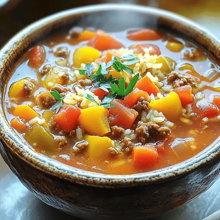 Für die Slow Cooker gefüllte Paprika Suppe brauchst du: - 4 große Paprika (in verschiedenen Farben), gewürfelt - 1 Zwiebel, fein gehackt - 3 Knoblauchzehen, minced - 450 g Hackfleisch (Rind oder Pute) - 1 Dose (425 g) gewürfelte Tomaten mit grünen Chilis - 1 Dose (425 g) Tomatensauce - 1 l Rinder- oder Gemüsebrühe - 1 Tasse ungekochter Reis (braun oder weiß) - 2 Teelöffel italienische Gewürzmischung - 1 Esslöffel Worcestersauce - Salz und Pfeffer nach Geschmack - Frische Petersilie oder Basilikum zur Garnierung Wenn du keine Paprika magst, kannst du andere Gemüse verwenden. Zucchini oder Karotten passen gut. Für eine vegetarische Version, ersetze das Hackfleisch durch Linsen oder Quinoa. Wenn du keine Tomatensauce hast, benutze mehr gewürfelte Tomaten. Du kannst auch frische Kräuter anstelle von getrockneten verwenden. Achte darauf, dass die Paprika fest und glänzend sind. Sie sollten keine Flecken oder Schrumpfungen haben. Wähle Zwiebeln, die schwer für ihre Größe sind. Frische Knoblauchzehen sollten fest und trocken sein. Für die Brühe, wähle eine hochwertige Marke oder mache sie selbst. Das verbessert den Geschmack der Suppe. Wenn du frische Kräuter kaufst, achte darauf, dass sie frisch aussehen und gut riechen. Zuerst erhitze eine große Pfanne bei mittlerer Temperatur. Füge das Hackfleisch hinzu. Brate es an, bis es durchgegart und braun ist. Das dauert etwa 5 bis 7 Minuten. Achte darauf, das Fleisch gut zu zerkleinern. Wenn es fertig ist, lasse überschüssiges Fett abtropfen. Gib das gebratene Fleisch dann in den Slow Cooker. Jetzt ist es Zeit, die anderen Zutaten hinzuzufügen. Schneide die Paprika in kleine Stücke. Hacke die Zwiebel und die Knoblauchzehen fein. Gib die gewürfelten Paprika, die Zwiebel und den Knoblauch in den Slow Cooker. Füge die gewürfelten Tomaten mit grünen Chilis und die Tomatensauce hinzu. Gieße die Brühe darüber. Nun kommt der ungekochte Reis. Rühre ihn vorsichtig unter. Füge die italienische Gewürzmischung und die Worcestersauce hinzu. Vergiss nicht, mit Salz und Pfeffer zu würzen. Decke den Slow Cooker ab. Du kannst die Suppe auf zwei Arten kochen. Auf niedriger Stufe für 6 bis 8 Stunden. Oder auf hoher Stufe für 3 bis 4 Stunden. Rühre die Suppe gelegentlich um. Wenn der Reis gar ist und die Paprika zart sind, ist deine Suppe fertig. Vor dem Servieren koste die Suppe. Passe die Gewürze nach deinem Geschmack an. Wenn du eine dickere Suppe magst, püriere einen Teil mit einem Pürierstab. Serviere die heiße Suppe mit frisch gehackter Petersilie oder Basilikum. Die Gewürze machen den Unterschied. Verwende frische Kräuter wie Petersilie oder Basilikum. Diese Kräuter bringen einen tollen Geschmack. Für mehr Tiefe kannst du auch Thymian oder Oregano hinzufügen. Ein Hauch von Paprika gibt der Suppe einen schönen Kick. Probiere auch einen Spritzer Zitronensaft für Frische. Wenn du eine dickere Suppe magst, gibt es einfache Tricks. Püriere einen Teil der Suppe mit einem Pürierstab. Das macht die Konsistenz cremiger. Du kannst auch mehr Reis oder sogar Quinoa hinzufügen. Beide Zutaten nehmen Flüssigkeit auf und machen die Suppe füllender. Eine andere Idee ist, etwas Maisstärke mit Wasser zu mischen und hinzuzufügen. Die Garnierung macht das Essen schön. Frische Kräuter wie Petersilie oder Basilikum sind ideal. Sie sorgen für Farbe und Geschmack. Du kannst auch etwas geriebenen Käse darüberstreuen. Feta oder Cheddar passen gut. Für einen besonderen Touch, füge einige Avocado-Würfel hinzu. Diese Kombination sieht toll aus und schmeckt großartig. {{image_4}} Wenn du eine vegetarische oder vegane Variante der gefüllten Paprika Suppe magst, kannst du das Hackfleisch einfach ersetzen. Verwende stattdessen 450 g braune Linsen oder eine Mischung aus Quinoa und schwarzen Bohnen. Diese Optionen bieten eine tolle Textur und sind reich an Protein. Achte darauf, auch die Brühe durch Gemüsebrühe zu ersetzen, um den vollen Geschmack zu erhalten. Um deiner Suppe mehr Tiefe zu geben, füge einige zusätzliche Zutaten hinzu. Du kannst zum Beispiel eine Tasse Mais oder schwarze Bohnen hinzufügen. Auch Karotten oder Sellerie passen gut. Diese Zutaten bringen nicht nur mehr Geschmack, sondern auch mehr Farbe in deine Suppe. Ein Spritzer Zitronensaft kurz vor dem Servieren kann die Aromen noch verstärken. Experimentiere mit verschiedenen Gewürzen, um deine Suppe anzupassen. Füge einen Teelöffel Paprika oder Kreuzkümmel hinzu, um eine rauchige Note zu erhalten. Chili-Pulver kann die Suppe schärfer machen. Verwende frische Kräuter wie Thymian oder Oregano für einen besonderen Geschmack. Denke daran, die Gewürze nach und nach hinzuzufügen, damit die Aromen gut ausbalanciert sind. Wenn du die Suppe nicht sofort isst, ist die Lagerung wichtig. Du kannst die Suppe in einem luftdichten Behälter aufbewahren. Lass die Suppe zuerst auf Raumtemperatur abkühlen. So bleibt der Geschmack frisch. Im Kühlschrank hält die Suppe etwa 3 bis 4 Tage. Vergiss nicht, sie vor dem Servieren gut umzurühren. Das Einfrieren ist eine tolle Option, um Reste zu bewahren. Lass die Suppe ganz abkühlen, bevor du sie einfrierst. Fülle die Suppe in gefriergeeignete Behälter oder Beutel. Achte darauf, etwas Platz zu lassen, da sich die Suppe beim Gefrieren ausdehnt. Gut verpackt bleibt die Suppe bis zu 3 Monate frisch. Notiere das Datum auf dem Behälter, damit du den Überblick behältst. Wenn du bereit bist, die Suppe zu genießen, gibt es einfache Wege zum Wiederaufwärmen. Du kannst die Suppe in einem Topf auf dem Herd erhitzen. Rühre die Suppe gut um und lass sie sanft köcheln. Alternativ kannst du die Suppe in der Mikrowelle aufwärmen. Stelle sie in eine mikrowellengeeignete Schüssel und decke sie ab. Erhitze sie in Intervallen von 1 bis 2 Minuten, bis sie heiß ist. Achte darauf, die Suppe zwischendurch umzurühren, damit sie gleichmäßig warm wird. Die Suppe hält sich bis zu fünf Tage im Kühlschrank. Stelle sicher, dass du sie in einem luftdichten Behälter aufbewahrst. So bleibt sie frisch und lecker. Um die beste Qualität zu erhalten, genieße sie am besten innerhalb dieser Zeit. Ja, du kannst die Suppe im Voraus zubereiten. Sie schmeckt oft besser, wenn die Aromen Zeit haben, sich zu verbinden. Koche sie einfach und lasse sie abkühlen, bevor du sie in den Kühlschrank stellst. Du kannst sie bis zu drei Tage im Voraus zubereiten. Einige gute Beilagen sind knuspriges Brot oder ein frischer Salat. Du kannst auch geriebenen Käse oder saure Sahne hinzufügen. Diese Beilagen ergänzen die Suppe und machen das Essen noch genussvoller. Diese Anleitung zeigt, wie man eine köstliche Suppe zubereitet. Wir haben die Zutaten aufgelistet, einschließlich Alternativen. Die Schritt-für-Schritt-Anleitung macht das Kochen einfach. Tipps zur Auswahl frischer Zutaten helfen dir, die beste Qualität zu wählen. Du kannst auch verschiedene Varianten ausprobieren, wie vegetarische Optionen. Denke daran, die Suppe richtig zu lagern und aufzuheben. Abschließend ist eine selbstgemachte Suppe eine tolle Wahl für jede Gelegenheit. Probier es aus und teile deine Ergebnisse!