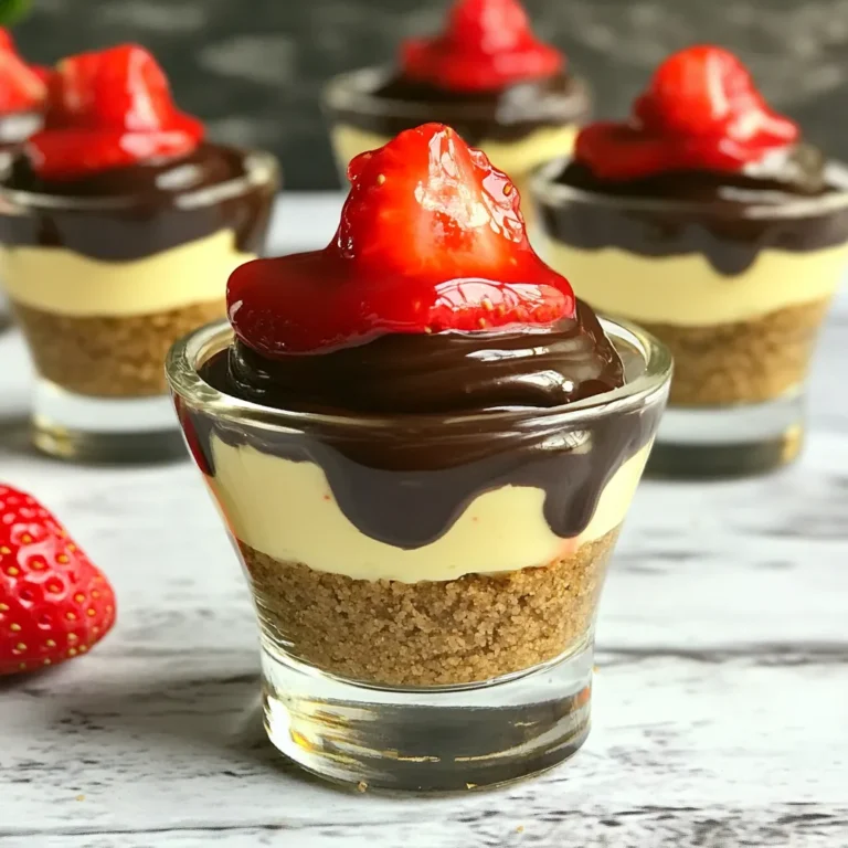 Für die leckeren No-Bake Cheesecake Cups benötigst du: - 1 Tasse Graham-Cracker-Brösel - 4 Esslöffel ungesalzene Butter, geschmolzen - 225 g Frischkäse, weich - 240 ml Schlagsahne - 60 g Puderzucker - 1 Teelöffel Vanilleextrakt - 1 Tasse frische Erdbeeren, entstielt und in Scheiben geschnitten - 85 g Zartbitterschokoladenstückchen - 1 Esslöffel Kokosöl (für die Schokoladenbeschichtung) - Zusätzliche Erdbeeren zur Dekoration Diese Zutaten sorgen für einen perfekten Geschmack und eine tolle Textur. Die Kombination von frischer Erdbeere und cremigem Käsekuchen ist einfach unwiderstehlich. Du brauchst einige Küchenwerkzeuge, um die Cheesecake Cups zu machen. Hier sind die wichtigsten: - Eine große Schüssel zum Mischen - Eine kleine Schüssel für die Schokolade - Einen Handmixer oder Schneebesen - Messbecher und Löffel - Servierbecher oder Gläser - Mikrowelle oder Topf für die Schokolade Diese Werkzeuge helfen dir, die Schritte einfach und strukturiert durchzuführen. Wenn du einige Zutaten nicht hast, gibt es tolle Alternativen: - Graham-Cracker-Brösel: Verwende zerbröselte Kekse oder Haferkekse. - Frischkäse: Ricotta oder Quark sind gute Alternativen. - Schlagsahne: Du kannst auch Kokoscreme verwenden, wenn du vegan kochen möchtest. Diese Alternativen geben dir Flexibilität und helfen, den Cheesecake nach deinem Geschmack anzupassen. Zuerst mische die Graham-Cracker-Brösel mit geschmolzener Butter. Du solltest eine Mischung haben, die wie nasser Sand aussieht. Nimm eine Schüssel für diese Aufgabe. Das gibt dem Boden den perfekten Crunch. Fülle jeden Becher mit etwa 2 Esslöffeln der Mischung. Drücke sie fest, damit sie stabil bleibt. Als Nächstes bereite die Käsekuchenfüllung vor. Nimm eine Rührschüssel und rühre den weichen Frischkäse glatt. Das sorgt für eine schöne Basis. Füge dann nach und nach den Puderzucker und Vanilleextrakt hinzu. Rühre alles gut durch, bis die Mischung cremig ist. In einer anderen Schüssel schlage die Sahne steif. Das gibt der Füllung eine luftige Textur. Hebe die Sahne vorsichtig unter die Frischkäsemasse. Achte darauf, dass alles gleichmäßig vermischt ist. Jetzt wird es spannend! Verteile die Käsekuchenfüllung gleichmäßig auf die Graham-Cracker-Böden in jedem Becher. Fülle sie etwa zu drei Vierteln. Dann lege eine Schicht der geschnittenen Erdbeeren oben drauf. Das gibt eine frische Note. Schmelze nun die Zartbitterschokolade mit Kokosöl in der Mikrowelle. Erhitze sie in 30-Sekunden-Intervallen, bis sie glatt ist. Träufle die geschmolzene Schokolade über die Erdbeeren. So wird es besonders schick. Lass die Becher dann mindestens 2 Stunden im Kühlschrank kühlen, bis sie fest sind. Garniere sie vor dem Servieren mit zusätzlichen Erdbeeren. Um die beste Käsekuchenfüllung zu machen, beginne mit weichem Frischkäse. Das macht das Rühren leicht. Du solltest den Puderzucker und den Vanilleextrakt langsam hinzufügen. So vermischt sich alles gut. Schlage die Sahne steif, bis sie feste Spitzen hat. Hebe die Sahne vorsichtig unter die Frischkäsemasse. So bleibt die Füllung luftig und leicht. Überfülle die Becher nicht. Lass Platz für Erdbeeren und Schokolade. Die Präsentation macht viel aus. Verwende klare Becher oder Gläser. So können die Schichten gut gesehen werden. Beginne mit dem Graham-Cracker-Boden. Füge dann die Käsekuchenfüllung hinzu, gefolgt von Erdbeeren. Träufle die geschmolzene Schokolade oben drauf. Garniere die Becher mit frischen Erdbeeren. Das sieht toll aus und schmeckt noch besser. Denke daran, die Becher kühl zu halten, bis du sie servierst. Ein häufiger Fehler ist, die Sahne zu lange zu schlagen. Das macht sie butterig und schwer. Ein weiterer Fehler ist, die Füllung zu warm zu lassen. Sie sollte kühl sein, bevor du sie in die Becher gibst. Achte darauf, die Schokolade nicht zu überhitzen. Sie sollte glatt sein, aber nicht brennen. Und vergiss nicht, die Becher mindestens zwei Stunden zu kühlen. So wird alles fest und lecker. {{image_4}} Du kannst verschiedene Schokoladensorten für deine Cheesecake Cups verwenden. Zartbitter ist ein Klassiker, aber probiere auch Milchschokolade oder weiße Schokolade. Jede Schokolade bringt ihren eigenen Geschmack. Möchtest du etwas mehr Vielfalt? Füge aromatisierte Schokoladenstückchen hinzu, wie z.B. Minze oder Haselnuss. Diese kleinen Änderungen machen viel aus. Erdbeeren sind super, doch du kannst auch andere Früchte nutzen. Himbeeren, Blaubeeren oder sogar Bananen passen gut. Für einen besonderen Kick füge gewürfelte Mango oder Kiwi hinzu. Du kannst die Becher auch mit Nüssen oder Keksstückchen toppen. So erhältst du einen knusprigen Kontrast zur Cremigkeit. Wenn du glutenfrei leben möchtest, gibt es viele Alternativen. Verwende glutenfreie Kekse anstelle von Graham-Crackern. Du findest viele Sorten im Supermarkt. Achte darauf, dass auch die Schokolade glutenfrei ist. So kannst du dein Dessert genießen, ohne auf den Geschmack zu verzichten. Es ist wichtig, die Cheesecake Cups richtig zu kühlen. Bewahre sie in einem luftdichten Behälter auf. So bleiben sie frisch und lecker. Du kannst die Becher auch abdecken, wenn du keinen Behälter hast. Halte sie immer im Kühlschrank. Die No-Bake Cheesecake Cups halten sich etwa 3 bis 5 Tage im Kühlschrank. Achte darauf, sie rechtzeitig zu genießen. Wenn die Becher anfangen, wässrig zu werden oder die Erdbeeren matschig sind, ist es Zeit, sie zu entsorgen. Falls du Reste hast, sei kreativ! Du kannst die Füllung in Joghurt mischen oder auf Pancakes geben. Auch als Füllung für einen Kuchen sind die Reste lecker. So verschwendest du nichts und genießt jeden Bissen. Die No-Bake Cheesecake Cups halten sich im Kühlschrank etwa 3 bis 4 Tage. Lagere sie in einem luftdichten Behälter. So bleiben sie frisch und lecker. Achte darauf, sie gut abzudecken, damit sie nicht austrocknen. Ja, du kannst die Schokolade ersetzen. Nutze weiße Schokolade oder Milchschokolade für einen anderen Geschmack. Du kannst auch einen Schokoladenaufstrich verwenden, wenn du es einfacher magst. Denk daran, dass sich der Geschmack ändert, aber die Cups bleiben köstlich. Diese Cheesecake Cups sind perfekt für besondere Anlässe. Sie sehen toll aus und schmecken himmlisch. Du kannst sie für Geburtstagsfeiern, Hochzeiten oder einfach für einen entspannten Abend machen. Sie sind einfach zuzubereiten und beeindrucken Gäste mit ihrem Aussehen und Geschmack. Die Cheesecake Cups bieten eine tolle Kombination aus Geschmack und einfacher Zubereitung. Wir haben die Hauptzutaten und Alternativen besprochen. Außerdem haben wir eine Schritt-für-Schritt-Anleitung gegeben, um perfekte Becher herzustellen. Tipps helfen, häufige Fehler zu vermeiden und die Füllung zu verfeinern. Denke auch an die Variationen für mehr Kreativität. Zum Schluss sind die Aufbewahrung und Haltbarkeit wichtig. Probiere die leckeren Cheesecake Cups aus und genieße sie. Sie sind ideal für jeden Anlass.