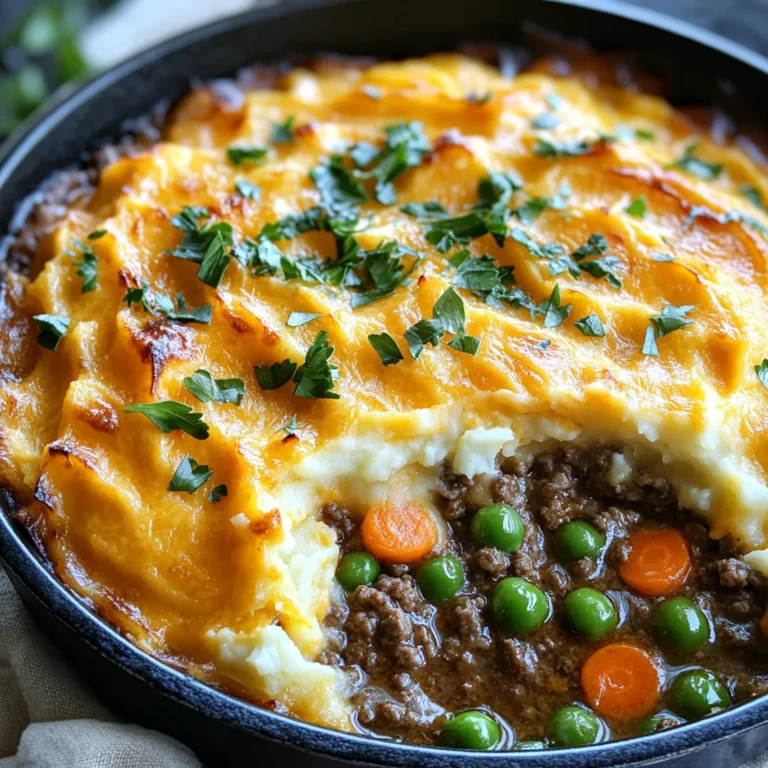 Um ein köstliches Skillet Shepherd’s Pie mit Cheddar Mash zuzubereiten, benötigen Sie folgende Zutaten: - 450 g Hackfleisch (Rind oder Lamm) - 1 Tasse Karotten, gewürfelt - 1 Tasse Erbsen (aufgetaut oder frisch) - 1 mittelgroße Zwiebel, gehackt - 2 Knoblauchzehen, fein gehackt - 1 Esslöffel Tomatenmark - 1 Esslöffel Worcestersauce - 240 ml Rinderbrühe - 1 Teelöffel getrockneter Thymian - 1 Teelöffel getrockneter Rosmarin - Salz und Pfeffer nach Geschmack - 2 Tassen pürierte Kartoffeln (zubereitet) - 120 g scharfer Cheddar, gerieben - 2 Esslöffel Olivenöl Diese Zutaten schaffen eine perfekte Mischung aus Geschmack und Textur. Das Hackfleisch bringt die herzhafte Basis, während die Karotten und Erbsen für Frische sorgen. Die Zwiebel und der Knoblauch fügen einen aromatischen Kick hinzu. Tomatenmark und Worcestersauce geben Tiefe und einen Umami-Geschmack. Die Brühe sorgt dafür, dass alles schön feucht bleibt. Die Gewürze wie Thymian und Rosmarin bringen ein schönes Aroma ins Spiel. Für das Cheddar Mash verwenden wir cremige Kartoffeln und scharfen Cheddar, um eine köstliche Kruste zu bilden. Mit dieser Liste an Zutaten sind Sie bereit, ein leckeres Gericht zu zaubern, das sowohl sättigend als auch voll von Geschmack ist. Genießen Sie das Kochen! Beginne mit einer großen, ofenfesten Pfanne. Erhitze zwei Esslöffel Olivenöl bei mittlerer Hitze. Füge dann die gehackten Zwiebeln hinzu. Brate sie für etwa 3-4 Minuten, bis sie durchsichtig sind. Gib 450 Gramm Hackfleisch in die Pfanne. Brate das Fleisch, bis es braun ist. Zerkleinere das Fleisch während des Garens. Dies dauert etwa 5-7 Minuten. Lasse überschüssiges Fett abtropfen, wenn nötig. Füge 1 Tasse gewürfelte Karotten und 1 Tasse Erbsen hinzu. Rühre alles gut um und koche es für weitere 3-4 Minuten. Das Gemüse sollte leicht weich werden. Jetzt kommt der Geschmack! Füge zwei fein gehackte Knoblauchzehen, 1 Esslöffel Tomatenmark und 1 Esslöffel Worcestersauce hinzu. Streue 1 Teelöffel getrockneten Thymian und 1 Teelöffel getrockneten Rosmarin darüber. Würze mit Salz und Pfeffer. Mische alles gut und erhitze es für weitere 2 Minuten. Gieße 240 ml Rinderbrühe in die Pfanne. Bringe die Mischung zum Köcheln. Lass es für etwa 5 Minuten köcheln, bis die Soße leicht eingedickt ist. In einer Schüssel mische 2 Tassen vorbereitete pürierte Kartoffeln mit 120 Gramm geriebenem scharfem Cheddar. Rühre, bis alles gut kombiniert ist. Löffle das Cheddar-Püree gleichmäßig über die Fleisch- und Gemüsefüllung. Achte darauf, dass es gut verteilt ist. Heize deinen Ofen auf 200 °C vor. Stelle die Pfanne in den Ofen und backe sie für etwa 20 Minuten. Die Oberseite sollte goldbraun und blubbernd sein. Nimm die Pfanne aus dem Ofen. Lass das Gericht einige Minuten abkühlen. Dann kannst du es direkt aus der Pfanne servieren. Garniere es mit frischer Petersilie oder Schnittlauch für einen schönen Farbtupfer. Um die Füllung perfekt zu machen, achte auf die Zwiebeln. Brate sie gut an, bis sie weich sind. Das gibt einen tollen Geschmack. Verwende frisches Gemüse, wenn möglich. Karotten und Erbsen machen das Gericht bunt und gesund. Achte darauf, das Hackfleisch gut zu bräunen. So wird es leckerer und hat mehr Geschmack. Ein kleiner Tipp: Lass das Fett abtropfen, damit das Gericht nicht zu fettig wird. Ein paar geheime Zutaten können viel bewirken. Würze die Füllung mit Worcestersauce. Das gibt Tiefe. Füge auch Tomatenmark hinzu. Es macht die Füllung reichhaltiger. Ein Teelöffel getrockneter Thymian und Rosmarin bringt Kräutergeschmack. Diese Kräuter passen perfekt zu Fleisch. Probiere das aus und du wirst den Unterschied schmecken! Das Cheddar-Püree ist das Herzstück des Gerichts. Verwende frische, gut pürierte Kartoffeln. Mische sie mit scharfem Cheddar. Der Käse sollte gut schmelzen. Das macht das Püree cremig und lecker. Achte darauf, das Püree gleichmäßig über die Füllung zu verteilen. So wird alles schön gebacken. Ein kleiner Trick: Mische das Püree mit etwas Milch für extra Cremigkeit. {{image_4}} Um eine vegetarische Version zu machen, tausche das Fleisch gegen Linsen oder Pilze aus. Du kannst auch Tofu verwenden. Das gibt dem Gericht eine tolle Textur und bleibt sättigend. Achte darauf, die Brühe mit Gemüsebrühe zu ersetzen. Füge mehr Gemüse wie Zucchini oder Paprika hinzu, um den Geschmack zu variieren. Statt auf Kartoffeln zu setzen, probiere Blumenkohlpüree. Es ist leicht und hat einen milden Geschmack. Du kannst auch Süßkartoffeln verwenden. Diese sind süßer und geben dem Gericht eine andere Note. Ein frischer Salat passt gut dazu und bringt etwas Frische ins Spiel. Für mehr Würze füge Chili-Flocken oder Paprika hinzu. Diese bringen eine schöne Schärfe. Du kannst auch frische Kräuter wie Petersilie oder Koriander einstreuen. Das sorgt für einen frischen Kick. Experimentiere mit verschiedenen Käsesorten im Püree, wie Gouda oder Feta. So erhältst du neue Geschmackserlebnisse. Wenn du Reste von Skillet Shepherd’s Pie hast, lagere sie in einem luftdichten Behälter. So bleiben die Aromen frisch. Im Kühlschrank bleibt das Gericht bis zu drei Tage gut. Vor dem Servieren solltest du es gut durchwärmen. Du kannst Skillet Shepherd’s Pie auch einfrieren. Teile das Gericht in Portionen und lege sie in Gefrierbehälter. Achte darauf, dass die Behälter gut verschlossen sind. So bleibt das Gericht bis zu drei Monate haltbar. Um die Reste aufzuwärmen, benutze den Ofen für beste Ergebnisse. Heize den Ofen auf 180 °C vor. Stelle das Gericht in eine Auflaufform und decke es mit Folie ab. So trocknet es nicht aus. Backe es für etwa 25 Minuten oder bis es heiß ist. Wenn du es schneller möchtest, kannst du die Mikrowelle nutzen. Stelle die Leistung auf mittel und erwärme es in kurzen Intervallen. Rühre zwischendurch um, um eine gleichmäßige Wärme zu gewährleisten. Pfannen-Schäferkuchen bleibt im Kühlschrank bis zu drei Tage frisch. Lagere ihn in einem luftdichten Behälter. Vor dem Servieren kannst du ihn leicht aufwärmen. Achte darauf, dass er richtig durchhitzt. So bleibt der Geschmack und die Textur gut. Ja, gefrorenes Gemüse ist eine gute Wahl. Es spart Zeit und ist oft frisch eingefroren. Achte darauf, das Gemüse vorher aufzutauen. So wird die Füllung gleichmäßiger. Du kannst auch gefrorene Erbsen und Karotten direkt in die Pfanne geben. Sie brauchen nur ein paar Minuten länger zum Kochen. Zu Pfannen-Schäferkuchen passen viele Beilagen gut. Hier sind einige Ideen: - Ein frischer grüner Salat - Gedünstetes Gemüse - Knuspriges Brot Diese Beilagen ergänzen das Gericht wunderbar und bringen mehr Farbe auf den Tisch. Wenn du keinen Cheddar-Käse magst, gibt es gute Alternativen. Du kannst Gouda oder Mozzarella verwenden. Diese Käsesorten schmelzen gut und haben einen milden Geschmack. Für einen würzigen Kick probiere Blauschimmelkäse. Er gibt dem Gericht eine interessante Note. Zusammengefasst haben wir die Hauptzutaten für das Pfannen-Schäferkuchen-Rezept betrachtet. Wir haben auch die Schritte durchlaufen, um dieses Gericht zuzubereiten. Tipps und Variationen helfen dir, das Rezept anzupassen. Denke daran, die Reste richtig zu lagern und aufzufrischen. Es gibt viele Möglichkeiten, dieses Gericht zu variieren. Probiere verschiedene Zutaten aus und finde deinen Lieblingsgeschmack. Pfannen-Schäferkuchen macht immer Spaß und ist einfach zuzubereiten!