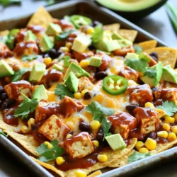 Für dieses köstliche Gericht brauchst du einige einfache Zutaten. Hier ist eine Liste: - 1 Block fester Tofu, gepresst und gewürfelt - 240 ml BBQ-Sauce - 1 Tüte Tortilla-Chips - 240 ml geriebener Cheddar-Käse (oder veganer Käse) - 240 ml schwarze Bohnen, abgetropft - 240 ml frische oder gefrorene Maiskörner - 1 Jalapeño, in Scheiben (optional) - 1 Avocado, gewürfelt - 120 ml frischer Koriander, gehackt - 60 ml Frühlingszwiebeln, in Ringe - Sauerrahm oder milchfreier Joghurt zum Garnieren Diese Zutaten machen die Nachos reichhaltig und lecker. Du kannst mit den Mengen spielen, um deinen Geschmack zu treffen. Wenn du Tofu kaufst, wähle den festen Tofu. Fester Tofu hält die Form besser. Er hat auch einen tollen Geschmack, wenn du ihn marinierst. Presse den Tofu vor der Verwendung. Dadurch entfernst du überschüssige Flüssigkeit. So nimmt er die BBQ-Sauce besser auf. Selbstgemachte BBQ-Sauce hat oft mehr Geschmack. Du kannst die Süße und Schärfe anpassen. Wenn du wenig Zeit hast, ist eine fertige Sauce auch gut. Achte darauf, dass sie keine künstlichen Zutaten hat. Lies die Zutatenliste sorgfältig durch. Eine gute BBQ-Sauce macht den Unterschied in diesem Rezept. Heize deinen Ofen auf 200°C vor. Das ist wichtig, damit die Nachos gleichmäßig garen. Nimm dann den Block Tofu. Presse ihn gut, um überschüssige Flüssigkeit zu entfernen. Dies verbessert die Textur. Würfle den Tofu in kleine Stücke. In einer Schüssel vermenge den gewürfelten Tofu mit der BBQ-Sauce. Stelle sicher, dass jeder Würfel gut bedeckt ist. Lass den Tofu für ein paar Minuten marinieren, damit er den Geschmack aufnimmt. Nimm ein großes Backblech und lege die marinierten Tofuwürfel gleichmäßig darauf. Backe sie 15 Minuten lang. Während der Tofu backt, bereite die Nachos vor. Verteile die Tortilla-Chips gleichmäßig auf dem Blech. Streue die schwarzen Bohnen und den Mais darüber. Danach gib die Hälfte des geriebenen Käses auf die Chips. Verteile dann den BBQ-Tofu gleichmäßig. Wenn du es scharf magst, füge die Jalapeño-Scheiben hinzu. Bestreue die Nachos mit dem restlichen Käse. Jetzt kommt der spannende Teil! Stelle das Blech wieder in den Ofen. Backe die Nachos für weitere 10-12 Minuten. Achte darauf, dass der Käse schön geschmolzen und sprudelnd ist. Nimm das Blech dann aus dem Ofen. Garniere die Nachos mit gewürfelter Avocado, frischem Koriander und Frühlingszwiebeln. Diese Toppings sorgen für Farbe und Geschmack. Serviere die Nachos sofort. Ein Klecks Sauerrahm macht sie noch besser! Um die besten Nachos zu machen, stelle deinen Ofen auf 200°C ein. Diese Temperatur sorgt für eine gleichmäßige Hitze. Backe die BBQ-Tofu-Mischung zuerst 15 Minuten lang. So wird der Tofu schön knusprig. Nach dem Hinzufügen der Tortilla-Chips und der anderen Zutaten, backe die Nachos für 10-12 Minuten. Halte ein Auge darauf, damit der Käse nicht anbrennt. Um den Käse perfekt zu schmelzen, verwende einen guten Cheddar. Verteile die Hälfte des Käses zuerst, bevor du die Nachos weiter schichtest. Das sorgt dafür, dass der Käse gleichmäßig schmilzt. Achte darauf, dass der Käse bis zum Rand reicht. Füge den restlichen Käse erst später hinzu. So wird er schön goldbraun und sprudelnd. Präsentation ist wichtig! Serviere die Nachos direkt vom Backblech für einen rustikalen Look. Alternativ kannst du sie auf eine große Platte legen. Garniere die Nachos mit frischem Koriander und Jalapeño-Scheiben. Das bringt Farbe und Frische. Achte darauf, dass die Avocado nicht zerdrückt wird. Ein Klecks Sauerrahm oben drauf macht das Ganze noch besser! {{image_4}} Für die vegane Variante dieser Nachos kannst du einfach veganen Käse verwenden. Es gibt viele gute Marken. Ich empfehle, den Käse gleichmäßig über die Nachos zu streuen. So schmilzt er schön. Du kannst auch etwas mehr Avocado hinzufügen. Das macht die Nachos noch cremiger und leckerer. Die Möglichkeiten für Toppings sind endlos! Hier sind einige Ideen: - Frische Salsa oder Pico de Gallo für eine frische Note - Guacamole für zusätzlichen Geschmack - Schwarze Oliven für mehr Textur - Gehackte Tomaten für mehr Frische - Jalapeños für einen scharfen Kick Du kannst auch Beilagen wie einen einfachen Salat oder Tortilla-Wraps anbieten. Das macht das Essen noch bunter und interessanter. Um die Nachos an verschiedene Geschmäcker anzupassen, kannst du die Jalapeños weglassen. Wenn du es scharf magst, füge mehr Jalapeños oder sogar Sriracha hinzu. Für eine milde Variante kannst du die BBQ-Sauce mit etwas Honig oder Zucker süßen. Das gibt eine süße Note und mildert die Schärfe. Probiere verschiedene Kombinationen aus und finde deinen Favoriten! Um die Konsistenz der Nachos zu bewahren, lagere sie getrennt. Halte die Tortilla-Chips in einer luftdichten Box. Bewahre den BBQ-Tofu und die anderen Toppings in einem anderen Behälter auf. So bleibt alles knusprig und frisch. Im Kühlschrank halten sich die Nachos zwei bis drei Tage. Für längere Lagerung kannst du den BBQ-Tofu und die Toppings einfrieren. Stelle sicher, dass alles gut verpackt ist. So bleibt es bis zu drei Monate haltbar. Die Chips solltest du nicht einfrieren, da sie weich werden. Erhitze die Nachos im Ofen bei 180°C für etwa zehn Minuten. So werden die Chips wieder knusprig. Du kannst auch die Mikrowelle nutzen, aber die Konsistenz wird nicht gleich sein. Verteile das Topping gleichmäßig, damit alles gut erhitzt wird. Du kannst BBQ Tofu Nachos bis zu 24 Stunden im Voraus zubereiten. Bereite den gewürzten Tofu und die anderen Zutaten vor. Lagere sie in einem luftdichten Behälter im Kühlschrank. Wenn du bereit bist, sie zu backen, schichte die Nachos einfach wie im Rezept beschrieben. Das sorgt für einen frischen Geschmack. Ja, du kannst die BBQ-Sauce leicht selbst machen. Eine einfache Mischung aus Tomatenmark, Honig, Apfelessig und Gewürzen ergibt einen großartigen Geschmack. Experimentiere mit deinen Lieblingsgewürzen, um die Sauce anzupassen. Selbstgemachte BBQ-Sauce gibt den Nachos einen besonderen Touch und ist oft gesünder als fertige Varianten. Zu BBQ Tofu Nachos passen viele leckere Beilagen. Hier sind einige Vorschläge: - Guacamole - Salsa - Nacho-Käse-Dip - Frischer Limettensaft - Eingelegte Jalapeños Diese Beilagen ergänzen den Geschmack und machen das Essen noch besser. Probiere verschiedene Kombinationen aus, um deinen perfekten Nacho-Teller zu erstellen! Zusammengefasst haben wir die besten Zutaten für BBQ Tofu Nachos beleuchtet. Wir haben über den perfekten Tofu und die Wahl der BBQ-Sauce gesprochen. In der Schritt-für-Schritt-Anleitung hast du gelernt, wie man die Nachos zubereitet und optimal backt. Unsere Tipps helfen, die Präsentation und den Käse zu perfektionieren. Probiere verschiedene Varianten und achte auf die Aufbewahrung. BBQ Tofu Nachos sind vielseitig und einfach. Sie bringen Freude auf jeden Tisch. Mach es und genieße jeden Biss!