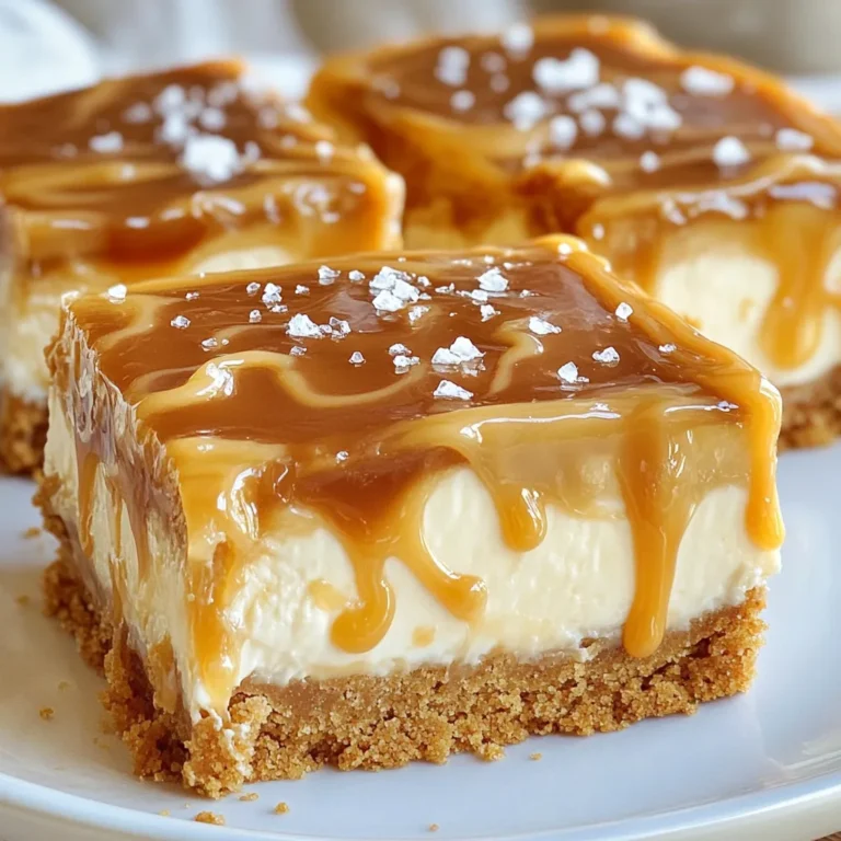 Für die No-Bake Salted Caramel Cheesecake Bars brauchen Sie folgende Zutaten: - Graham-Cracker-Brösel - Ungesalzene Butter - Frischkäse - Puderzucker - Vanilleextrakt - Schlagsahne - Gesalzene Karamellsauce - Meersalzflakes Hier sind die genauen Mengen für jedes Element: - 1 ½ Tassen Graham-Cracker-Brösel - ½ Tasse ungesalzene Butter, geschmolzen - 1 Tasse Frischkäse, weich - 1 Tasse Puderzucker - 1 Teelöffel Vanilleextrakt - 1 Tasse Schlagsahne - ½ Tasse gesalzene Karamellsauce - Meersalzflakes zum Garnieren Wenn Sie keine Graham-Cracker-Brösel haben, verwenden Sie Kekse oder Haferflocken. Statt ungesalzener Butter können Sie auch Kokosöl verwenden. Für eine leichtere Version, probieren Sie Quark anstelle von Frischkäse. Wenn Sie einen anderen Geschmack wünschen, fügen Sie Schokoladenstückchen zur Mischung hinzu. Zuerst mische ich die Graham-Cracker-Brösel mit der geschmolzenen Butter. Ich verwende eine mittelgroße Schüssel für diese Mischung. Es ist wichtig, dass die Brösel gut mit der Butter bedeckt sind. Rühre, bis die Konsistenz wie feuchter Sand aussieht. Dann drücke ich die Mischung gleichmäßig in den Boden einer 9x9 Zoll großen Backform. Das sorgt für eine feste Kruste. Ich stelle die Form für 15 Minuten in den Kühlschrank, damit die Kruste fest wird. In einer Rührschüssel schlage ich den weichen Frischkäse glatt und cremig. Ich benutze einen elektrischen Mixer, um es einfach zu machen. Nach und nach füge ich den Puderzucker und den Vanilleextrakt hinzu. Ich mixe weiter, bis alles gut vermischt ist. In einer separaten Schüssel schlage ich die Schlagsahne auf, bis sich steife Spitzen bilden. Diese hebe ich vorsichtig unter die Frischkäsemischung. Es ist wichtig, dass ich nicht zu viel rühre, um die Luftigkeit zu erhalten. Ich träufle die Hälfte der gesalzenen Karamellsauce in die Mischung und rühre vorsichtig, um einen marmorierten Effekt zu erzielen. Jetzt verteile ich die Cheesecake-Mischung gleichmäßig über die gekühlte Graham-Cracker-Kruste. Mit einem Spatel streiche ich die Oberseite glatt. Dann träufle ich die restliche Karamellsauce obenauf. Mit einem Zahnstocher wirble ich leicht durch die Mischung, um einen schönen Look zu erhalten. Die Cheesecake-Riegel müssen jetzt für mindestens 4 Stunden in den Kühlschrank. Das hilft ihnen, fest zu werden. Nach dem Kühlen schneide ich die Riegel in Stücke und bestreue sie leicht mit Meersalzflakes vor dem Servieren. Für die perfekte Konsistenz der Cheesecake-Riegel sollten Sie den Frischkäse gut schlagen. Verwenden Sie einen elektrischen Mixer, um eine cremige Masse zu erhalten. Fügen Sie den Puderzucker langsam hinzu, damit er sich gut verteilt. Die Schlagsahne muss steif geschlagen werden. Diese beiden Schritte helfen, die Füllung leicht und luftig zu machen. Mischen Sie die geschlagene Sahne vorsichtig unter, um die Luftigkeit zu bewahren. Experimentieren Sie mit verschiedenen Geschmäckern. Fügen Sie etwas geschmolzene Schokolade zur Füllung hinzu. Oder mischen Sie pürierte Früchte wie Himbeeren oder Erdbeeren in die Käsemasse. Für eine nussige Note, streuen Sie gehackte Nüsse in die Kruste. Sie können auch die Karamellsauce durch Schokoladensauce ersetzen. So erhalten Sie ein ganz neues Dessert, das ebenso lecker ist. Ein häufiger Fehler ist, den Frischkäse nicht lange genug zu schlagen. Das führt zu Klumpen in der Füllung. Achten Sie darauf, die Schlagsahne nicht zu übermixen. Wenn sie zu fest wird, lässt sie sich nicht gut unter die Käsemasse heben. Eine zu warme Kruste kann die Füllung zum Schmelzen bringen. Lassen Sie die Kruste immer gut kühlen, bevor Sie die Füllung hinzufügen. {{image_4}} Du kannst diesen Cheesecake-Riegel leicht anpassen. Probiere verschiedene Geschmacksrichtungen aus. Für einen Schokoladengeschmack füge einfach etwas Kakaopulver hinzu. Um einen Fruchtgeschmack zu erhalten, püriere Beeren wie Himbeeren oder Erdbeeren. Mische die pürierten Früchte in die Käsemasse. So erhältst du einen frischen und leckeren Cheesecake. Wenn du glutenfrei essen möchtest, verwende glutenfreie Graham-Cracker oder Kekse. Viele Marken bieten diese an. Achte darauf, dass alle anderen Zutaten ebenfalls glutenfrei sind. So kannst du die Riegel genießen, ohne dich um Gluten sorgen zu müssen. Um eine vegane Version zu machen, ersetze den Frischkäse durch einen veganen Frischkäse. Du kannst auch Kokoscreme verwenden, um die Riegel cremig zu machen. Verwende anstelle der Butter pflanzliche Margarine. Für den Puderzucker wähle eine vegane Variante oder mache ihn selbst aus Zucker und Stärke. So hast du einen leckeren, veganen Cheesecake-Riegel! Um die No-Bake Salted Caramel Cheesecake Bars gut zu lagern, benutze einen luftdichten Behälter. Lege die Riegel in eine Schicht und trenne sie mit Backpapier. So bleiben sie frisch und kleben nicht zusammen. Vermeide es, sie mit Frischhaltefolie zu umwickeln, denn das kann die Textur beeinträchtigen. Im Kühlschrank bleiben die Riegel bis zu einer Woche frisch. Stelle sicher, dass der Behälter gut verschlossen ist. Wenn du die Riegel länger aufbewahren möchtest, kannst du sie im Gefrierfach lagern. Dort halten sie bis zu drei Monate. Um sie einzufrieren, schneide die Riegel vorher in Stücke und lege sie in einen gefrierfesten Behälter. No-Bake Cheesecake Riegel sind am besten kalt. Wenn du sie gefroren hast, lasse sie im Kühlschrank auftauen. Das dauert mehrere Stunden. Serviere die Riegel mit zusätzlicher Karamellsauce und frischen Beeren. Das macht sie noch leckerer. Achte darauf, sie leicht mit Meersalz zu bestreuen, bevor du sie servierst. Du kannst die Riegel bis zu drei Tage im Voraus machen. Das gibt ihnen Zeit, gut zu kühlen. Lagere sie einfach in einem luftdichten Behälter im Kühlschrank. So bleiben sie frisch und lecker. Ja, du kannst jede Karamellsauce verwenden, die dir gefällt. Du kannst fertige Sauce nutzen oder selbst eine machen. Achte darauf, dass sie gesalzen ist, um den besten Geschmack zu erzielen. Probiere auch verschiedene Sorten aus, um deinen eigenen Twist hinzuzufügen. Wenn die Füllung nicht fest wird, gibt es ein paar Lösungen. Stelle sicher, dass du die Schlagsahne richtig steif geschlagen hast. Wenn sie immer noch weich ist, kannst du die Riegel länger kühlen. Manchmal hilft es auch, mehr Frischkäse hinzuzufügen. So wird die Füllung dicker und fester. Die Zutaten und die Schritt-für-Schritt-Anleitung helfen dir, leckere Cheesecake-Riegel zu machen. Du hast erfahren, wie man die Bodenkruste zubereitet, die Füllung liebt und schließlich die Riegel zusammenstellt. Tipps zur Konsistenz und Variationen ermöglichen dir kreative Anpassungen. Verstehe auch, wie du die Riegel richtig lagerst und aufwärmst. Mit diesem Wissen kannst du sicher leckere Riegel zaubern, die jeder mögen wird. Viel Spaß beim Ausprobieren!