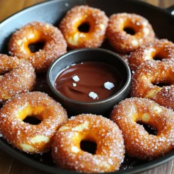 - Gekühlter Pizzateig: Dies ist die Basis für unsere Pretzel-Bissen. Er macht sie weich und lecker. - Warmes Wasser und Zucker: Das Wasser hilft dem Teig zu wachsen. Der Zucker gibt eine süße Note. - Butter und Gewürze: Geschmolzene Butter macht die Bissen reichhaltig. Zimt und Zucker sorgen für den süßen Kick. Die Kombination dieser Zutaten macht die Cinnamon Sugar Pretzel Bites so besonders. Der gekühlte Pizzateig ist einfach zu nutzen und spart Zeit. Warmes Wasser aktiviert die Hefe im Teig. Zucker fördert den Geschmack. Butter ist der Schlüssel, um die Bissen schön glänzend zu machen. Zimt und Zucker bringen den klassischen Snack-Geschmack. Grobes Meersalz verstärkt die Aromen und sorgt für einen tollen Kontrast. Diese Zutaten sind einfach zu finden und machen das Rezept leicht nachzukochen. So kannst du schnell einen tollen Snack zaubern! Zuerst vermengen wir Wasser, Zucker und Natron. Nimm eine große Schüssel und gib 240 ml warmes Wasser hinein. Füge einen Esslöffel Zucker und einen Esslöffel Natron hinzu. Rühre die Mischung gründlich um, bis sich alles gut auflöst. Das ist wichtig, damit der Teig die richtige Textur hat. Jetzt kommt der spannende Teil. Nimm den gekühlten Pizzateig und lege ihn auf eine leicht bemehlte Fläche. Rolle ihn zu einem Rechteck, das etwa 1,25 cm dick ist. Verwende einen scharfen Cutter, um kleine Quadrate von etwa 2,5 cm zu schneiden. Diese kleinen Stücke werden unsere Pretzel-Bissen. Bringe in einem großen Topf Wasser zum Kochen. Wenn das Wasser kocht, gib die Pretzel-Bissen portionsweise hinein. Gar sie für etwa 30 Sekunden. Das sorgt dafür, dass sie schön fluffig werden. Nimm die Bissen mit einem Schaumlöffel heraus und lege sie auf ein Backblech mit Backpapier. In der Zwischenzeit schmelze die Butter in einer großen Pfanne bei niedriger Hitze. Achte darauf, dass sie nicht verbrennt. Wenn die Butter geschmolzen ist, kannst du optional einen Teelöffel Vanilleextrakt hinzufügen, um den Geschmack zu verstärken. Mische in einer separaten Schüssel den Kristallzucker, den gemahlenen Zimt und eine Prise Salz. Wenn die Pretzel-Bissen aus dem Wasser kommen, wende sie sofort in der geschmolzenen Butter. Danach wälze sie in der Zimt-Zucker-Mischung, damit sie schön süß und aromatisch werden. Lege die gewälzten Pretzel-Bissen in die Pfanne mit der geschmolzenen Butter. Gare sie bei mittlerer Hitze für etwa 5 bis 7 Minuten. Wende sie gelegentlich, damit sie gleichmäßig goldbraun werden und außen leicht knusprig sind. Nimm die Bissen aus der Pfanne und bestreue sie sofort mit grobem Meersalz. Das Salz bringt den süßen Geschmack perfekt zur Geltung. Serviere sie warm in einer großen Pfanne oder einer hübschen Schüssel. Du kannst auch eine kleine Schale mit geschmolzener Schokolade oder Frischkäse-Dip dazu stellen. Um die perfekte Textur zu erreichen, ist die Wassertemperatur entscheidend. Das Wasser sollte warm, aber nicht heiß sein, etwa 43°C. Dies hilft dem Teig, gut aufzugehen. Achte darauf, die Bissen im kochenden Wasser nur 30 Sekunden zu garen. So bleiben sie weich und bekommen die richtige Konsistenz. Experimentiere mit verschiedenen Zuckersorten. Brauner Zucker gibt einen reicheren Geschmack. Du kannst auch Honig oder Kokosblütenzucker verwenden. Außerdem kannst du Aromen wie Vanille oder Muskatnuss hinzufügen. Diese kleinen Änderungen bringen große Unterschiede im Geschmack. Nützliche Küchenhelfer sind ein großer Topf und ein Schaumlöffel. Der große Topf hilft, die Bissen gleichmäßig zu garen. Ein Schaumlöffel erleichtert das Herausnehmen der Bissen. Für die Pfanne ist eine antihaftbeschichtete Variante ideal. So kleben die Bissen nicht fest und werden schön goldbraun. {{image_4}} Du kannst die Zimt-Zucker-Pretzel-Bissen ganz einfach aufpeppen. Füge ein paar Schokoladenstückchen hinzu. Diese kleinen Stücke schmelzen und machen jeden Bissen noch leckerer. Wenn du fruchtige Aromen magst, probiere es mit etwas Zitrone oder Orange. Ein Spritzer Saft kann den Geschmack wunderbar heben. Für eine herzhafte Note kannst du die Bissen füllen. Verwende geschmolzenen Käse oder würzigen Feta. Auch verschiedene Gewürze können den Bissen einen neuen Twist geben. Paprika oder Knoblauchpulver machen sie spannend und lecker. Wenn du glutenfrei essen möchtest, gibt es tolle Optionen. Nutze glutenfreien Pizzateig. Du kannst auch alternative Mehle verwenden, wie Mandel- oder Kokosmehl. Damit bleibt der Spaß beim Kochen erhalten und du kannst die Bissen genießen, ohne auf den Geschmack zu verzichten. - Aufbewahrung im Kühlschrank Wenn Sie Reste haben, legen Sie die Bissen in einen luftdichten Behälter. So bleiben sie frisch. Im Kühlschrank halten sie sich etwa 3 Tage. Achten Sie darauf, die Bissen nicht zu stapeln. So bleiben sie knusprig. - Aufbewahrung bei Raumtemperatur Sie können die Bissen auch bei Raumtemperatur lagern. Legen Sie sie auf einen Teller und decken Sie sie mit einem sauberen Tuch ab. So bleiben sie für etwa 1 Tag gut. Nach einem Tag können sie weich werden. - Bissen im Ofen aufwärmen Um die Bissen wieder knusprig zu machen, heizen Sie den Ofen auf 180°C vor. Legen Sie die Bissen auf ein Backblech und backen Sie sie für 5 bis 7 Minuten. So bleiben sie lecker. - Mikrofon oder Pfanne verwenden Eine andere Methode ist die Nutzung einer Pfanne. Erwärmen Sie die Bissen bei mittlerer Hitze. Wenden Sie sie oft, damit sie gleichmäßig warm werden. Dies dauert etwa 3 bis 5 Minuten. - Haltbarkeit im Kühlschrank Die Bissen bleiben im Kühlschrank etwa 3 Tage frisch. Nach dieser Zeit verlieren sie an Geschmack und Textur. Es ist besser, sie früher zu essen. - Hinweise zur Gefrierung Wenn Sie die Bissen länger aufbewahren möchten, können Sie sie einfrieren. Wickeln Sie sie gut in Frischhaltefolie und legen Sie sie in einen Gefrierbeutel. So bleiben sie bis zu 2 Monate frisch. Zum Auftauen lassen Sie sie einfach über Nacht im Kühlschrank. Die Zubereitung dieser leckeren Bissen dauert insgesamt 35 Minuten. Du brauchst etwa 15 Minuten für die Vorbereitung. Das Kochen und Braten der Bissen nimmt die restlichen 20 Minuten in Anspruch. So hast du schnell einen tollen Snack. Ja, du kannst den Pizzateig selbst machen. Ein einfaches Rezept besteht aus Mehl, Wasser, Hefe und Salz. Mische 2 Tassen Mehl mit 1 Tasse warmem Wasser, einem Päckchen Trockenhefe und einer Prise Salz. Lasse den Teig 30 Minuten ruhen, bis er aufgeht. Beliebte Dips sind geschmolzene Schokolade, Frischkäse-Dip oder Karamellsauce. Diese Dips passen gut zu den süßen Bissen. Du kannst auch einen einfachen Joghurt-Dip mit Honig und Zimt zubereiten. Um die Konsistenz der Bissen zu verbessern, achte darauf, dass der Teig gleichmäßig dick ist. Koche die Bissen nur 30 Sekunden lang im Wasser. So bleiben sie weich innen und knusprig außen. Ja, die Pretzel-Bissen sind wieder aufwärmbar. Du kannst sie im Ofen bei 180 Grad Celsius für 5-10 Minuten aufwärmen. Alternativ kannst du sie in einer Pfanne bei mittlerer Hitze kurz anbraten. So bleiben sie lecker und frisch. Diese Anleitung bietet alles, was du für die perfekten Zimt-Zucker-Pretzel-Bissen brauchst. Du hast gelernt, welche Zutaten wichtig sind und wie du sie Schritt für Schritt zubereitest. Die Tipps helfen dir, die Textur und den Geschmack zu verbessern. Denke an Variationen, um deine Bissen spannend zu gestalten. Richtiges Lagern sorgt dafür, dass sie frisch bleiben. Mit diesen Anleitungen und Ideen wirst du sicher jeden beeindrucken. Probiere es aus und genieße jeden Bissen!