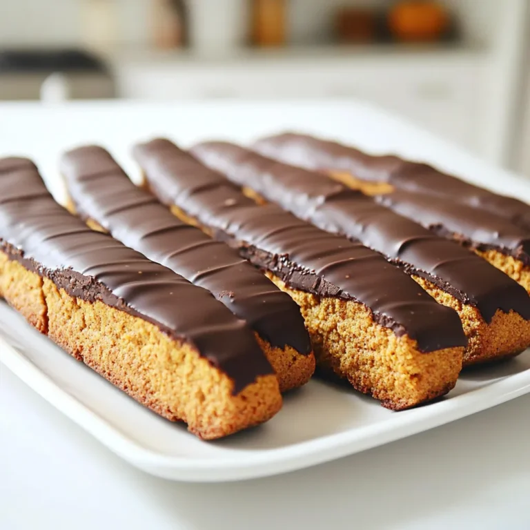 Für die perfekten schokoladendippten Kürbisgewürz-Biscotti benötigst du: - 2 Tassen Allzweckmehl - 1 Teelöffel Backpulver - 1 Teelöffel gemahlener Zimt - 1/2 Teelöffel gemahlener Ingwer - 1/4 Teelöffel gemahlene Muskatnuss - 1/4 Teelöffel gemahlene Nelken - 1/2 Teelöffel Salz - 1/2 Tasse ungesalzene Butter, weich - 3/4 Tasse Kristallzucker - 2 große Eier - 1/2 Tasse Kürbispüree aus der Dose - 1 Teelöffel Vanilleextrakt - 1/2 Tasse gehackte Pekannüsse oder Walnüsse (optional) - 170 Gramm Zartbitterschokolade, grob gehackt Manchmal fehlen uns Zutaten. Hier sind einige gute Alternativen: - Statt Allzweckmehl kannst du Mandelmehl verwenden. - Verwende Backpulver und Natron als Ersatz. - Für den Zimt kannst du Muskatnuss nehmen. - Statt Butter kannst du Kokosöl nutzen. - Kürbispüree kannst du auch durch Apfelmus ersetzen. Die Qualität der Zutaten macht einen großen Unterschied. Hier sind einige Tipps: - Wähle frische Gewürze. Sie haben mehr Geschmack. - Achte darauf, dass die Butter weich ist. So vermischt sie sich besser. - Verwende reines Vanilleextrakt. Es ist aromatischer als künstlicher Extrakt. - Kaufe gute Schokolade. Der Geschmack wird intensiver. - Wenn du Nüsse hinzufügst, röstet sie vorher. Das bringt mehr Aroma. Heize deinen Ofen auf 175°C vor. Lege ein Backblech mit Backpapier aus. Das Backpapier hilft, die Biscotti nicht festzukleben. So bleibt alles sauber und einfach. Nimm eine mittelgroße Schüssel. Mische das Mehl, Backpulver, die Gewürze und das Salz gut. Das sorgt für einen tollen Geschmack. In einer großen Schüssel schlägst du die weiche Butter mit dem Kristallzucker. Mach das etwa 3-4 Minuten lang. Die Mischung sollte hell und luftig sein. Dann füge die Eier, das Kürbispüree und den Vanilleextrakt hinzu. Mische alles gut, bis es gleichmäßig ist. Gib die trockenen Zutaten nach und nach dazu. Rühre nur so lange, bis alles vermischt ist. Wenn du magst, kannst du auch die Nüsse hinzufügen. Teile den Teig in zwei Hälften. Forme jeden Teil auf dem Backblech zu einem etwa 30 cm langen Log. Die Logs sollten leicht flach sein. Backe sie für 25-30 Minuten. Sie sollen leicht gebräunt und fest sein. Lass sie 15 Minuten abkühlen. Schneide die Logs schräg in 1,5 cm dicke Stücke. Lege die Stücke mit der Schnittseite nach unten zurück auf das Blech. Backe sie für weitere 10-15 Minuten. Wende die Stücke nach der Hälfte der Zeit. So werden sie knusprig. Schmelze die Zartbitterschokolade und tauche die Enden der Biscotti hinein. Lass die überschüssige Schokolade abtropfen und lege sie auf Backpapier. Warte, bis die Schokolade fest ist, bevor du die Biscotti servierst. Um perfekte Biscotti zu machen, konzentrieren Sie sich auf die Konsistenz des Teigs. Der Teig sollte leicht klebrig sein, aber nicht zu nass. Wenn er zu trocken ist, fügen Sie etwas mehr Kürbispüree hinzu. Achten Sie darauf, die Zutaten nicht zu übermixen. Rühren Sie nur so lange, bis alles gut vermischt ist. Diese Technik hilft, die Biscotti knusprig und lecker zu machen. Ein häufiger Fehler ist, die Biscotti zu dick zu formen. Halten Sie die Logs etwa 30 cm lang und nicht zu dick. Wenn sie zu dick sind, backen sie nicht gleichmäßig. Ein weiterer Fehler ist, die Biscotti nach dem ersten Backen nicht lange genug zu backen. Sie sollten fest und knusprig sein. Überprüfen Sie sie regelmäßig, um sicherzustellen, dass sie die richtige Konsistenz erreichen. Biscotti schmecken am besten, wenn sie frisch sind. Lassen Sie die Schokolade gut aushärten, bevor Sie sie servieren. Die Aromen verbinden sich nach ein paar Stunden noch besser. Servieren Sie sie bei einer gemütlichen Teestunde oder als Snack. Sie sind auch perfekt für die Feiertage. Arrangieren Sie die Biscotti auf einer schönen Platte, um sie ansprechend zu präsentieren. {{image_4}} Um Ihren Biscotti einen neuen Geschmack zu geben, können Sie die Gewürze ändern. Zum Beispiel, wenn Sie keinen Zimt mögen, versuchen Sie Muskatnuss oder Kardamom. Diese Gewürze bringen eine interessante Note in den Teig. Sie können auch andere Kombinationen ausprobieren. Ein Hauch von Anis oder Fenchel kann den Biscotti ein neues Aroma verleihen. Möchten Sie etwas mehr Textur? Fügen Sie Schokoladenstückchen oder Trockenfrüchte hinzu. Ich empfehle, ein halbes Tasse gehackte Schokolade oder Cranberries in den Teig zu mischen. Das macht den Biscotti noch schmackhafter. Nüsse wie Mandeln oder Pistazien passen auch gut in diese Rezeptur. Sie sorgen für einen tollen Crunch und zusätzlichen Geschmack. Brauchen Sie eine glutenfreie Option? Nutzen Sie einfach eine glutenfreie Mehlmischung. Diese Mehle sind oft eine 1:1-Ersatz für Allzweckmehl. Achten Sie darauf, dass das Backpulver ebenfalls glutenfrei ist. So können Sie alle den Genuss der Biscotti erleben, ohne Gluten zu verwenden. Um die Schokoladendippte Kürbisgewürz-Biscotti frisch zu halten, bewahre sie in einem luftdichten Behälter auf. Stelle sicher, dass der Behälter sauber und trocken ist. Lege ein Stück Backpapier zwischen die Biscotti, um ein Verkleben zu verhindern. So bleibt die Knusprigkeit erhalten. Die Biscotti bleiben bis zu zwei Wochen frisch, wenn du sie richtig lagerst. Vermeide es, sie in den Kühlschrank zu legen, da dies die Textur beeinträchtigen kann. Halte den Behälter an einem kühlen, trockenen Ort, fern von direkter Sonneneinstrahlung. So kannst du die Aromen länger genießen. Wenn du die Biscotti länger aufbewahren möchtest, kannst du sie einfrieren. Lege die Biscotti in einen Gefrierbeutel und entferne die Luft. So bleiben sie bis zu drei Monate haltbar. Wenn du bereit bist, sie zu genießen, lasse sie einfach bei Raumtemperatur auftauen. Sie schmecken fast wie frisch gebacken! Biscotti sind sehr lange haltbar. Sie bleiben frisch für bis zu zwei Wochen. Lagern Sie sie in einem luftdichten Behälter. So bleibt die Knusprigkeit erhalten. Wenn Sie sie länger aufbewahren möchten, können Sie sie einfrieren. Frieren Sie sie in einem Beutel ein. So halten sie sich bis zu drei Monate. Ja, Sie können den Teig im Voraus machen. Bereiten Sie den Teig bis zum Formen der Logs vor. Wickeln Sie den Teig in Frischhaltefolie. Lagern Sie ihn im Kühlschrank für bis zu zwei Tage. Vor dem Backen lassen Sie den Teig einfach etwas auf Zimmertemperatur kommen. So gelingt die Zubereitung einfach und schnell. Wenn Sie kein Kürbispüree haben, gibt es Alternativen. Sie können Apfelmus verwenden, das gibt Feuchtigkeit. Auch Süßkartoffelpüree funktioniert gut. Diese Optionen bringen einen ähnlichen Geschmack und Textur. Experimentieren Sie mit verschiedenen Pürees, um neue Aromen zu entdecken! Biscotti sind einfach zuzubereiten, wenn man die richtigen Zutaten nutzt. Wir haben die besten Tipps zum Backen gezeigt, von der Teigmischung bis hin zu Aufbewahrung. Achten Sie darauf, häufige Fehler zu vermeiden und mit Variationen zu experimentieren. Das macht Ihr Gebäck einzigartig und lecker. Nun können Sie Ihre eigenen köstlichen Biscotti genießen und die Freude daran teilen. Probieren Sie es aus und lassen Sie Ihrer Kreativität freien Lauf!