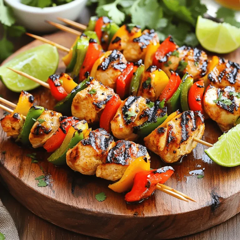 - Hähnchenbrust (1,5 Pfund) - Olivenöl (3 Esslöffel) - Chilipulver (2 Teelöffel) - Frisch gepresster Limettensaft (2 Esslöffel) - Kreuzkümmel (1 Teelöffel) - Paprika (1 Teelöffel) - Knoblauch (2 Zehen, fein gehackt) - Honig (1 Teelöffel) - Rote und grüne Paprika - Holz- oder Metallspieße - Salz und Pfeffer nach Geschmack Ich habe die Zutaten für die Chili Lime Grilled Chicken Skewers sorgfältig ausgewählt. Beginnen wir mit den Hauptzutaten. Die Hähnchenbrust ist das Herzstück. Sie sollte frisch und saftig sein. Das Olivenöl sorgt für Geschmack und hilft beim Grillen. Das Chilipulver gibt dem Gericht die richtige Schärfe. Der frisch gepresste Limettensaft bringt eine spritzige Note. Sprechen wir über die Gewürze und die Marinade. Kreuzkümmel und Paprika bringen Tiefe. Der gehackte Knoblauch sorgt für ein tolles Aroma. Ein Teelöffel Honig macht die Marinade leicht süß. Fügen Sie Salz und Pfeffer nach Geschmack dazu. Die bunten Paprika sind nicht nur schmackhaft, sondern auch schön anzusehen. Sie bringen Farbe auf den Grill. Nutzen Sie Holz- oder Metallspieße. Holzspieße müssen vorher in Wasser eingeweicht werden. Das verhindert das Verbrennen. Alle diese Zutaten zusammen ergeben ein köstliches Gericht. Sie sind einfach zu finden und machen das Kochen leicht und spaßig. Um die Marinade herzustellen, nehme ich eine mittelgroße Schüssel. Dort gebe ich 3 Esslöffel Olivenöl, 2 Esslöffel frisch gepressten Limettensaft, 2 Teelöffel Chilipulver, 1 Teelöffel Kreuzkümmel, 1 Teelöffel Paprika, 2 fein gehackte Knoblauchzehen, 1 Teelöffel Honig, sowie Salz und Pfeffer nach Geschmack. Ich vermenge alles gut, bis die Mischung glatt ist. Dann füge ich die 1,5 Pfund Hähnchenbrustwürfel hinzu. Es ist wichtig, dass jedes Stück gut mit der Marinade bedeckt ist. Ich decke die Schüssel mit Frischhaltefolie ab und stelle sie für mindestens 30 Minuten in den Kühlschrank. So können die Aromen tief in das Hähnchen einziehen. Während das Hähnchen mariniert, weiche ich die Holzspieße etwa 15 Minuten in Wasser ein. Das verhindert, dass sie auf dem Grill verbrennen. Wenn ich Metallspieße verwende, überspringe ich diesen Schritt. Nach der Marinierzeit stecke ich die Hähnchenwürfel auf die Spieße. Ich achte darauf, die roten und grünen Paprikastücke abwechselnd einzufügen. So sieht das Gericht bunt und einladend aus. Ich heize den Grill auf mittelhohe Temperatur vor. Es ist wichtig, die Grillroste leicht einzuölen, um ein Kleben der Spieße zu verhindern. Dann lege ich die Spieße auf den Grill und grille sie etwa 10 bis 12 Minuten lang. Ich wende die Spieße gelegentlich, damit sie gleichmäßig garen. Um sicherzugehen, dass das Hähnchen durch ist, verwende ich ein Fleischthermometer. Es sollte eine Innentemperatur von 75 °C (165 °F) erreichen. Nach dem Grillen nehme ich die Spieße vom Grill und lasse sie einige Minuten ruhen. So bleibt das Fleisch saftig und zart. - Variiere die Aromen, um deinen Geschmack zu treffen. Füge mehr Limettensaft hinzu für Frische oder mehr Honig für Süße. - Optimiere die Marinierzeit auf mindestens 30 Minuten. Länger ist besser, bis zu 4 Stunden. So ziehen die Gewürze tief ins Fleisch. - Nutze einen Grill mit mittlerer Hitze. So garst du das Hähnchen gleichmäßig. - Wende die Spieße alle paar Minuten. So bekommst du schöne Grillmarkierungen und das Hähnchen bleibt saftig. - Präsentiere die Spieße auf einer großen Platte. Füge Limettenschnitze und frischen Koriander hinzu. - Empfohlene Beilagen sind Guacamole oder ein leichter Salat. Diese ergänzen den Geschmack gut. {{image_4}} Eine einfache Möglichkeit, den Geschmack der Chili Lime Gegrillten Hähnchenspieße zu verändern, ist die Verwendung verschiedener Chilis. Probieren Sie frische Chilis wie Jalapeños oder Serranos für mehr Schärfe. Für eine mildere Variante nutzen Sie Paprika oder Poblano-Chilis. Alternativen zur Marinade sind ebenfalls spannend. Sie können zum Beispiel Sojasauce oder Teriyaki-Sauce verwenden. Diese bringen eine süßere Note und umhüllen das Hähnchen mit einem anderen Geschmack. Wenn Sie eine vegetarische Version machen möchten, ersetzen Sie das Hähnchen durch Gemüse. Zucchini, Paprika, und Champignons sind tolle Optionen. Schneiden Sie das Gemüse in Würfel und marinieren Sie es genau wie das Hähnchen. Tipps zur Zubereitung umfassen das Grillen bei mittlerer Hitze. So bleibt das Gemüse saftig und bekommt tolle Grillmarkierungen. Salate oder Salsas passen wunderbar zu den Spießen. Ein frischer grüner Salat mit Limetten-Dressing bringt Frische. Auch eine Mango-Salsa ist eine tolle Ergänzung. Dips wie Guacamole sind ebenfalls eine super Wahl. Sie bieten eine cremige Textur, die gut zu den würzigen Spießen passt. Experimentieren Sie mit verschiedenen Beilagen, um jede Mahlzeit einzigartig zu machen. - Kühlung der Reste: Bewahre die Hähnchenspieße in einem luftdichten Behälter auf. Stelle sicher, dass sie ganz abgekühlt sind, bevor du sie in den Kühlschrank stellst. - Haltbarkeit im Kühlschrank: Die Spieße halten sich etwa 3 bis 4 Tage im Kühlschrank. Achte darauf, sie vor dem Verzehr gut zu prüfen. - Beste Methoden zum Aufwärmen: Du kannst die Spieße in der Mikrowelle oder in einer Pfanne erwärmen. Achte darauf, die Hitze niedrig zu halten, um das Hähnchen saftig zu halten. - Vermeidung von Austrocknen: Füge beim Aufwärmen etwas Wasser oder Brühe hinzu. Das hilft, das Hähnchen feucht zu halten und verhindert das Austrocknen. Die Marinierzeit beträgt mindestens 30 Minuten. So ziehen die Aromen gut ein. Für mehr Geschmack können Sie die Spieße bis zu 2 Stunden marinieren. Lassen Sie sie nicht länger als 24 Stunden. Das Hähnchen könnte zu weich werden. Ja, Sie können die Spieße im Ofen machen. Heizen Sie den Ofen auf 200 Grad Celsius vor. Legen Sie die Spieße auf ein Backblech mit Backpapier. Backen Sie sie 15 bis 20 Minuten lang. Wenden Sie die Spieße nach der Hälfte der Zeit. Überprüfen Sie die Temperatur mit einem Thermometer. Das Hähnchen sollte 75 Grad Celsius erreichen. Ja, die Spieße sind glutenfrei. Alle Zutaten in diesem Rezept enthalten kein Gluten. Achten Sie darauf, glutenfreies Olivenöl und Gewürze zu verwenden. So können Sie sicher sein, dass es für alle geeignet ist. Dieses Rezept für gegrillte Hähnchenspieße kombiniert einfache Zutaten und leckere Gewürze. Du hast gelernt, wie man mariniert, grillt und die Spieße perfekt präsentiert. Denk an die Variationen und Tipps, die deinen Grillabend spannend gestalten. Die Reste sind einfach zu lagern und leicht aufzuwärmen. Mit diesen Tricks bereitest du immer wieder ein köstliches Gericht zu, das sicher alle begeistert. Probier es aus und genieße die Vielfalt!