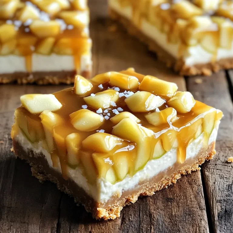 - Graham-Cracker-Brösel: Sie bilden die Basis für die Kruste. Diese Brösel sind leicht süß und knusprig. - Frischkäse und Zucker: Diese beiden Zutaten machen die Käsekuchenmasse cremig und süß. Sie sind wichtig, um die richtige Textur zu erreichen. - Äpfel und Zimt: Äpfel bringen Frische und Süße. Zimt gibt diesem Dessert einen warmen, würzigen Geschmack. - Butter und Eier: Butter sorgt für einen reichhaltigen Geschmack in der Kruste. Eier helfen, die Käsekuchenmasse zu binden. - Gesalzene Karamellsauce: Diese Sauce ist der Star des Desserts. Sie bringt eine tolle Süße und salzige Note. - Meersalz für das Garnieren: Ein wenig Meersalz oben drauf hebt den Geschmack vom Karamell. Es gibt dem Dessert eine besondere Note. Jede dieser Zutaten spielt eine wichtige Rolle im Gesamtgeschmack. Wenn Sie also die besten Zutaten verwenden, wird das Dessert noch besser. Heize deinen Ofen auf 163°C vor. Wähle eine 23x23 cm Backform. Lege sie mit Backpapier aus. Lass das Papier an den Seiten überhängen. So kannst du die Riegel später einfach herausnehmen. Für die Kruste mixe die Graham-Cracker-Brösel, die geschmolzene Butter und den Zucker zusammen. Rühre gut, bis alle Brösel feucht sind. Drücke die Mischung gleichmäßig in die Backform. Achte darauf, dass die Kruste fest ist. In einer großen Schüssel schlage den weichen Frischkäse mit dem braunen Zucker cremig. Füge die Eier nacheinander hinzu. Mixe nach jeder Zugabe gut durch. Rühre den Vanilleextrakt ein, bis alles gut vermischt ist. Schäle und entkerne die Äpfel. Würfle sie klein und vermenge sie mit dem Zimt. Füge die Apfelmischung vorsichtig in die Käsekuchen-Masse. Mische alles gut, bis die Äpfel gleichmäßig verteilt sind. Gieße die Apfel-Käsekuchen-Masse über die abgekühlte Kruste und verteile sie gleichmäßig. Träufle die gesalzene Karamellsauce darüber. Mit einem Messer ziehe ein Muster in die Masse. Backe die Riegel 30-35 Minuten. Die Ränder sollten fest sein, aber die Mitte leicht wackeln. Lass die Riegel eine Stunde bei Raumtemperatur abkühlen. Danach stelle sie in den Kühlschrank für mindestens 4 Stunden. Um eine brüchige Kruste zu vermeiden, drücke die Graham-Cracker-Brösel fest in die Form. Achte darauf, die Mischung gleichmäßig zu verteilen. Du kannst auch Haferflocken verwenden, um einen anderen Geschmack zu erzielen. Diese geben der Kruste eine tolle Textur. Risse im Käsekuchen sind oft ein Problem. Um dies zu vermeiden, schlage die Zutaten nicht zu lange. Eine langsame Mischung bei niedriger Geschwindigkeit hilft. Backe den Kuchen bei 163°C, bis die Ränder fest sind und die Mitte leicht wackelt. Das sorgt für eine cremige Konsistenz. Serviere die Riegel mit etwas zusätzlicher Karamellsauce. Das macht sie noch süßer und leckerer. Du kannst auch frische Früchte darauflegen. Äpfel oder Beeren passen gut und geben einen frischen Geschmack. {{image_4}} Um deine gesalzenen Karamell-Apfel-Käsekuchen-Riegel aufregender zu machen, kannst du verschiedene Aromen hinzufügen. Karamell ist immer ein Hit. Du kannst noch mehr gesalzene Karamellsauce obendrauf geben. Das verstärkt den süßen Geschmack und macht es noch köstlicher. Eine andere tolle Idee ist, Schokolade hinzuzufügen. Schokoladenstückchen oder eine Schokoladensauce passen gut zu den Äpfeln. So bekommst du eine Kombination aus süß und herzhaft. Die Wahl der Äpfel ist auch wichtig. Granny Smith sind toll, weil sie sauer und knackig sind. Honeycrisp gibt eine süßere Note. Du kannst auch andere Sorten probieren. Jedes Mal wird dein Käsekuchen anders schmecken. Wenn du auf Gluten achtest, kannst du die Graham-Cracker-Brösel durch glutenfreie Kekse ersetzen. Das funktioniert genauso gut und die Riegel schmecken weiterhin lecker. Für eine vegane Version kannst du den Frischkäse durch pflanzlichen Frischkäse ersetzen. Verwende auch Leinsamen oder Chiasamen als Ei-Ersatz. Diese Alternativen machen die Riegel für alle geeignet. So kannst du sie genießen, egal welche Diät du hast. Die Riegel brauchen eine kühle Lagerung. Bewahren Sie sie im Kühlschrank auf. So bleiben sie frisch und lecker. Die ideale Temperatur liegt zwischen 0 und 4 Grad Celsius. Wenn Sie sie gut abdecken, halten sie sich bis zu einer Woche. Achten Sie darauf, die Riegel in einem luftdichten Behälter zu lagern. So vermeiden Sie, dass sie austrocknen oder Gerüche aufnehmen. Die Haltbarkeit der gesalzenen Karamell-Apfel-Käsekuchen-Riegel beträgt etwa sieben Tage. Nach einer Woche können sie anfangen, ihren Geschmack zu verlieren. Wenn Sie längere Zeit aufbewahren möchten, frieren Sie die Riegel ein. Legen Sie sie in einen gefrierfesten Behälter. Achten Sie darauf, sie gut zu verpacken, um Gefrierbrand zu vermeiden. Wenn Sie die Riegel im Voraus zubereiten möchten, können Sie das ganz einfach tun. Bereiten Sie die Riegel bis zur Kühlphase vor und lassen Sie sie dann im Kühlschrank stehen. So sparen Sie Zeit, wenn Gäste kommen oder zu einem besonderen Anlass. Die Riegel schmecken sogar noch besser, wenn sie über Nacht kühlen. Um die Riegel einzufrieren, lassen Sie sie zuerst vollständig abkühlen. Schneiden Sie sie dann in Portionen. Wickeln Sie jede Portion in Frischhaltefolie ein. Legen Sie die eingewickelten Riegel in einen Gefrierbeutel oder Behälter. So sind sie bis zu drei Monate haltbar. Wenn Sie sie genießen möchten, lassen Sie sie einfach für einige Stunden im Kühlschrank auftauen. Die Riegel sind im Kühlschrank etwa eine Woche haltbar. Bewahren Sie sie in einem luftdichten Behälter auf. So bleiben sie frisch und lecker. Achten Sie darauf, die Riegel gut abzudecken. Bei Raumtemperatur sind sie nur ein paar Stunden haltbar. Wenn Sie sie länger aufbewahren möchten, frieren Sie sie ein. So bleiben sie bis zu drei Monate gut. Ja, Sie können die Karamellsauce ganz einfach selbst machen. Hier ist das Rezept: - Zutaten: - 1 Tasse Zucker - 6 Esslöffel Butter - ½ Tasse Sahne - Eine Prise Salz - Anleitung: 1. Zucker in einen Topf bei mittlerer Hitze geben. Lassen Sie ihn schmelzen, bis er goldbraun ist. 2. Fügen Sie die Butter hinzu und rühren Sie gut um. 3. Gießen Sie langsam die Sahne dazu. Seien Sie vorsichtig, da es spritzen kann! 4. Rühren Sie weiter, bis die Sauce glatt ist. Fügen Sie die Prise Salz hinzu und lassen Sie sie abkühlen. Diese hausgemachte Sauce schmeckt fantastisch! Sie können sie für viele Desserts nutzen. Ja, Sie können andere Früchte ausprobieren. Birnen sind eine tolle Wahl. Sie passen gut zu Karamell und Käsekuchen. Auch Beeren wie Himbeeren oder Blaubeeren sind lecker. Achten Sie darauf, die Früchte klein zu schneiden. So mischen sie sich gut in die Käsekuchen-Masse. Experimentieren macht Spaß! Dieser Artikel hat dir die wichtigsten Zutaten und Schritte zur Herstellung von gesalzenen Karamell-Apfel-Käsekuchen-Riegeln gezeigt. Du hast gelernt, wie du die perfekte Kruste machst und deine Riegel lagerst. Denke daran, dass kleine Variationen den Geschmack verbessern können. Sei kreativ! Mit guten Tipps wird dein Käsekuchen garantiert ein Hit. Viel Spaß beim Backen und Teilen deiner Leckerbissen!