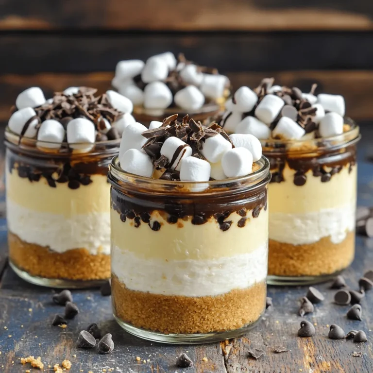 Um das beste S’mores No Bake Cheesecake Jar zu machen, brauchst du folgende Zutaten: - 225 g Frischkäse, weich - 60 g Puderzucker - 1 Teelöffel Vanilleextrakt - 240 ml Schlagsahne - 120 g Grahamcracker-Krümel - 75 g Mini-Marshmallows - 75 g Schokoladenstückchen (Vollmilch oder Zartbitter) - 60 ml geschmolzene Butter - Zusätzliche Mini-Marshmallows und Schokoladenspäne zum Garnieren Diese Zutaten geben dir den perfekten Geschmack und die richtige Textur. Der Frischkäse sorgt für eine cremige Füllung. Die Grahamcracker-Krümel bilden die köstliche Kruste. Wenn du einige Zutaten nicht hast, gibt es tolle Alternativen: - Verwende Mascarpone anstelle von Frischkäse für einen anderen Geschmack. - Ersetze die Grahamcracker durch Kekse wie Digestive oder Oreo. - Nutze Kokoscreme anstelle von Schlagsahne für eine milchfreie Option. - Für eine glutenfreie Version wähle glutenfreie Kekse. Jede Alternative kann dir neue Geschmäcker bringen. Hochwertige Zutaten machen einen großen Unterschied: - Wähle frischen Frischkäse. Er sollte glatt und ohne Klumpen sein. - Achte auf echten Vanilleextrakt. Er hat mehr Geschmack als künstlicher. - Verwende süße, frische Mini-Marshmallows. Sie sollten nicht hart sein. - Wähle Schokoladenstückchen mit hohem Kakaoanteil für mehr Tiefe. Gute Zutaten bringen deine S’mores No Bake Cheesecake Jars auf ein neues Level. Für die Kruste vermenge die Grahamcracker-Krümel mit geschmolzener Butter. Das geht einfach in einer mittelgroßen Schüssel. Rühre sie gut um, bis die Krümel feucht sind. Jetzt drücke etwa 2 Esslöffel dieser Mischung in den Boden jedes Glases. So entsteht eine feste Kruste, die gut hält. Um die Füllung zu machen, nimm eine große Rührschüssel. Gib den weichen Frischkäse und den Puderzucker hinein. Schlage alles mit einem elektrischen Mixer glatt und cremig. Füge dann den Vanilleextrakt hinzu und mische alles gut. Diese Schritte sind wichtig, damit die Füllung lecker schmeckt. Jetzt geht es ans Schichten. Nimm einen Löffel der Cheesecake-Füllung und gib ihn über die Kruste in jedes Glas. Fülle die Gläser etwa zur Hälfte. Streue dann eine Schicht Mini-Marshmallows und Schokoladenstückchen auf die Cheesecake-Schicht. Wiederhole den Vorgang mit einer weiteren Schicht Cheesecake-Füllung. Beende mit der restlichen Grahamcracker-Krümel-Mischung. So sieht es toll aus und schmeckt super. Decke die Gläser jetzt mit einem Deckel oder Frischhaltefolie ab. Lass sie mindestens 2 Stunden im Kühlschrank ruhen. So werden die Aromen besser und die Füllung wird fest. Vor dem Servieren kannst du die Mini-Marshmallows leicht karamellisieren. Das geht mit einem Küchenbrenner oder unter dem Grill. Garniere das Dessert mit Schokoladenspänen, um es noch leckerer zu machen. Ein häufiger Fehler ist, die Sahne zu stark zu schlagen. Das macht sie körnig. Schlage die Sahne nur bis steife Spitzen entstehen. Achte darauf, die Frischkäsemischung nicht zu übermixen. Das kann die Creme schwer machen. Die Dekoration bringt den Spaß! Du kannst die Gläser mit Mini-Marshmallows und Schokoladenspänen toppen. Wenn du es magst, karamellisiere die Marshmallows mit einem Küchenbrenner. So erhältst du einen schönen, gerösteten Geschmack. Eine Schicht Schokoladensauce sieht nicht nur gut aus, sondern schmeckt auch toll. Die richtige Kühle ist wichtig! Lass die Gläser mindestens zwei Stunden im Kühlschrank. So wird die Füllung fest und cremig. Wenn du die Gläser länger kühlst, wird die Konsistenz noch besser. Achte darauf, die Gläser gut abzudecken, damit sie keine Gerüche aufnehmen. {{image_4}} Du kannst mit verschiedenen Schokoladensorten spielen. Vollmilchschokolade bringt eine süße Note. Zartbitter-Schokolade gibt einen kräftigen Geschmack. Du kannst auch weiße Schokolade verwenden, um eine cremige Textur zu erzielen. Probiere, die Schokolade zu schmelzen und in die Füllung zu mischen. So wird der Geschmack noch intensiver. Füge andere Zutaten hinzu, um neue Geschmäcker zu entdecken. Knusprige Erdnüsse oder Mandeln geben einen tollen Crunch. Karamellsoße kann über die Cheesecake-Schicht geträufelt werden. Für einen fruchtigen Twist kannst du frische Beeren hinzufügen. Sie sorgen für eine frische Note. Sei kreativ und mische, was dir gefällt! Es ist einfach, diese Cheesecake-Jars für alle anzupassen. Verwende veganen Frischkäse und Kokoscreme anstelle von Sahne. Ersetze die Grahamcracker mit glutenfreien Keksen oder Nüssen. So bleibt der Geschmack toll, und alle können mitessen. Achte darauf, auch die Schokolade vegan und glutenfrei zu wählen. So stehen dir viele leckere Optionen offen. Bewahre die S’mores Cheesecake Jars im Kühlschrank auf. Nutze einen luftdichten Behälter oder decke die Gläser mit Frischhaltefolie ab. So bleiben sie frisch und lecker. Achte darauf, die Gläser nicht zu lange offen zu lassen. Diese Cheesecake Jars sind im Kühlschrank bis zu 4 Tage haltbar. Nach ein oder zwei Tagen schmecken sie sogar noch besser, da die Aromen Zeit haben, sich zu vermischen. Wenn du sie länger aufbewahren möchtest, ist das Einfrieren eine gute Option. Wenn du die Cheesecake Jars einfrieren möchtest, stelle sicher, dass sie gut abgedeckt sind. Verwende gefriergeeignete Behälter oder Frischhaltefolie. So bleibt die Qualität erhalten. Du kannst sie bis zu 3 Monate einfrieren. Um sie wieder zu genießen, lasse sie einfach im Kühlschrank auftauen. Ja, die Cheesecake Jars müssen gekühlt werden. Das Kühlen hilft, die Füllung fest zu machen. Ohne Kühlung wird die Mischung zu weich und läuft aus den Gläsern. Ich empfehle, die Gläser mindestens zwei Stunden im Kühlschrank zu lassen. So entfalten sich die Aromen gut und die Textur wird perfekt. Die S'mores Cheesecake Jars sind im Kühlschrank bis zu drei Tage haltbar. Das Dessert bleibt frisch und lecker, wenn du es richtig lagerst. Achte darauf, die Gläser gut abzudecken. So bleibt die Füllung vor Luft geschützt und die Aromen bleiben intensiv. Ja, du kannst andere Cremes verwenden. Eine gute Alternative ist Mascarpone. Diese Creme ist reichhaltig und sorgt für einen tollen Geschmack. Du kannst auch Quark oder griechischen Joghurt probieren. Diese Optionen ändern die Textur und den Geschmack, sind aber ebenfalls lecker. S’mores No Bake Cheesecake Jars sind einfach und lecker. Du hast gelernt, welche Zutaten wichtig sind und wie du sie auswählen kannst. Ich habe dir die Schritte zur Zubereitung gezeigt, damit du Fehler vermeidest. Du kannst auch Variationen ausprobieren, um deinen Geschmack zu treffen. Bewahre die Jars richtig auf, damit sie frisch bleiben. Mit all diesen Tipps bist du bereit, großartige Desserts zu machen. Viel Spaß beim Ausprobieren und Genießen!