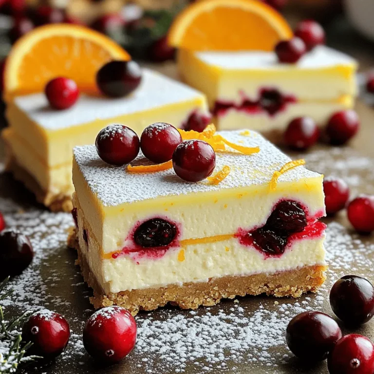 Für die perfekten Cranberry Orange Cheesecake Bars brauchen Sie folgende Hauptzutaten: - 1 ½ Tassen Graham Cracker Krümel - ½ Tasse ungesalzene Butter, geschmolzen - 2 Esslöffel Zucker - 2 (8 oz) Packungen Frischkäse, weich - 1 Tasse Kristallzucker - 2 große Eier - 1 Teelöffel Vanilleextrakt - Schale von 1 Orange - ¼ Tasse frischer Orangensaft - 1 Tasse frische Preiselbeeren, grob gehackt - ¼ Tasse Zucker (für die Preiselbeeren) Die Graham Cracker Krümel geben der Kruste einen tollen Geschmack. Die Butter bindet alles zusammen. Frischkäse sorgt für die cremige Füllung. Eier helfen, die Struktur zu halten. Vanille und Orange bringen frische Aromen. Preiselbeeren fügen eine süß-saure Note hinzu. Für den perfekten Belag können Sie Puderzucker verwenden. Er verleiht den Cheesecake Bars einen schönen Glanz. Sie können auch ganze Preiselbeeren und Orangenscheiben als Dekoration nutzen. Diese sorgen für einen festlichen Look. Wenn Sie keine Graham Cracker haben, versuchen Sie Haferkekse oder Butterkekse. Diese geben eine ähnliche Textur. Glutenfreie Kekse sind auch eine gute Option. Für den Frischkäse können Sie veganen Frischkäse verwenden, wenn Sie eine pflanzliche Variante möchten. Bei den Preiselbeeren sind gefrorene auch möglich, aber frische haben den besten Geschmack. Heize deinen Ofen auf 325°F (160°C) vor. Nimm eine 20x20 cm große Backform und lege sie mit Backpapier aus. Lass die Ränder über den Rand hängen. So kannst du die Bars später leicht herausnehmen. In einer mittelgroßen Schüssel vermischst du 1 ½ Tassen Graham Cracker Krümel, ½ Tasse geschmolzene Butter und 2 Esslöffel Zucker. Rühre alles gut um. Dann drücke die Mischung gleichmäßig und fest auf den Boden der Backform. Backe die Kruste für 10 Minuten und lass sie danach abkühlen. In einer großen Schüssel schlägst du 2 Packungen weichen Frischkäse mit 1 Tasse Kristallzucker. Mische bis die Mischung glatt ist. Füge dann nacheinander 2 große Eier hinzu. Rühre nach jeder Zugabe gut um. Gib 1 Teelöffel Vanilleextrakt, die Schale von 1 Orange und ¼ Tasse frischen Orangensaft dazu. Mische alles, bis es gut verbunden ist. In einer anderen Schüssel vermenge 1 Tasse grob gehackte Preiselbeeren mit ¼ Tasse Zucker. Falte die Preiselbeeren vorsichtig unter die Frischkäsemasse. Gieße die Frischkäsemasse über die abgekühlte Kruste und verteile sie gleichmäßig. Backe alles für 30-35 Minuten. Die Mitte sollte fest sein und leicht wackeln. Nimm die Form aus dem Ofen und lass die Cheesecake Bars auf Zimmertemperatur abkühlen. Danach stelle sie für mindestens 4 Stunden oder über Nacht in den Kühlschrank. Wenn sie gut gekühlt sind, hebe die Bars mit den Backpapierrändern aus der Form. Schneide sie in quadratische Stücke und serviere sie. Um die perfekte Kruste zu machen, nutzen Sie frische Graham Cracker Krümel. Mischen Sie die Krümel gut mit der geschmolzenen Butter und dem Zucker. Drücken Sie die Mischung fest in die Form. Achten Sie darauf, dass die Kruste gleichmäßig ist. Backen Sie sie nur 10 Minuten. So bleibt sie knusprig und nicht zu hart. Ein häufiger Fehler ist, den Käsekuchen zu lange zu backen. Die Mitte sollte leicht wackeln, wenn sie fertig ist. Lassen Sie ihn auch auf Zimmertemperatur abkühlen. Stellen Sie ihn dann in den Kühlschrank für mindestens 4 Stunden. So wird er schön fest. Ein weiterer Tipp: Vermeiden Sie es, die Füllung zu übermixen. So bleibt der Käsekuchen cremig und luftig. Um die Cheesecake Bars schön zu garnieren, streuen Sie Puderzucker oben drauf. Legen Sie einige ganze Preiselbeeren und eine Orangenscheibe darauf. Dies gibt einen festlichen Look. Eine frische Minze kann auch einen schönen Kontrast bieten. Präsentieren Sie die Riegel auf einem hübschen Teller für mehr Stil. {{image_4}} Wenn Sie die Cranberry Orange Cheesecake Bars anpassen möchten, probieren Sie andere Früchte. Himbeeren sind eine gute Wahl. Sie bringen eine süß-säuerliche Note. Erdbeeren sorgen für eine süßere Variante. Mischen Sie auch gerne Äpfel für einen herbstlichen Geschmack. Achten Sie darauf, die Menge der Zucker anzupassen, je nach Frucht. Für eine vegane Version ersetzen Sie den Frischkäse durch eine pflanzliche Alternative. Cashew-Creme ist eine tolle Option. Nutzen Sie vegane Butter für die Kruste. Für glutenfreie Bars wählen Sie glutenfreie Graham Cracker. Diese Alternativen schaffen einen ähnlichen Geschmack. Achten Sie beim Backen auf die gleiche Temperatur und Zeit. Kombinieren Sie Aromen, um neue Geschmackserlebnisse zu schaffen. Fügen Sie Zimt oder Muskatnuss zur Füllung hinzu. Diese Gewürze passen gut zu Orange und Preiselbeeren. Für einen besonderen Kick probieren Sie Limette oder Ingwer. Diese Aromen bringen Frische und Tiefe in die Bars. Seien Sie kreativ und experimentieren Sie mit verschiedenen Zutaten. Um die besten Ergebnisse zu erzielen, lagern Sie die Cheesecake Bars im Kühlschrank. Legen Sie sie in einen luftdichten Behälter. So bleibt die Frische erhalten. Achten Sie darauf, dass die Bars nicht mit anderen Lebensmitteln in Berührung kommen. Wenn Sie sie aufbewahren, schützen Sie den Geschmack. Im Kühlschrank halten die Cheesecake Bars bis zu einer Woche. Wenn Sie die Bars länger aufbewahren möchten, frieren Sie sie ein. Im Gefrierschrank bleiben sie bis zu drei Monate frisch. Wickeln Sie jede Bar in Frischhaltefolie und dann in Alufolie. So schützen Sie sie vor Frostschäden. Um die Bars aufzuwärmen, lassen Sie sie bei Raumtemperatur stehen. Sie können sie auch kurz in der Mikrowelle erwärmen. Achten Sie darauf, sie nicht zu lange zu erhitzen. Servieren Sie die Bars mit Puderzucker obendrauf. Einige ganze Preiselbeeren und eine Orangenscheibe machen die Präsentation festlich. Die Cranberry Orange Cheesecake Bars sind im Kühlschrank etwa fünf bis sieben Tage haltbar. Achten Sie darauf, die Bars gut abzudecken, damit sie frisch bleiben. Wenn Sie die Bars in einem luftdichten Behälter aufbewahren, halten sie sich noch länger. Ich empfehle, sie nicht länger als eine Woche zu lagern, um den besten Geschmack und die beste Textur zu genießen. Ja, Sie können gefrorene Preiselbeeren verwenden. Diese sind eine praktische Option, wenn frische nicht verfügbar sind. Achten Sie darauf, die gefrorenen Preiselbeeren vor der Verwendung leicht aufzutauen. Tupfen Sie sie dann trocken, um überschüssige Feuchtigkeit zu entfernen. Das hilft, die Füllung nicht zu wässrig zu machen und sorgt für einen guten Geschmack. Um die Füllung cremiger zu machen, verwenden Sie Raumtemperatur-Frischkäse. So lässt er sich leichter mixen. Ein weiterer Tipp ist, die Mischung länger zu schlagen, bis sie wirklich glatt ist. Sie können auch etwas mehr Orangensaft hinzufügen, um die Füllung geschmeidiger zu machen. Wenn Sie möchten, probieren Sie auch etwas saure Sahne oder griechischen Joghurt für extra Cremigkeit. In diesem Artikel haben wir die wichtigsten Zutaten, Zubereitungsschritte und Variationen für Käsekuchenriegel besprochen. Ich habe Tipps gegeben, um die perfekte Kruste zu erreichen und häufige Fehler beim Backen zu vermeiden. Außerdem habe ich erklärt, wie man die Riegel richtig lagert und präsentiert. Denke daran, dass du mit verschiedenen Früchten und Aromen experimentieren kannst. Diese Käsekuchenriegel sind einfach zu machen und schmecken großartig. Viel Spaß beim Backen und Genießen!
