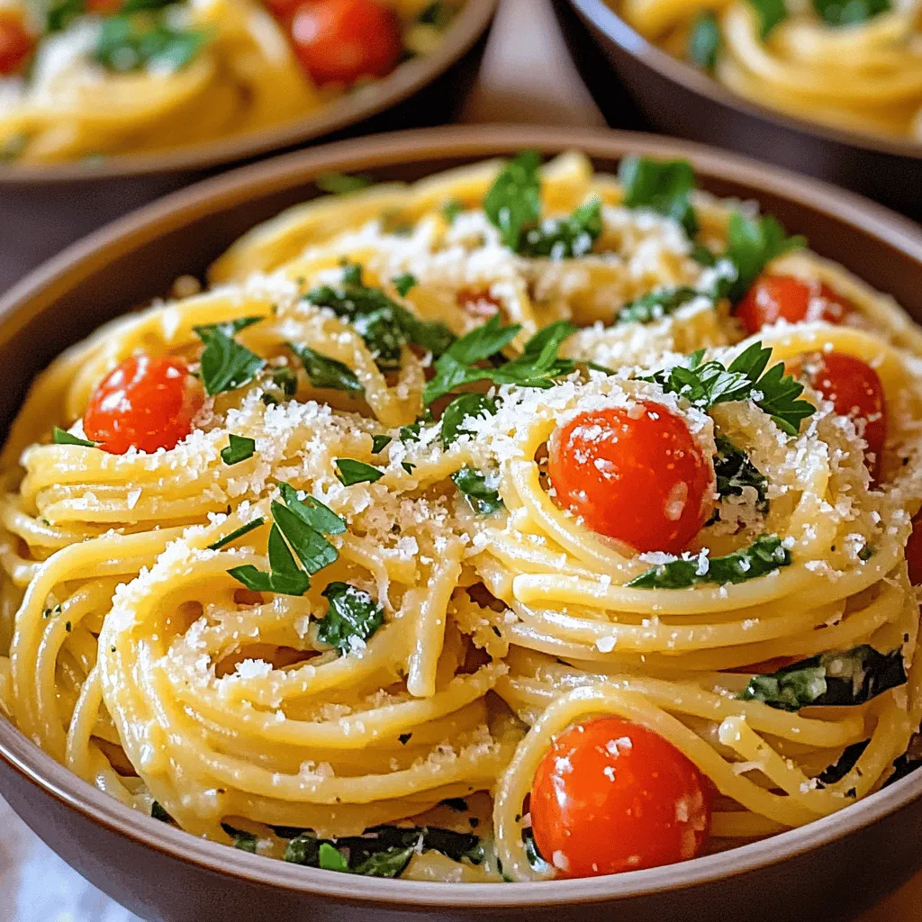 Für dieses einfache Gericht benötigst du nur einige Hauptzutaten. Hier sind sie: - 340 g Spaghetti - 960 ml Gemüsebrühe - 100 g geriebener Parmesan (plus extra zum Servieren) - 4 Knoblauchzehen, fein gehackt - 2 Esslöffel Olivenöl - 150 g Kirschtomaten, halbiert - 120 g frischer Spinat Diese Zutaten geben deinem Gericht den schönen Geschmack, den du liebst. Um das Gericht zu verfeinern, kannst du einige Gewürze hinzufügen: - 1 Teelöffel rote Pfefferflocken (optional) - Salz und schwarzer Pfeffer nach Geschmack Die roten Pfefferflocken fügen eine leichte Schärfe hinzu. Salz und Pfeffer helfen, die Aromen zu verstärken. Wenn du das Rezept noch interessanter machen möchtest, probiere diese optionalen Zutaten: - Frische Petersilie, gehackt (zum Garnieren) Die Petersilie gibt Farbe und Frische. Du kannst auch andere Kräuter wie Basilikum verwenden, um neuen Geschmack zu bringen. Diese Zutaten machen dein One-Pot Garlic Parmesan Spaghetti zu einem echten Genuss. Zuerst musst du alle Zutaten vorbereiten. Nimm 340 g Spaghetti und lege sie bereit. Hacke 4 Knoblauchzehen fein und stelle sie in eine Schüssel. Halbiere 150 g Kirschtomaten und lege sie zur Seite. Reibe 100 g Parmesan und halte etwas für das Servieren zurück. Denke daran, frischen Spinat und gehackte Petersilie für die Garnitur zu benutzen. Erhitze 2 Esslöffel Olivenöl in einem großen Topf bei mittlerer Hitze. Füge den gehackten Knoblauch hinzu und brate ihn für 1-2 Minuten. Achte darauf, dass er nicht braun wird. Gib dann die Spaghetti in den Topf. Füge 960 ml Gemüsebrühe, die Kirschtomaten und 1 Teelöffel rote Pfefferflocken hinzu, falls du es scharf magst. Rühre alles gut um. Bringe die Mischung zum Kochen. Reduziere dann die Hitze und decke den Topf ab. Lasse die Spaghetti 10-12 Minuten kochen. Rühre gelegentlich um, bis die Pasta al dente ist und die Flüssigkeit fast weg ist. Nimm den Topf vom Herd, wenn die Spaghetti fertig sind. Rühre 100 g geriebenen Parmesan und 120 g frischen Spinat in die Pasta ein. Der Käse wird schmelzen und der Spinat wird zusammenfallen. Schmecke das Gericht mit Salz und schwarzem Pfeffer ab. Wenn es zu trocken wirkt, füge etwas Gemüsebrühe hinzu. Serviere die Spaghetti heiß, garniert mit zusätzlichem Parmesan und Petersilie. Um die Pasta perfekt zu kochen, achte auf die Kochzeit. Die Spaghetti sollten al dente sein, also bissfest. Koche sie nicht zu lange. Wenn du die Nudeln in der Brühe dämpfst, behalte die Hitze im Auge. Rühre die Spaghetti während des Kochens ab und zu um, damit sie nicht zusammenkleben. So bekommst du eine schöne, cremige Konsistenz. Frische Kräuter machen einen großen Unterschied. Petersilie bringt Frische und Farbe. Füge sie am Ende hinzu, um den Geschmack zu intensivieren. Du kannst auch Basilikum oder Oregano verwenden. Diese Kräuter passen gut zu Knoblauch und Parmesan. Wenn du frische Kräuter verwendest, schmeckt dein Gericht gleich viel besser. Die roten Pfefferflocken sind optional, aber sie geben einen tollen Kick. Wenn du es scharf magst, füge mehr hinzu. Für einen milden Geschmack, lasse sie einfach weg. Du kannst die Schärfe ganz nach deinem Geschmack einstellen. So wird dein One-Pot Gericht perfekt für jeden Esser. {{image_4}} Wenn du eine vegetarische Version magst, kannst du die Kirschtomaten und Spinat verwenden. Du kannst auch Brokkoli, Zucchini oder Paprika hinzufügen. Diese Gemüsesorten geben dir mehr Geschmack und Farbe. Sie sind einfach zuzubereiten und machen dein Gericht noch gesünder. Möchtest du mehr Protein? Füge Hähnchenbrust oder Garnelen hinzu. Koche sie zuerst in Olivenöl, bevor du die anderen Zutaten hinzufügst. Du kannst auch Kichererbsen oder Linsen verwenden. Diese Optionen passen gut zu den Nudeln und machen das Gericht nahrhafter. Das Rezept kann leicht an die Saison angepasst werden. Im Frühling kannst du Spargel oder Erbsen hinzufügen. Im Herbst sind Pilze oder Kürbis lecker. Nutze frisches Gemüse, das du magst. So bleibt das Gericht vielfältig und spannend. Du kannst die Reste der Ein-Topf Knoblauch Parmesan Spaghetti in einem luftdichten Behälter aufbewahren. Stelle sicher, dass sie gut abgekühlt sind, bevor du sie in den Kühlschrank stellst. So bleiben die Spaghetti frisch für bis zu drei Tage. Es hilft auch, die Sauce nicht zu dick werden zu lassen. Wenn du mehr Portionen zubereitest, kannst du die Spaghetti einfrieren. Teile die Spaghetti in Portionen auf und lege sie in gefrierfeste Behälter oder Beutel. Achte darauf, so viel Luft wie möglich zu entfernen. So bleiben sie bis zu drei Monate frisch. Lass die Spaghetti vor dem Aufwärmen im Kühlschrank auftauen. Um die Reste wieder aufzuwärmen, gibt es verschiedene Methoden. Du kannst sie in einer Pfanne bei niedriger Hitze auf dem Herd aufwärmen. Füge einen Schuss Gemüsebrühe hinzu, um die Konsistenz zu verbessern. Alternativ kannst du die Spaghetti in der Mikrowelle erwärmen. Decke sie mit einem feuchten Tuch ab, damit sie nicht austrocknen. Ja, du kannst andere Pasta-Sorten verwenden. Penne oder Fusilli sind gute Alternativen. Achte darauf, die Kochzeit anzupassen. Zum Beispiel, wenn du kurze Pasta nimmst, kann die Zeit kürzer sein. Längere Pasta wie Fettuccine braucht vielleicht mehr Zeit. Du willst, dass die Pasta al dente bleibt. Die Zubereitung dauert etwa 25 Minuten. Dazu gehören 10 Minuten für die Vorbereitung und 15 Minuten zum Kochen. Du kannst alles in einem großen Topf machen. Das spart Zeit und Geschirr. Das ist ideal, wenn du schnell ein leckeres Gericht willst. Ja, das Rezept kann ohne Käse gemacht werden. Du kannst stattdessen Nährhefe verwenden. Sie gibt einen ähnlichen Geschmack und ist vegan. Wenn du kein Käsefan bist, probiere es einfach aus. Du kannst auch mehr Gemüse hinzufügen, um den Geschmack zu verbessern. Dieses Rezept für Ein-Topf Knoblauch Parmesan Spaghetti ist einfach und vielseitig. Ich habe die Hauptzutaten, Gewürze und verschiedene Variationen vorgestellt. Die Schritt-für-Schritt-Anleitung führt dich durch die Zubereitung. Nutze die Tipps, um die Konsistenz und den Geschmack zu verbessern. Denk daran, frisches Gemüse oder proteinreiche Zutaten hinzuzufügen. Die Lagerung ist einfach, und die Reste schmecken toll. Probiere es aus und genieße dieses leckere Gericht!