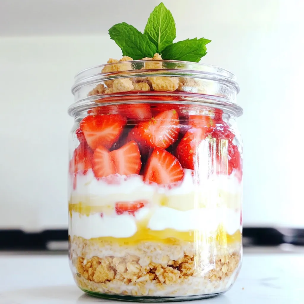 Um diesen leckeren Snack zuzubereiten, brauchst du: - 1 Tasse Haferflocken - 1 Tasse Mandelmilch (oder andere Milch) - 1/2 Tasse griechischer Joghurt - 1/2 Tasse Frischkäse, weich gerührt - 2 Esslöffel Honig oder Ahornsirup - 1 Teelöffel Vanilleextrakt - 1/2 Tasse frische Erdbeeren, gewürfelt - 2 Esslöffel zerbröselte Graham Crackers (zum Bestreuen) - Frische Minzblätter (zur Dekoration) Diese Zutaten machen die Haferflocken cremig und lecker. Die Erdbeeren bringen Frische. Der Frischkäse gibt den Käsekuchen-Geschmack. Für die Zubereitung benötigst du: - Eine Rührschüssel - Eine separate Schüssel für die Käsekuchenmischung - Ein Glas oder einen luftdichten Behälter - Einen Löffel zum Mischen Diese Geräte helfen dir, alles gut zu vermengen und zu schichten. Sie sind einfach zu finden und leicht zu benutzen. Um dein Gericht noch schöner zu machen, kannst du verwenden: - Zusätzliche Erdbeeren für die Dekoration - Mehr zerbröselte Graham Crackers - Ein paar frische Minzblätter Diese Extras machen das Dessert ansprechender. Sie geben einen schönen Farbkontrast und mehr Geschmack. Zuerst nimmst du eine Rührschüssel. Gib die Haferflocken hinein. Füge dann die Mandelmilch hinzu. Rühre gut um, bis die Haferflocken die Milch aufnehmen. Diese Schritte sind wichtig, damit die Haferflocken weich werden. Lass die Mischung ein paar Minuten stehen. In einer anderen Schüssel vermische den griechischen Joghurt und den Frischkäse. Füge den Honig oder Ahornsirup hinzu. Gib auch den Vanilleextrakt dazu. Rühre alles gut, bis die Mischung cremig ist. Diese Mischung bringt den Käsekuchen-Geschmack, den wir lieben. Jetzt kommt der spaßige Teil! Nimm ein Glas oder einen Behälter. Beginne mit einer Schicht Haferflocken. Darauf kommt eine Schicht der Käsekuchenmischung. Streue dann die gewürfelten Erdbeeren darüber. Wiederhole diesen Vorgang, bis du alle Zutaten verbraucht hast. Beende mit der Käsekuchenmischung und füge einige Erdbeeren oben drauf hinzu. Streue die zerbröselten Graham Crackers darauf. So bekommst du den knusprigen Käsekuchen-Effekt. Verschließe das Glas und stelle es über Nacht in den Kühlschrank. Am Morgen rührst du alles gut um und genießt es. Um die perfekte cremige Konsistenz zu erreichen, benutze griechischen Joghurt. Er macht die Mischung reichhaltig und geschmackvoll. Mische die Haferflocken zuerst mit der Milch gut durch. So saugen sie die Flüssigkeit gleichmäßig auf. Lass die Mischung über Nacht im Kühlschrank stehen. Dadurch werden die Haferflocken weich und nehmen die Aromen auf. Wenn du etwas Abwechslung suchst, probiere verschiedene Früchte. Himbeeren oder Blaubeeren passen gut zu diesem Rezept. Du kannst auch Nüsse oder Samen hinzufügen. Diese geben den Haferflocken einen extra Crunch. Für eine schokoladige Note füge etwas Kakaopulver oder Schokoladenstückchen hinzu. Es ist wichtig, kreativ zu sein und deinen persönlichen Geschmack zu treffen. Ein häufiger Fehler ist, die Haferflocken nicht genug zu mischen. Wenn sie nicht gut vermengt sind, bleiben sie trocken. Achte darauf, dass die Mischung schön glatt ist, bevor du sie in Gläser schichtest. Ein weiterer Fehler ist, die Haferflocken nicht lange genug im Kühlschrank zu lassen. Sie brauchen Zeit, um die Flüssigkeit zu absorbieren. Stelle sicher, dass du die Haferflocken mindestens vier Stunden oder über Nacht stehen lässt. So wird das Ergebnis perfekt! {{image_4}} Du kannst diese Übernacht-Haferflocken vegan und milchfrei machen. Ersetze die Milch durch Pflanzenmilch wie Hafer-, Soja- oder Kokosmilch. Nutze veganen Joghurt und Frischkäse aus Nüssen. Diese Alternativen schmecken lecker und passen gut in das Rezept. Erdbeeren sind köstlich, aber du kannst sie leicht ersetzen. Probiere Heidelbeeren, Himbeeren oder Bananen. Jede Frucht bringt ihren eigenen Geschmack. So hast du immer wieder neue Variationen. Um das Rezept interessanter zu machen, füge Nüsse, Samen oder Schokoladenstückchen hinzu. Ein bisschen Zimt oder Muskatnuss kann auch gut schmecken. Diese Zutaten geben den Haferflocken einen besonderen Kick und mehr Textur. Du kannst die Erdbeer-Käsekuchen Übernacht-Haferflocken in einem luftdichten Behälter aufbewahren. Verwende ein Glas oder einen Behälter, der gut schließt. So bleiben die Aromen frisch. Stelle sicher, dass das Glas im Kühlschrank steht. So vermeidest du, dass die Haferflocken austrocknen. Die Haferflocken halten sich bis zu drei Tage im Kühlschrank. Nach diesem Zeitraum können sie an Geschmack und Textur verlieren. Achte darauf, sie vor dem Essen gut umzurühren. So verteilst du die Schichten wieder gleichmäßig. Du kannst die Übernacht-Haferflocken auch einfrieren. Fülle sie in einen gefriergeeigneten Behälter. Achte darauf, etwas Platz zu lassen, da sich die Haferflocken beim Einfrieren ausdehnen. Zum Auftauen stellst du den Behälter einfach in den Kühlschrank. Lass sie über Nacht auftauen. Du kannst sie auch kurz in der Mikrowelle erwärmen, wenn du es eilig hast. Ja, du kannst die Haferflocken bis zu drei Tage im Kühlschrank lagern. Stelle sicher, dass du sie in einem luftdichten Behälter aufbewahrst. So bleiben die Aromen frisch. Wenn du sie länger aufbewahrst, können die Haferflocken weich werden. Das ist nicht ideal. Um die Konsistenz zu ändern, kannst du mehr oder weniger Milch hinzufügen. Wenn du eine dickere Mischung möchtest, nutze weniger Milch. Für eine dünnere Mischung ist mehr Milch ideal. Du kannst auch die Haferflockenmenge erhöhen oder verringern, je nach deinem Wunsch. Experimentiere, um die perfekte Konsistenz zu finden. Wenn du keine Graham Crackers hast, gibt es Alternativen. Du kannst zerbröselte Kekse oder Haferkekse verwenden. Sie bringen einen ähnlichen Geschmack. Eine andere Option sind zerstoßene Nüsse, die einen knackigen Biss geben. Sei kreativ und finde die beste Lösung für dich. Der Erdbeer-Käsekuchen Übernacht-Haferflocken ist einfach und lecker. Wir haben die Zutaten, die Zubereitung und Lagerung besprochen. Höre auf unsere Tipps, um Fehler zu vermeiden. Du kannst sogar vegane Varianten ausprobieren. Diese Haferflocken sind schnell, gesund und perfekt für jeden Geschmack. Schaffe dir mit diesem Rezept neue Frühstücksideen. Probiere es aus und genieße jeden Bissen. Es wird dir gefallen und deine Familie begeistern!