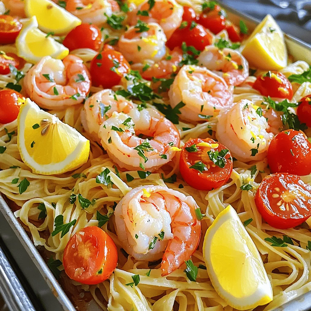 Für dieses leckere Gericht brauchen Sie: - 450 g große Garnelen, geschält und entdarmt - 2 Esslöffel Olivenöl - 4 Knoblauchzehen, fein gehackt - Abgeriebene Schale und Saft von 2 Zitronen - 1 Teelöffel Chiliflocken (nach Geschmack anpassen) - 1 Teelöffel getrockneter Oregano - 1 Teelöffel getrockneter Thymian - Salz und Pfeffer nach Geschmack - 225 g Linguine oder Spaghetti, trocken - 500 g Kirschtomaten, halbiert - Frische Petersilie, gehackt (zum Garnieren) - Zitronenspalten (zum Servieren) Wenn Sie keine frischen Zutaten haben, gibt es tolle Alternativen. Sie können getrocknete Kräuter anstelle von frischen verwenden. Die Menge sollte ein Drittel betragen. Auch TK-Garnelen sind eine Option. Achten Sie darauf, sie vorher gut abzutropfen. Für die Zitronen können Sie auch Zitronensaft aus der Flasche nutzen. Frisch ist jedoch immer besser! Wählen Sie große Garnelen für den besten Biss. Achten Sie auf die Farbe. Frische Garnelen sind leicht rosa oder grau. Sie sollten fest und glänzend sein. Vermeiden Sie Garnelen, die einen fischigen Geruch haben. Fragen Sie im Geschäft nach der Herkunft. Nachhaltige Quellen sind wichtig. So unterstützen Sie die Umwelt und erhalten die beste Qualität. Zuerst machen wir die Marinade für die Garnelen. In einer großen Schüssel mischen wir die folgenden Zutaten: - 2 Esslöffel Olivenöl - 4 fein gehackte Knoblauchzehen - Abgeriebene Schale und Saft von 2 Zitronen - 1 Teelöffel Chiliflocken - 1 Teelöffel getrockneter Oregano - 1 Teelöffel getrockneter Thymian - Salz und Pfeffer nach Geschmack Rühren Sie alles gut um. Die Garnelen geben wir in die Marinade. Wir stellen sicher, dass sie gleichmäßig bedeckt sind. Lassen Sie sie für 15 Minuten marinieren. So nehmen sie den vollen Geschmack auf. Jetzt bereiten wir das Blech vor. Legen Sie die trockenen Linguine in die Mitte des großen Blechpans. Dann kommen die marinierten Garnelen oben drauf. Streuen Sie die halbierten Kirschtomaten rundherum. Das sieht nicht nur gut aus, sondern schmeckt auch toll! Träufeln Sie die restliche Marinade über die Garnelen und die Pasta. Gießen Sie 1 Liter Wasser über alles im Blech. Dies hilft, die Pasta beim Backen zu kochen. Jetzt heizen wir den Ofen auf 200°C vor. Schieben Sie das Blech in den Ofen und backen Sie es für 15 bis 20 Minuten. Während des Backens einmal umrühren. So garen die Garnelen gleichmäßig und die Pasta wird weich. Achten Sie darauf, dass die Garnelen rosa sind und gut durchgegart. Nach dem Backen nehmen Sie das Blech heraus. Garnieren Sie das Gericht mit frischer, gehackter Petersilie. Servieren Sie es direkt aus dem Blech, schön einfach und lecker! Um den Garnelen einen tollen Geschmack zu geben, ist das Marinieren wichtig. Mische Olivenöl, Knoblauch, Zitronensaft und Gewürze in einer Schüssel. Lege die Garnelen in die Marinade und lasse sie etwa 15 Minuten ziehen. So nehmen die Garnelen die Aromen gut auf. Wenn du Zeit hast, kannst du sie sogar länger marinieren. Das macht die Garnelen noch schmackhafter. Für die beste Pasta ist es wichtig, die richtige Menge Wasser zu verwenden. Gieße einen Liter Wasser über die Linguine auf dem Blech. Achte darauf, dass die Pasta gut bedeckt ist. Während des Backens wird die Pasta weich und nimmt den Geschmack der anderen Zutaten auf. Rühre die Mischung einmal zur Halbzeit um. So wird alles gleichmäßig gegart. Heize den Ofen auf 200°C vor. Diese Temperatur ist ideal, um die Garnelen perfekt zu garen. Backe die Mischung 15 bis 20 Minuten. Die Garnelen sollten rosa und zart sein, während die Pasta al dente bleibt. Achte darauf, die Mischung einmal umzurühren, damit alles gleichmäßig gart. So erhältst du ein leckeres und harmonisches Gericht. {{image_4}} Wenn Sie die Garnelen weglassen möchten, können Sie eine leckere vegetarische Variante machen. Statt Garnelen können Sie gebratene Zucchini oder Pilze verwenden. Diese Optionen geben der Pasta einen tollen Geschmack. Sie können auch einen Mix aus verschiedenen Gemüsesorten nehmen, um die Nährstoffe zu erhöhen. Brokkoli oder Paprika passen gut dazu. Dann marinieren Sie das Gemüse einfach mit der gleichen Marinade. Wenn Sie es schärfer mögen, fügen Sie mehr Chiliflocken hinzu. Sie können auch frische Chilis verwenden für einen intensiveren Kick. Wenn Sie mildere Aromen bevorzugen, lassen Sie die Chiliflocken ganz weg. Stattdessen können Sie mehr Kräuter wie Basilikum oder Dill verwenden. Diese geben der Mischung einen frischen Geschmack, ohne die Schärfe. Die Wahl des Gemüses kann den Geschmack stark beeinflussen. Kirschtomaten sind fantastisch, aber Sie können auch andere Sorten verwenden. Probieren Sie grüne Bohnen oder Spargel für mehr Crunch. Auch Erbsen sind eine süße Ergänzung. Stellen Sie sicher, dass das Gemüse gleichmäßig geschnitten ist, damit es gleichmäßig gart. So bleibt alles schön knackig. Wenn du Reste von Blech-Pfanne Zitronen Kräuter Garnelen Scampi hast, bewahre sie in einem luftdichten Behälter auf. Lass das Gericht zuerst auf Raumtemperatur abkühlen. Dann, decke den Behälter gut ab und stelle ihn in den Kühlschrank. So bleiben die Garnelen frisch und saftig. Du kannst sie bis zu drei Tage lang aufbewahren. Um die Reste aufzuwärmen, gibt es einige einfache Methoden. Du kannst die Garnelen und Pasta in einem Topf auf niedriger Hitze erhitzen. Füge einen Spritzer Wasser oder Olivenöl hinzu, um das Gericht feucht zu halten. Alternativ kannst du die Mischung auch in die Mikrowelle geben. Erhitze sie in kurzen Intervallen, damit sie gleichmäßig warm wird. Die Haltbarkeit der Reste ist wichtig. Im Kühlschrank sind sie bis zu drei Tage gut. Wenn du sie länger aufbewahren willst, kannst du sie einfrieren. Stelle sicher, dass die Reste in einem gefrierfesten Behälter sind. Im Gefrierschrank bleiben sie bis zu drei Monate frisch. Achte darauf, sie gut zu beschriften, damit du weißt, was drin ist. Um Garnelen richtig zu reinigen, beginne mit kaltem Wasser. Spüle die Garnelen gründlich ab. Entferne dann die Schale. Halte die Garnele mit einer Hand fest und ziehe die Schale mit der anderen ab. Um den Darm zu entfernen, mache einen kleinen Schnitt entlang des Rückens. Ziehe den dunklen Darmstrang vorsichtig heraus. Achte darauf, dass alle Garnelen gut gereinigt sind, bevor du mit dem Kochen beginnst. Ja, du kannst dieses Rezept im Voraus zubereiten. Marinierte Garnelen schmecken oft besser, wenn sie etwas Zeit haben, sich zu entfalten. Du kannst die Garnelen und die Marinade bis zu zwei Stunden im Voraus zubereiten. Stelle sie dann in den Kühlschrank. Die Pasta und die anderen Zutaten kannst du ebenfalls vorbereiten und im Kühlschrank aufbewahren. Am besten backst du das Gericht frisch, um den besten Geschmack zu erzielen. Du kannst die Gewürze leicht anpassen. Wenn du es schärfer magst, füge mehr Chiliflocken hinzu. Für einen anderen Geschmack kannst du frische Kräuter wie Basilikum oder Dill verwenden. Du kannst auch etwas Zitronenpfeffer für zusätzlichen Zing probieren. Sei kreativ und finde die Kombination, die dir am besten gefällt! Zusammenfassend haben wir die besten Zutaten, die Vorbereitung und Tipps für Blech-Pfanne Zitronen Kräuter Garnelen Scampi behandelt. Du kannst frische Zutaten leicht ersetzen und die Garnelen richtig auswählen. Das Marinieren bringt mehr Geschmack. Variationen und Lagerungstipps helfen dir, Reste sinnvoll zu nutzen. Experimentiere mit Aromen und Zutaten, um dein Gericht zu personalisieren. So machst du ein einfaches Rezept zu etwas Einzigartigem, das immer wieder gelingt.