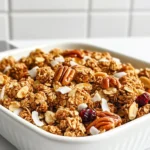 Für die Ahorn-Pekan-Granola-Cluster brauche ich einige Hauptzutaten. Diese sind: - 2 Tassen Haferflocken - 1 Tasse Pekannüsse, grob gehackt - 1/2 Tasse Mandeln, grob gehackt - 1/2 Tasse ungesüßte Kokosnussflocken - 1/2 Teelöffel Zimt - 1/4 Teelöffel Salz - 1/2 Tasse reiner Ahornsirup - 1/4 Tasse Kokosöl, geschmolzen - 1 Teelöffel Vanilleextrakt Diese Zutaten sind wichtig, um den besten Geschmack zu erzielen. Haferflocken geben eine tolle Basis. Pekannüsse und Mandeln fügen einen knackigen Biss hinzu, während Kokosnuss etwas Süße bringt. Ich mag es, meine Granola-Cluster anzupassen. Eine optionale Zutat ist: - 1/2 Tasse getrocknete Cranberries Sie bringen eine fruchtige Note und mehr Farbe. Du kannst auch andere Trockenfrüchte oder Samen hinzufügen, um den Geschmack zu ändern. Jetzt zu den Nährwerten. Diese Zutaten sind nicht nur lecker, sondern auch gesund. - Haferflocken sind reich an Ballaststoffen. Sie helfen, dich lange satt zu halten. - Pekannüsse und Mandeln bieten gesunde Fette und Eiweiß. Diese Nüsse fördern die Herzgesundheit. - Kokosnuss hat MCT-Fette, die schnell Energie liefern. - Ahornsirup ist eine natürliche Süße, die Antioxidantien enthält. Insgesamt sind diese Granola-Cluster eine gesunde Snack-Idee. Sie sind voll von Nährstoffen und schmecken fantastisch! Zuerst heizen Sie Ihren Ofen auf 175°C vor. Das sorgt dafür, dass die Granola-Cluster gleichmäßig backen. Nehmen Sie ein Backblech und legen Sie es mit Backpapier aus. So kleben die Cluster nicht fest. In einer großen Schüssel mischen Sie die trockenen Zutaten. Geben Sie dazu 2 Tassen Haferflocken, 1 Tasse grob gehackte Pekannüsse, 1/2 Tasse grob gehackte Mandeln, 1/2 Tasse Kokosnussflocken, 1/2 Teelöffel Zimt und 1/4 Teelöffel Salz hinein. Rühren Sie alles gut um, damit die Zutaten gleichmäßig verteilt sind. In einer anderen Schüssel vermengen Sie die feuchten Zutaten. Gießen Sie 1/2 Tasse Ahornsirup, 1/4 Tasse geschmolzenes Kokosöl und 1 Teelöffel Vanilleextrakt zusammen. Verquirlen Sie diese Mischung gut. Dann gießen Sie die feuchten Zutaten über die trockenen Zutaten. Rühren Sie alles gut um, bis die trockenen Zutaten gleichmäßig bedeckt sind. Verteilen Sie die Mischung gleichmäßig auf dem Backblech. Drücken Sie die Mischung fest zusammen, damit Cluster entstehen. Backen Sie die Mischung für 20 bis 25 Minuten. Rühren Sie die Mischung zur Hälfte um, um ein gleichmäßiges Backen zu erreichen. Achten Sie darauf, dass sie nicht verbrennt. Nach dem Backen nehmen Sie das Blech aus dem Ofen. Lassen Sie die Mischung auf dem Blech vollständig abkühlen. Während des Abkühlens wird die Mischung fester. Nach dem Abkühlen können Sie die Cluster brechen und, falls gewünscht, getrocknete Cranberries hinzufügen. Um perfekte Granola-Cluster zu machen, ist es wichtig, die Mischung gut zu drücken. Nach dem Verteilen auf das Backblech, drücken Sie die Mischung fest zusammen. Wenn die Mischung komprimiert ist, erhalten Sie größere und festere Cluster. Achten Sie darauf, dass die Cluster beim Backen nicht zu nah beieinander liegen. So können sie gleichmäßig bräunen und knusprig werden. Sie können Ihre Granola-Cluster mit verschiedenen Zutaten aufpeppen. Fügen Sie zum Beispiel Schokoladenstückchen oder sogar Erdnüsse hinzu. Getrocknete Früchte wie Aprikosen oder Feigen geben eine süße Note. Auch Gewürze wie Muskat oder Kardamom können interessante Aromen bringen. Lassen Sie Ihrer Kreativität freien Lauf und probieren Sie neue Kombinationen aus. Lagerung ist der Schlüssel für frische Granola-Cluster. Bewahren Sie die Cluster in einem luftdichten Behälter auf. So bleiben sie bis zu zwei Wochen frisch. Wenn Sie mehr Zeit haben, können Sie sie auch einfrieren. Achten Sie darauf, dass sie gut verpackt sind, um Gefrierbrand zu vermeiden. Vor dem Essen einfach auftauen lassen. {{image_4}} Wenn du Allergien hast, kannst du die Nüsse leicht austauschen. Statt Pekannüssen kannst du Walnüsse oder Sonnenblumenkerne nehmen. Diese Optionen sind nussfrei und lecker. Achte darauf, auch die Kokosnussflocken zu ersetzen, wenn du eine Kokosnussallergie hast. Du kannst sie durch Haferflocken oder andere Flocken ersetzen. So bleibt der Snack sicher und schmackhaft. Die Granola-Cluster sind sehr anpassbar. Du kannst Mandeln durch Cashewkerne ersetzen. Das gibt einen anderen Geschmack. Bei den Trockenfrüchten sind Rosinen oder getrocknete Aprikosen tolle Alternativen. Diese Früchte bringen eine süße Note mit. Du kannst auch verschiedene Nüsse mischen, um neue Geschmäcker zu entdecken. Lass deiner Kreativität freien Lauf! Wenn du es süßer magst, füge mehr Ahornsirup hinzu. Ein zusätzlicher Esslöffel kann viel bewirken. Möchtest du es weniger süß? Nutze weniger Sirup oder ersetze ihn durch Honig oder Agavensirup. So kannst du die Süße nach deinem Geschmack anpassen. Es ist einfach und macht Spaß, mit den Mengen zu spielen! Um die Granola-Cluster frisch zu halten, benutze einen luftdichten Behälter. Ein Glasbehälter oder eine Plastiktüte funktioniert gut. Achte darauf, dass der Behälter gut verschlossen ist, um Luftfeuchtigkeit fernzuhalten. Lagere die Cluster bei Raumtemperatur, nicht im Kühlschrank. Die Granola-Cluster halten sich bis zu zwei Wochen. Nach dieser Zeit können sie weich werden oder ihren Geschmack verlieren. Wenn du länger aufbewahren möchtest, kannst du die Cluster auch einfrieren. Verwende dafür einen gefrierfesten Behälter oder eine Tüte. Sie bleiben bis zu drei Monate frisch im Gefrierschrank. Achte auf folgende Anzeichen, dass die Granola-Cluster nicht mehr gut sind: - Komische Gerüche: Wenn sie ranzig riechen, ist es Zeit, sie wegzuwerfen. - Verfärbungen: Wenn du Farbveränderungen siehst, sind sie wahrscheinlich nicht mehr gut. - Schimmel: Wenn du Schimmel entdeckst, entsorge die Cluster sofort. Mit der richtigen Lagerung bleiben deine Ahorn-Pekan-Granola-Cluster lecker und knackig! Um die Granola-Cluster gesünder zu machen, können Sie einige einfache Änderungen vornehmen. Ersetzen Sie den Ahornsirup durch Honig oder Agavendicksaft. Diese Optionen sind weniger süß. Fügen Sie mehr Samen wie Chiasamen oder Leinsamen hinzu. Diese sind reich an Ballaststoffen und Omega-3-Fettsäuren. Verwenden Sie weniger Kokosöl, um das Fett zu reduzieren. Achten Sie auch darauf, ungesüßte Zutaten zu wählen. So bleibt der Zuckergehalt niedrig und die Nährstoffe bleiben hoch. Ja, Sie können die Nüsse leicht ersetzen. Wenn Sie Allergien haben, verwenden Sie Saaten wie Sonnenblumenkerne oder Kürbiskerne. Diese bieten ebenfalls einen tollen Crunch. Mandeln können durch Cashews oder Haselnüsse ersetzt werden. Pekannüsse lassen sich durch Walnüsse oder Erdnüsse ersetzen. Seien Sie kreativ mit Ihrem Nussmix. Es gibt viele Optionen, die gut schmecken. Die Granola-Cluster halten nach dem Backen bis zu zwei Wochen. Lagern Sie sie in einem luftdichten Behälter. So bleiben sie frisch und knusprig. Achten Sie darauf, sie an einem kühlen, trockenen Ort aufzubewahren. Wenn sie feucht werden, verlieren sie ihre Knusprigkeit. Überprüfen Sie die Cluster regelmäßig auf frische. So genießen Sie sie länger! Die Ahorn-Pekan-Granola-Cluster sind einfach zuzubereiten. Wir haben die wichtigsten Zutaten besprochen, um leckere Cluster zu kreieren. Die Schritt-für-Schritt-Anleitung macht das Backen leicht. Tipps helfen, perfekte Cluster zu formen und die Haltbarkeit zu verlängern. Variationen bieten viele Optionen für alle. Mit den richtigen Lagerinformationen bleibt Ihr Snack frisch. Insgesamt sind diese Cluster eine gesunde und schmackhafte Wahl für jeden. Experimentieren Sie, um Ihre eigene Variante zu finden!