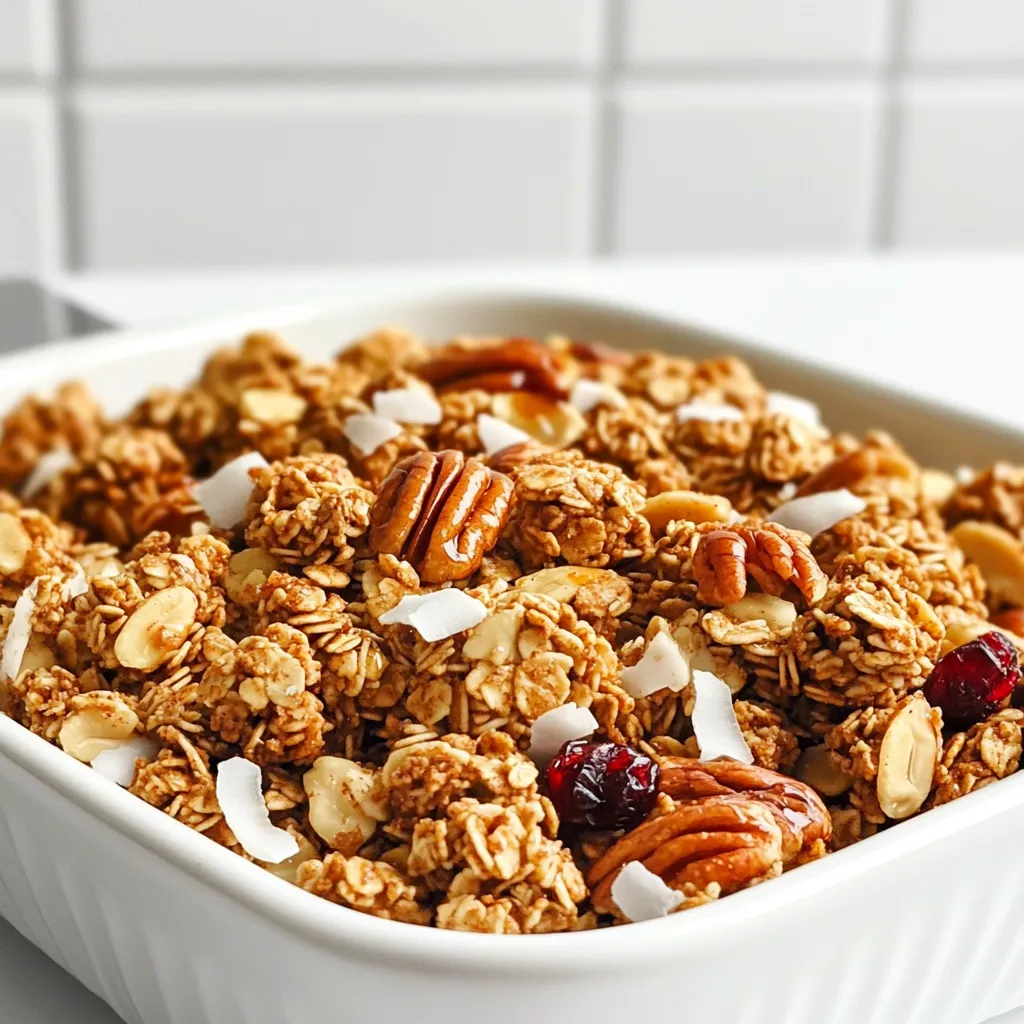 Für die Ahorn-Pekan-Granola-Cluster brauche ich einige Hauptzutaten. Diese sind: - 2 Tassen Haferflocken - 1 Tasse Pekannüsse, grob gehackt - 1/2 Tasse Mandeln, grob gehackt - 1/2 Tasse ungesüßte Kokosnussflocken - 1/2 Teelöffel Zimt - 1/4 Teelöffel Salz - 1/2 Tasse reiner Ahornsirup - 1/4 Tasse Kokosöl, geschmolzen - 1 Teelöffel Vanilleextrakt Diese Zutaten sind wichtig, um den besten Geschmack zu erzielen. Haferflocken geben eine tolle Basis. Pekannüsse und Mandeln fügen einen knackigen Biss hinzu, während Kokosnuss etwas Süße bringt. Ich mag es, meine Granola-Cluster anzupassen. Eine optionale Zutat ist: - 1/2 Tasse getrocknete Cranberries Sie bringen eine fruchtige Note und mehr Farbe. Du kannst auch andere Trockenfrüchte oder Samen hinzufügen, um den Geschmack zu ändern. Jetzt zu den Nährwerten. Diese Zutaten sind nicht nur lecker, sondern auch gesund. - Haferflocken sind reich an Ballaststoffen. Sie helfen, dich lange satt zu halten. - Pekannüsse und Mandeln bieten gesunde Fette und Eiweiß. Diese Nüsse fördern die Herzgesundheit. - Kokosnuss hat MCT-Fette, die schnell Energie liefern. - Ahornsirup ist eine natürliche Süße, die Antioxidantien enthält. Insgesamt sind diese Granola-Cluster eine gesunde Snack-Idee. Sie sind voll von Nährstoffen und schmecken fantastisch! Zuerst heizen Sie Ihren Ofen auf 175°C vor. Das sorgt dafür, dass die Granola-Cluster gleichmäßig backen. Nehmen Sie ein Backblech und legen Sie es mit Backpapier aus. So kleben die Cluster nicht fest. In einer großen Schüssel mischen Sie die trockenen Zutaten. Geben Sie dazu 2 Tassen Haferflocken, 1 Tasse grob gehackte Pekannüsse, 1/2 Tasse grob gehackte Mandeln, 1/2 Tasse Kokosnussflocken, 1/2 Teelöffel Zimt und 1/4 Teelöffel Salz hinein. Rühren Sie alles gut um, damit die Zutaten gleichmäßig verteilt sind. In einer anderen Schüssel vermengen Sie die feuchten Zutaten. Gießen Sie 1/2 Tasse Ahornsirup, 1/4 Tasse geschmolzenes Kokosöl und 1 Teelöffel Vanilleextrakt zusammen. Verquirlen Sie diese Mischung gut. Dann gießen Sie die feuchten Zutaten über die trockenen Zutaten. Rühren Sie alles gut um, bis die trockenen Zutaten gleichmäßig bedeckt sind. Verteilen Sie die Mischung gleichmäßig auf dem Backblech. Drücken Sie die Mischung fest zusammen, damit Cluster entstehen. Backen Sie die Mischung für 20 bis 25 Minuten. Rühren Sie die Mischung zur Hälfte um, um ein gleichmäßiges Backen zu erreichen. Achten Sie darauf, dass sie nicht verbrennt. Nach dem Backen nehmen Sie das Blech aus dem Ofen. Lassen Sie die Mischung auf dem Blech vollständig abkühlen. Während des Abkühlens wird die Mischung fester. Nach dem Abkühlen können Sie die Cluster brechen und, falls gewünscht, getrocknete Cranberries hinzufügen. Um perfekte Granola-Cluster zu machen, ist es wichtig, die Mischung gut zu drücken. Nach dem Verteilen auf das Backblech, drücken Sie die Mischung fest zusammen. Wenn die Mischung komprimiert ist, erhalten Sie größere und festere Cluster. Achten Sie darauf, dass die Cluster beim Backen nicht zu nah beieinander liegen. So können sie gleichmäßig bräunen und knusprig werden. Sie können Ihre Granola-Cluster mit verschiedenen Zutaten aufpeppen. Fügen Sie zum Beispiel Schokoladenstückchen oder sogar Erdnüsse hinzu. Getrocknete Früchte wie Aprikosen oder Feigen geben eine süße Note. Auch Gewürze wie Muskat oder Kardamom können interessante Aromen bringen. Lassen Sie Ihrer Kreativität freien Lauf und probieren Sie neue Kombinationen aus. Lagerung ist der Schlüssel für frische Granola-Cluster. Bewahren Sie die Cluster in einem luftdichten Behälter auf. So bleiben sie bis zu zwei Wochen frisch. Wenn Sie mehr Zeit haben, können Sie sie auch einfrieren. Achten Sie darauf, dass sie gut verpackt sind, um Gefrierbrand zu vermeiden. Vor dem Essen einfach auftauen lassen. {{image_4}} Wenn du Allergien hast, kannst du die Nüsse leicht austauschen. Statt Pekannüssen kannst du Walnüsse oder Sonnenblumenkerne nehmen. Diese Optionen sind nussfrei und lecker. Achte darauf, auch die Kokosnussflocken zu ersetzen, wenn du eine Kokosnussallergie hast. Du kannst sie durch Haferflocken oder andere Flocken ersetzen. So bleibt der Snack sicher und schmackhaft. Die Granola-Cluster sind sehr anpassbar. Du kannst Mandeln durch Cashewkerne ersetzen. Das gibt einen anderen Geschmack. Bei den Trockenfrüchten sind Rosinen oder getrocknete Aprikosen tolle Alternativen. Diese Früchte bringen eine süße Note mit. Du kannst auch verschiedene Nüsse mischen, um neue Geschmäcker zu entdecken. Lass deiner Kreativität freien Lauf! Wenn du es süßer magst, füge mehr Ahornsirup hinzu. Ein zusätzlicher Esslöffel kann viel bewirken. Möchtest du es weniger süß? Nutze weniger Sirup oder ersetze ihn durch Honig oder Agavensirup. So kannst du die Süße nach deinem Geschmack anpassen. Es ist einfach und macht Spaß, mit den Mengen zu spielen! Um die Granola-Cluster frisch zu halten, benutze einen luftdichten Behälter. Ein Glasbehälter oder eine Plastiktüte funktioniert gut. Achte darauf, dass der Behälter gut verschlossen ist, um Luftfeuchtigkeit fernzuhalten. Lagere die Cluster bei Raumtemperatur, nicht im Kühlschrank. Die Granola-Cluster halten sich bis zu zwei Wochen. Nach dieser Zeit können sie weich werden oder ihren Geschmack verlieren. Wenn du länger aufbewahren möchtest, kannst du die Cluster auch einfrieren. Verwende dafür einen gefrierfesten Behälter oder eine Tüte. Sie bleiben bis zu drei Monate frisch im Gefrierschrank. Achte auf folgende Anzeichen, dass die Granola-Cluster nicht mehr gut sind: - Komische Gerüche: Wenn sie ranzig riechen, ist es Zeit, sie wegzuwerfen. - Verfärbungen: Wenn du Farbveränderungen siehst, sind sie wahrscheinlich nicht mehr gut. - Schimmel: Wenn du Schimmel entdeckst, entsorge die Cluster sofort. Mit der richtigen Lagerung bleiben deine Ahorn-Pekan-Granola-Cluster lecker und knackig! Um die Granola-Cluster gesünder zu machen, können Sie einige einfache Änderungen vornehmen. Ersetzen Sie den Ahornsirup durch Honig oder Agavendicksaft. Diese Optionen sind weniger süß. Fügen Sie mehr Samen wie Chiasamen oder Leinsamen hinzu. Diese sind reich an Ballaststoffen und Omega-3-Fettsäuren. Verwenden Sie weniger Kokosöl, um das Fett zu reduzieren. Achten Sie auch darauf, ungesüßte Zutaten zu wählen. So bleibt der Zuckergehalt niedrig und die Nährstoffe bleiben hoch. Ja, Sie können die Nüsse leicht ersetzen. Wenn Sie Allergien haben, verwenden Sie Saaten wie Sonnenblumenkerne oder Kürbiskerne. Diese bieten ebenfalls einen tollen Crunch. Mandeln können durch Cashews oder Haselnüsse ersetzt werden. Pekannüsse lassen sich durch Walnüsse oder Erdnüsse ersetzen. Seien Sie kreativ mit Ihrem Nussmix. Es gibt viele Optionen, die gut schmecken. Die Granola-Cluster halten nach dem Backen bis zu zwei Wochen. Lagern Sie sie in einem luftdichten Behälter. So bleiben sie frisch und knusprig. Achten Sie darauf, sie an einem kühlen, trockenen Ort aufzubewahren. Wenn sie feucht werden, verlieren sie ihre Knusprigkeit. Überprüfen Sie die Cluster regelmäßig auf frische. So genießen Sie sie länger! Die Ahorn-Pekan-Granola-Cluster sind einfach zuzubereiten. Wir haben die wichtigsten Zutaten besprochen, um leckere Cluster zu kreieren. Die Schritt-für-Schritt-Anleitung macht das Backen leicht. Tipps helfen, perfekte Cluster zu formen und die Haltbarkeit zu verlängern. Variationen bieten viele Optionen für alle. Mit den richtigen Lagerinformationen bleibt Ihr Snack frisch. Insgesamt sind diese Cluster eine gesunde und schmackhafte Wahl für jeden. Experimentieren Sie, um Ihre eigene Variante zu finden!