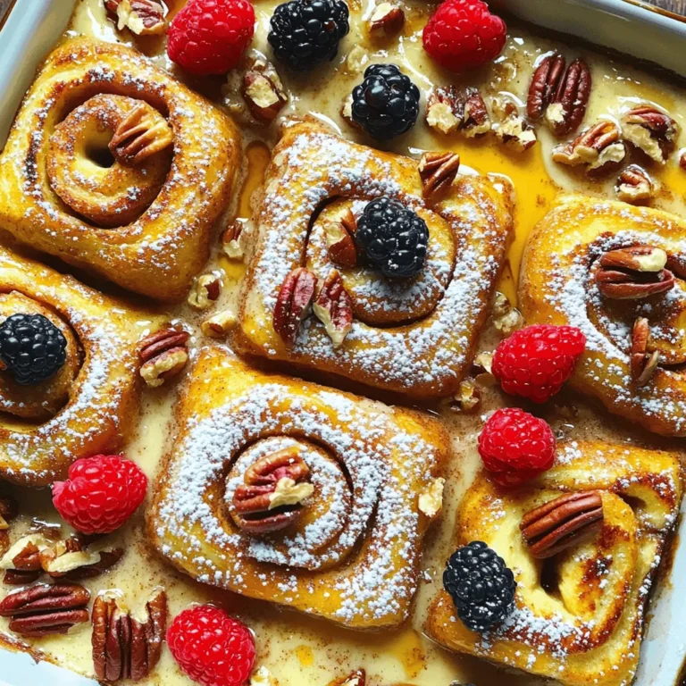 Für diesen Zimtrollen French Toast Auflauf brauchen Sie einige Hauptzutaten. Diese Zutaten machen Ihren Auflauf lecker und reichhaltig. Hier sind die wichtigsten Zutaten: - 2 Dosen gekühlte Zimtschnecken (je 450 g) - 6 große Eier - 240 ml Milch - 120 ml Schlagsahne - 240 ml Ahornsirup (plus zusätzlich zum Servieren) - 1 Esslöffel Vanilleextrakt - 1 Teelöffel gemahlener Zimt - 1/4 Teelöffel Muskatnuss - Eine Prise Salz Diese Zutaten sind einfach zu finden. Sie können sie in jedem Supermarkt kaufen. Sie bilden die Basis für einen tollen Auflauf. Für das Backen des Auflaufs benötigen Sie auch einige Backwaren. Diese helfen, die Zutaten gut zu vermischen und zu backen: - 1 große Auflaufform (23x33 cm) - Ein Spachtel zum Mischen und Drücken - Eine Schüssel für die Eiermischung Die Auflaufform ist wichtig, um den Auflauf gleichmäßig zu backen. Ein Spachtel hilft, die Zimtschnecken gut in der Mischung zu drücken. Optional können Sie einige Zutaten hinzufügen, um den Auflauf noch besser zu machen. Hier sind einige Vorschläge: - 120 g gehackte Pekannüsse oder Walnüsse - Puderzucker zum Bestäuben - Frische Beeren zur Garnierung Die Nüsse geben einen tollen Crunch. Die frischen Beeren bringen Farbe und Frische auf den Teller. Puderzucker sorgt für eine süße Note. Diese Extras machen Ihr Frühstück noch köstlicher! Heizen Sie Ihren Ofen auf 190°C vor. Das sorgt dafür, dass der Auflauf gleichmäßig backt. Fetten Sie eine 23x33 cm große Auflaufform gut ein. Dies verhindert, dass der Auflauf kleben bleibt. Öffnen Sie die Dosen mit den Zimtschnecken. Schneiden Sie jede Rolle in Viertel. Verteilen Sie die Stücke gleichmäßig in der vorbereiteten Auflaufform. So hat jeder Biss ein Stück Zimtschnecke. In einer großen Schüssel schlagen Sie die Eier auf. Fügen Sie Milch, Schlagsahne, Ahornsirup, Vanilleextrakt, Zimt, Muskatnuss und eine Prise Salz hinzu. Rühren Sie alles gut um. Diese Mischung gibt dem Auflauf einen reichhaltigen Geschmack. Gießen Sie die Eiermischung über die Zimtschneckenstücke. Achten Sie darauf, dass alles gut beschichtet ist. Drücken Sie die Stücke leicht nach unten, damit sie die Mischung aufsaugen. Backen Sie den Auflauf 25-30 Minuten. Er sollte goldbraun und durchgegart sein. Lassen Sie den Auflauf nach dem Backen zehn Minuten abkühlen. Servieren Sie ihn warm mit zusätzlichem Ahornsirup und Puderzucker. Garnieren Sie ihn mit frischen Beeren für mehr Farbe. Um die perfekte Konsistenz für Ihren Zimtrollen French Toast Auflauf zu erreichen, achten Sie auf die Eiermischung. Mischen Sie die Eier, Milch und Sahne gut. Es ist wichtig, dass die Mischung gleichmäßig ist. Eine gute Mischung sorgt dafür, dass die Zimtschnecken weich und saftig bleiben. Lassen Sie die Zimtschnecken auch etwas in der Eiermischung ziehen. So nehmen sie mehr Geschmack auf und werden noch besser. Toppings können den Auflauf aufpeppen. Ahornsirup ist ein Klassiker, aber Sie können auch andere Optionen ausprobieren. Puderzucker bringt Süße und sieht gut aus. Frische Beeren geben Farbe und Frische. Sie können auch gehackte Nüsse hinzufügen. Sie geben einen schönen Crunch. Überlegen Sie, was Ihnen am besten schmeckt. Experimentieren Sie mit verschiedenen Kombinationen. Ein häufiger Fehler ist, den Auflauf zu lange zu backen. Achten Sie darauf, dass er goldbraun ist, aber nicht zu dunkel wird. Überprüfen Sie den Auflauf nach 25 Minuten. Ein weiterer Fehler ist, die Zimtschnecken nicht gut in der Eiermischung zu wenden. Stellen Sie sicher, dass sie gleichmäßig beschichtet sind. So werden sie gleichmäßig gebacken und bleiben lecker. {{image_4}} Für den veganen Genuss können Sie einige Zutaten ersetzen. Verwenden Sie pflanzliche Milch wie Mandel- oder Hafermilch. Statt Eier nehmen Sie eine Mischung aus Chiasamen und Wasser. Das funktioniert gut. Die Zimtschnecken können auch vegan sein. Achten Sie darauf, dass sie keine tierischen Produkte enthalten. So bleibt der Auflauf lecker und pflanzlich. Wenn Sie eine glutenfreie Diät haben, gibt es gute Optionen. Suchen Sie nach glutenfreien Zimtschnecken in Ihrem Supermarkt. Diese sind oft in speziellen Regalen zu finden. Für die Eiermischung bleibt die Rezeptur gleich. Die anderen Zutaten sind meist glutenfrei. So genießen Sie den Auflauf ohne Sorgen. Sie können kreativ sein und neue Geschmäcker hinzufügen. Schokolade macht alles besser! Fügen Sie einige Schokoladenstückchen zwischen die Zimtschnecken. Auch Früchte sind eine tolle Idee. Himbeeren oder Bananen passen gut. Einfach die Stücke gleichmäßig verteilen. Das macht den Auflauf fruchtig und noch schmackhafter. Sie sollten den Rest des Zimtrollen French Toast Auflaufs in einem luftdichten Behälter aufbewahren. So bleibt er frisch. Lasse den Auflauf zuerst abkühlen, bevor du ihn einpackst. Im Kühlschrank hält er sich bis zu fünf Tage. Das ist praktisch, wenn du ihn später genießen möchtest. Wenn du den Auflauf länger aufbewahren willst, kannst du ihn einfrieren. Schneide ihn in Portionen und lege sie in einen gefrierfesten Behälter. So bleibt der Geschmack erhalten. Du kannst den Auflauf bis zu drei Monate im Gefrierfach lassen. Achte darauf, ihn gut zu verpacken, damit keine Luft eindringt. Um den Auflauf wieder aufzuwärmen, nimm ihn aus dem Kühlschrank oder Gefrierfach. Bei Zimmertemperatur sollte er etwa 30 Minuten auftauen. Heize den Ofen auf 160 °C vor. Lege den Auflauf in eine Auflaufform. Decke ihn mit Alufolie ab, um ein Austrocknen zu vermeiden. Backe ihn etwa 15 bis 20 Minuten, bis er warm ist. Du kannst auch die Mikrowelle nutzen, um ihn schneller zu erwärmen. Achte darauf, ihn in kurzen Intervallen zu erwärmen, damit er gleichmäßig warm wird. Sie können den Auflauf bis zu 24 Stunden im Voraus zubereiten. Schneiden Sie die Zimtschnecken und bereiten Sie die Eiermischung vor. Stellen Sie die Mischung dann in den Kühlschrank. Das macht das Frühstück am nächsten Tag einfach und schnell. Ja, das können Sie tun! Lassen Sie den Auflauf über Nacht im Kühlschrank stehen. Dies hilft, die Aromen gut zu verbinden. Denken Sie daran, ihn vor dem Backen auf Raumtemperatur kommen zu lassen. So wird er gleichmäßiger gar. Wenn Sie keine Zimtschnecken haben, können Sie andere süße Brötchen verwenden. Brioche oder Schokoladenbrötchen sind tolle Alternativen. Diese Brötchen geben dem Auflauf einen anderen, aber leckeren Geschmack. Seien Sie kreativ mit Ihren Zutaten! In diesem Beitrag haben wir die besten Zutaten für deinen Zimtschnecken-Auflauf vorgestellt. Du hast gelernt, wie man ihn Schritt für Schritt zubereitet. Ich habe auch Tipps für perfekte Konsistenz und nützliche Variationen gegeben. Denk daran, wie du ihn richtig lagerst, um den besten Geschmack zu behalten. Probiere verschiedene Toppings aus und genieße die verschiedenen Optionen. Backen kann Spaß machen, wenn du die richtigen Schritte kennst. Bereite dich vor und leg los!