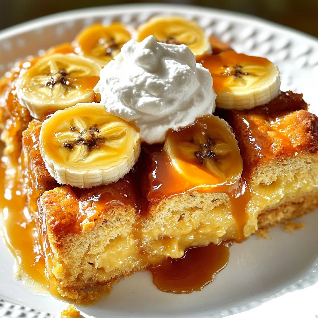 Für den perfekten karamellisierten Bananen-Brotpudding brauchst du: - 4 große, reife Bananen, in Scheiben geschnitten - 2 Esslöffel Butter - 1 Tasse brauner Zucker - 1 Teelöffel Vanilleextrakt - 6 Tassen altbackenes Brot (wie Brioche oder Challah), gewürfelt - 4 große Eier - 2 Tassen Vollmilch - 1 Teelöffel Zimt - Eine Prise Salz - Schlagsahne oder Vanilleeis, zum Servieren Diese Zutaten sind einfach zu finden und machen deinen Pudding besonders lecker. Die reifen Bananen bringen die Süße und den Geschmack, die wir lieben. Wenn du die besten Zutaten auswählst, wirkt sich das auf den Geschmack aus. Hier sind einige Tipps: - Wähle reife Bananen. Sie sollten leicht braun sein. Das macht sie süßer. - Nutze frische Eier. Sie geben dem Pudding eine gute Struktur. - Achte auf die Qualität der Butter. Bio-Butter hat mehr Geschmack. - Brauner Zucker sorgt für einen reichhaltigen Karamellgeschmack. Verwende keinen weißen Zucker. Wenn du diese Tipps befolgst, wird dein Brot-Pudding noch besser. Wenn du bestimmte Zutaten nicht hast, gibt es Alternativen: - Statt Brioche kannst du auch Toastbrot verwenden. - Für eine vegane Option kannst du Pflanzenmilch und Apfelmus statt Eier nehmen. - Verwende Kokosblütenzucker statt braunem Zucker für einen anderen Geschmack. - Du kannst auch andere Früchte wie Äpfel oder Beeren hinzufügen. Mit diesen Alternativen bleibt dein Rezept flexibel und lecker. Heize deinen Ofen auf 175°C vor. Das ist wichtig, damit der Pudding gleichmäßig backt. Nimm eine Auflaufform, etwa 23x33 cm groß, und fette sie gut ein. So klebt der Pudding nicht fest. Stelle die Form beiseite, bis du bereit bist, die Mischung hineinzugeben. In einer Pfanne erhitze zwei Esslöffel Butter bei mittlerer Hitze. Wenn die Butter schmilzt, füge die in Scheiben geschnittenen Bananen hinzu. Brate die Bananen für zwei bis drei Minuten, bis sie weich sind. Dann streue einen Tasse braunen Zucker über die Bananen. Rühre vorsichtig, damit der Zucker gleichmäßig verteilt wird. Lass die Mischung für drei bis fünf Minuten köcheln, bis sie karamellisiert. Die Bananen sollten golden werden und ein Sirup bildet sich. Nimm die Pfanne vom Herd und lass die Mischung ein paar Minuten abkühlen. In einer großen Schüssel verquirle vier Eier. Füge zwei Tassen Vollmilch, einen Teelöffel Vanilleextrakt, einen Teelöffel Zimt und eine Prise Salz hinzu. Mische alles gut. Jetzt kommt der spannende Teil: Gib die gewürfelten Brotwürfel in die Eiermischung. Rühre vorsichtig, damit alle Stücke gut durchtränkt sind. Mische dann die karamellisierten Bananen unter. Wenn du magst, behalte ein paar Bananenscheiben für die Garnitur zurück. Gieße die Mischung in die vorbereitete Auflaufform. Verteile sie gleichmäßig. Jetzt kannst du den Auflauf in den vorgeheizten Ofen stellen. Backe ihn für 35 bis 40 Minuten. Der Auflauf ist fertig, wenn die Oberseite goldbraun ist. Stecke einen Zahnstocher in die Mitte. Wenn er sauber herauskommt, ist dein Pudding perfekt. Lass ihn etwa zehn Minuten abkühlen, bevor du ihn servierst. Um die Bananen perfekt zu karamellisieren, starte mit reifen Bananen. Wähle Bananen, die viele braune Flecken haben. Das zeigt, dass sie süß sind. Erhitze die Butter immer bei mittlerer Hitze. So verbrennen die Bananen nicht. Streue den braunen Zucker gleichmäßig über die Bananen. Rühre sanft, damit sie nicht zerfallen. Lass die Mischung für 3-5 Minuten kochen, bis sie goldbraun und sirupartig ist. Für eine cremigere Konsistenz nutze mehr Milch oder Sahne. Du kannst auch etwas mehr Eier hinzufügen. Mische alles gut, damit sich die Zutaten verbinden. Lasse die Brotwürfel einige Minuten in der Eiermischung ziehen. So werden sie schön weich. Überprüfe die Mischung, bevor du sie in den Ofen gibst. Sie sollte glatt und gut vermischt sein. Die Präsentation ist wichtig für den Genuss. Serviere den Pudding warm. Beträufle jede Portion mit Karamellsauce. Toppe sie mit einem Klecks Schlagsahne oder einer Kugel Vanilleeis. Das sieht nicht nur gut aus, sondern schmeckt auch toll. Setze ein paar karamellisierte Bananenscheiben oben drauf. So wird dein Dessert zum echten Hingucker! {{image_4}} Möchten Sie Ihrem Bananen-Brotpudding eine besondere Note geben? Fügen Sie Schokolade oder Nüsse hinzu. Sie können Schokoladenstückchen unter die Mischung rühren. Die Schokolade schmilzt und gibt einen tollen Geschmack. Walnüsse oder Pekannüsse passen auch gut dazu. Hacken Sie sie grob und mischen Sie sie mit den Bananen. Diese Zutaten fügen Textur und Geschmack hinzu. Experimentieren Sie mit verschiedenen Sorten, um Ihre Lieblingskombination zu finden. Haben Sie eine Glutenunverträglichkeit? Kein Problem! Nutzen Sie glutenfreies Brot. Es gibt viele gute Optionen im Handel. Suchen Sie nach Broten, die aus Reis- oder Mandelmehl gemacht sind. Diese Brote funktionieren gut in diesem Rezept. Sie können auch selbstgemachtes glutenfreies Brot verwenden. Achten Sie darauf, dass es altbacken ist. So wird der Pudding schön saftig. Lust auf mehr Früchte? Fügen Sie saisonale Früchte zu Ihrem Brot-Pudding hinzu. Äpfel sind eine tolle Wahl im Herbst. Sie können sie in kleine Stücke schneiden und mit den Bananen mischen. Beeren wie Himbeeren oder Heidelbeeren sind im Sommer frisch und lecker. Diese Früchte geben einen fruchtigen Geschmack. Sie sorgen auch für eine schöne Farbe. Probieren Sie verschiedene Kombinationen aus, um neue Geschmäcker zu entdecken. Um den karamellisierten Bananen-Brotpudding frisch zu halten, lassen Sie ihn zuerst abkühlen. Sobald er Raumtemperatur erreicht hat, decken Sie ihn mit Frischhaltefolie oder Aluminiumfolie ab. Sie können ihn auch in einem luftdichten Behälter aufbewahren, um die Feuchtigkeit zu bewahren. Lagern Sie den Pudding im Kühlschrank. So bleibt er länger haltbar. Im Kühlschrank hält der karamellisierte Bananen-Brotpudding etwa 3 bis 5 Tage. Achten Sie darauf, ihn gut abzudecken. Nach dieser Zeit kann der Pudding an Geschmack und Textur verlieren. Wenn Sie ihn länger aufbewahren möchten, können Sie ihn einfrieren. Eingefroren bleibt er bis zu 2 Monate frisch. Um den Pudding aufzuwärmen, nehmen Sie ihn aus dem Kühlschrank oder Gefrierfach. Wenn er gefroren ist, lassen Sie ihn zuerst über Nacht im Kühlschrank auftauen. Zum Aufwärmen geben Sie ihn in den Ofen bei 150°C (300°F). Decken Sie ihn mit Aluminiumfolie ab, damit er nicht austrocknet. Erwärmen Sie ihn für etwa 15 bis 20 Minuten. So bleibt er saftig und lecker. Alternativ können Sie ihn auch in der Mikrowelle erwärmen. Geben Sie eine Portion in eine Schüssel und erhitzen Sie sie in kurzen Intervallen. So bleibt der Pudding warm und cremig. Die Zubereitungszeit für diesen Pudding beträgt etwa 15 Minuten. Danach backt er für 35-40 Minuten. Insgesamt sind also etwa 55 Minuten nötig. Diese Zeit lohnt sich, denn das Ergebnis ist köstlich. Ja, du kannst diesen Brot-Pudding im Voraus zubereiten. Bereite ihn einfach bis zur Backzeit vor und stelle ihn im Kühlschrank. Backe ihn dann kurz vor dem Servieren. So bleibt er frisch und lecker. Auf jeden Fall! Dieser Pudding ist ideal für Partys oder Feiertage. Er sieht toll aus und schmeckt einfach himmlisch. Du kannst ihn mit Schlagsahne oder Vanilleeis servieren, um ihn besonders zu machen. Zu diesem Dessert passen viele Beilagen. Hier sind einige Vorschläge: - Schlagsahne für eine cremige Note - Vanilleeis für zusätzliche Süße - Warme Karamellsauce für mehr Geschmack - Frische Früchte wie Beeren oder Bananen zur Garnierung Diese Optionen heben den Geschmack des Puddings hervor und machen ihn noch schmackhafter. Der karamellisierte Bananen-Brotpudding ist einfach und lecker. Wir haben die besten Zutaten gewählt und einfache Tipps zur Zubereitung gegeben. Zudem habe ich Variationen und Lagerungshinweise vorgestellt. Denke daran, die Bananen gut zu karamellisieren und das Dessert schön zu präsentieren. Dies macht jedes Essen besonders. Mit diesen Tricks wird dein Brot-Pudding der Hit auf jedem Tisch. Jetzt bist du bereit, deinen eigenen Pudding zu machen!