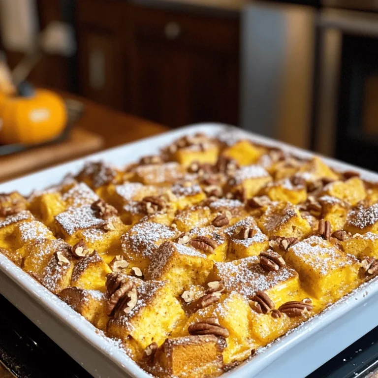 Für diesen Auflauf brauchst du einige Schlüsselzutaten: - 1 Laib Challah- oder Briochebrot, in 2,5 cm große Würfel geschnitten - 4 große Eier - 500 ml Milch - 240 ml reiner Kürbispüree - 60 ml Ahornsirup - 1 Esslöffel Vanilleextrakt - 1 Esslöffel gemahlener Zimt - 1 Teelöffel gemahlene Muskatnuss - 1/2 Teelöffel gemahlener Ingwer - 1/4 Teelöffel Salz - 120 g gehackte Pekannüsse (optional) - Puderzucker zum Bestäuben (optional) Diese Zutaten sorgen für den vollen Geschmack und die schöne Textur des Auflaufs. Der Kürbispüree gibt dem Gericht eine wunderbare Farbe und einen süßen, erdigen Geschmack. Die Gewürze bringen den typischen Herbstgeschmack, den wir alle lieben. Du kannst verschiedene Brotsorten verwenden. - Challah ist süß und weich. - Brioche hat eine reichhaltige Textur. Beide Optionen sind ideal, um die Eiermischung gut aufzunehmen. Du kannst auch anderes Brot wie French Toast Brot oder sogar Vollkornbrot verwenden. Achte darauf, dass das Brot etwas altbacken ist. Frisches Brot nimmt nicht so gut die Flüssigkeit auf. Frisches Kürbispüree ist einfach zu machen. Nimm einen kleinen Hokkaido-Kürbis oder einen Zucker-Kürbis. 1. Heize den Ofen auf 200°C vor. 2. Halbiere den Kürbis und entferne die Kerne. 3. Lege die Hälften mit der Schnittfläche nach unten auf ein Backblech. 4. Backe sie für etwa 30-40 Minuten, bis sie weich sind. 5. Lasse den Kürbis abkühlen und püriere das Fruchtfleisch in einem Mixer. Frisches Püree hat einen intensiveren Geschmack als Dosenpüree. Es ist eine tolle Ergänzung für deinen Auflauf. Heizen Sie Ihren Ofen auf 175°C vor. Fetten Sie eine 23x33 cm große Auflaufform ein. Dies verhindert, dass der Auflauf anklebt. Eine gut vorbereitete Form sorgt für ein einfaches Servieren. Nehmen Sie eine große Schüssel. Verquirlen Sie darin die Eier, die Milch und das Kürbispüree. Fügen Sie den Ahornsirup, den Vanilleextrakt, den Zimt, die Muskatnuss, den Ingwer und das Salz hinzu. Rühren Sie alles gut um, bis es gleichmäßig vermischt ist. Diese Mischung gibt dem Auflauf seinen tollen Geschmack. Schneiden Sie das Brot in 2,5 cm große Würfel. Fügen Sie die Brotwürfel zur Eiermischung hinzu. Stellen Sie sicher, dass alle Stücke gut mit der Mischung überzogen sind. Lassen Sie das Ganze etwa 15 Minuten einweichen. Rühren Sie zwischendurch um, damit das Brot die Flüssigkeit gut aufnimmt. Dies sorgt für eine saftige und schmackhafte Textur. Gießen Sie die Brotmasse in die vorbereitete Auflaufform. Verteilen Sie die Mischung gleichmäßig. Wenn Sie Pekannüsse möchten, heben Sie diese jetzt unter. Backen Sie den Auflauf im Ofen für 35-40 Minuten. Die Oberseite sollte goldbraun sein und die Mitte fest. Lassen Sie den Auflauf nach dem Backen kurz abkühlen. Bestäuben Sie ihn nach Wunsch mit Puderzucker. Um die perfekte Konsistenz zu erreichen, ist es wichtig, die Eier und Milch gut zu vermischen. Diese Mischung sorgt für eine lockere und feuchte Textur. Verwende frische Eier und gute Milch. Das Kürbispüree hilft auch, die Mischung cremig zu machen. Achte darauf, dass das Brot gleichmäßig in der Mischung getränkt ist. Wenn das Brot zu trocken bleibt, wird der Auflauf nicht so lecker. Das Einweichen des Brotes ist ein entscheidender Schritt. Schneide das Brot in gleichmäßige Würfel. So kann die Mischung besser eindringen. Lasse die Brotwürfel mindestens 15 Minuten in der Eiermischung. Rühre gelegentlich um, damit alle Stücke gut durchtränkt sind. Wenn du mehr Zeit hast, lasse das Brot länger einweichen. So wird es noch saftiger. Serviere den Auflauf warm. Das macht ihn besonders lecker. Du kannst ihn mit Puderzucker bestäuben. Das sorgt für eine süße Note. Wenn du magst, füge frische Früchte oder Sahne hinzu. Diese Extras machen den Auflauf festlich und ansprechend. Stelle sicher, dass jeder eine großzügige Portion bekommt. So erfreust du alle Gäste! {{image_4}} Wenn Sie keine Pekannüsse mögen oder allergisch sind, gibt es viele Alternativen. Mandeln sind eine gute Wahl. Sie geben einen nussigen Geschmack und einen netten Crunch. Walnüsse sind auch eine tolle Option. Sie haben einen etwas anderen Geschmack, passen aber gut zu Kürbisgewürz. Für ein wenig Süße können Sie auch geröstete Sonnenblumenkerne verwenden. Für eine glutenfreie Version können Sie glutenfreies Brot verwenden. Es gibt viele leckere Sorten im Handel. Achten Sie darauf, dass das Brot frisch ist. So wird es beim Backen schön weich. Die anderen Zutaten bleiben gleich. Genießen Sie den Auflauf ohne Sorgen. Sie können die Gewürze in diesem Rezept nach Ihrem Geschmack anpassen. Wenn Sie mehr Wärme mögen, fügen Sie etwas mehr Zimt oder Muskatnuss hinzu. Für einen frischen Geschmack können Sie etwas Nelken oder Kardamom ausprobieren. Seien Sie kreativ und finden Sie Ihre perfekte Mischung. Um die Reste von deinem Kürbisgewürz Französisch Toast Auflauf frisch zu halten, lege sie in einen luftdichten Behälter. Achte darauf, dass der Auflauf vollständig abgekühlt ist, bevor du ihn verpackst. So bleibt der Geschmack erhalten, und das Brot wird nicht matschig. Um den Auflauf wieder aufzuwärmen, heize deinen Ofen auf 175°C vor. Lege die Portionen auf ein Backblech und decke sie mit Alufolie ab. Erwärme den Auflauf für etwa 15 bis 20 Minuten. So bleibt er saftig und lecker. Du kannst auch die Mikrowelle verwenden, wenn es schneller gehen soll. Erhitze die Portionen dort für 1 bis 2 Minuten. Im Kühlschrank hält der Auflauf bis zu 3 Tage. Wenn du ihn länger aufbewahren möchtest, kannst du ihn einfrieren. In einem gut verschlossenen Behälter bleibt er bis zu 2 Monate frisch. Achte darauf, ihn gut einzupacken, um Frostschäden zu vermeiden. Wenn du bereit bist, ihn zu genießen, lass ihn im Kühlschrank auftauen und wärme ihn dann wie oben beschrieben auf. Ja, du kannst diesen Auflauf im Voraus zubereiten. Bereite die Mischung einfach am Abend vorher zu. Stelle sicher, dass die Brotwürfel gut in der Eiermischung eingeweicht sind. Decke die Auflaufform dann mit Frischhaltefolie ab. Stelle sie über Nacht in den Kühlschrank. Am nächsten Tag backe den Auflauf wie gewohnt. So sparst du Zeit am Morgen. Du kannst die Süße einfach anpassen. Füge mehr oder weniger Ahornsirup hinzu. Wenn du es süßer magst, verwende bis zu 90 ml. Wenn du es weniger süß willst, reduziere die Menge auf 30 ml. Alternativ kannst du auch Honig oder Agavensirup verwenden. Probiere die Mischung vor dem Backen, um die Süße zu prüfen. Zu diesem Auflauf passen viele Beilagen gut. Obst wie Äpfel oder Birnen ergänzen den Geschmack. Ein Klecks Schlagsahne oder griechischer Joghurt macht das Gericht cremiger. Du kannst auch einen einfachen Fruchtsalat servieren. Diese Beilagen bringen Frische und Farbe auf den Teller. Dieser Blogbeitrag hat wichtige Punkte für den Kürbisgewürz Französisch Toast Auflauf behandelt. Wir haben die Zutaten, die Zubereitung, und nützliche Tipps besprochen. Ich wollte sicherstellen, dass du die besten Variationen und Aufbewahrungsmethoden kennst. Dieser Auflauf ist nicht nur lecker, sondern auch anpassbar. Ich hoffe, du fühlst dich bereit, ihn selbst zu machen. Genieße die Schritte und die Ergebnisse!