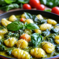 - 450 g Kartoffelgnocchi - 2 Tassen frische Spinatblätter - 1 Tasse Kirschtomaten, halbiert - 240 ml Schlagsahne - 240 ml Gemüsebrühe - 120 ml Basilikumpesto - 2 Esslöffel Olivenöl - 1 Teelöffel Knoblauchpulver - Salz und Pfeffer nach Geschmack - Frische Basilikumblätter zur Garnierung Ich liebe es, mit frischen Zutaten zu kochen. Die Hauptzutaten sind wichtig für den Geschmack. Kartoffelgnocchi bringen eine tolle Textur. Spinat gibt der Speise Farbe und Nährstoffe. Kirschtomaten sorgen für eine süße Note und Frische. Die flüssigen Zutaten machen das Gericht cremig. Schlagsahne sorgt für einen reichen Geschmack. Gemüsebrühe fügt Tiefe hinzu. Basilikumpesto ist das Herzstück und bringt das Aroma. Gewürze wie Knoblauchpulver heben die Aromen hervor. Olivenöl gibt einen schönen Glanz und Geschmack. Salz und Pfeffer sind wichtig, um alles abzurunden. Frische Basilikumblätter als Garnierung machen das Gericht lebendig. Mit diesen Zutaten ist es einfach, eine köstliche Mahlzeit zuzubereiten. Sie sind leicht zu finden und sorgen für Freude beim Kochen. Erhitze zuerst das Olivenöl in einem großen Topf bei mittlerer Hitze. Füge dann die frischen Spinatblätter hinzu. Brate die Blätter für etwa zwei Minuten. Sie sollten zusammenfallen und weich werden. Danach gib die halbierten Kirschtomaten in den Topf. Koche sie für weitere zwei Minuten, bis sie leicht weich sind und ihren Saft abgeben. Gieße nun die Gemüsebrühe und die Schlagsahne in den Topf. Füge einen Teelöffel Knoblauchpulver hinzu. Rühre alles gut um und bringe die Mischung zum Simmern. Die Sauce wird jetzt schön cremig und aromatisch. Gib vorsichtig die Kartoffelgnocchi in die köchelnde Mischung. Koche sie unter gelegentlichem Rühren für drei bis fünf Minuten. Achte darauf, dass sie zart sind und an die Oberfläche schwimmen. Sobald sie gar sind, mische das Basilikumpesto und den geriebenen Parmesan unter die Gnocchi. Rühre, bis die Sauce die Gnocchi gleichmäßig umhüllt. Schmecke das Gericht mit Salz und Pfeffer ab und nimm den Topf vom Herd. - Wie man Gnocchi richtig kocht: Koche die Gnocchi in sprudelndem Wasser. Sie sind fertig, wenn sie an die Oberfläche steigen. Dieser Prozess dauert etwa 3 bis 5 Minuten. - Hinweise zur Konsistenz der Sauce: Die Sauce sollte cremig, aber nicht zu dick sein. Wenn sie zu dick ist, füge etwas Gemüsebrühe hinzu, um sie zu verdünnen. Achte darauf, die Gnocchi gut mit der Sauce zu vermengen. - Weitere Gewürze und Kräuter verwenden: Füge frisch gehackte Kräuter wie Petersilie oder Thymian hinzu. Diese verstärken den Geschmack und bringen frische Aromen. - Alternative Käsesorten ausprobieren: Parmesan ist klassisch, aber probiere auch Pecorino oder Grana Padano. Diese Käse geben dem Gericht einen anderen, aber leckeren Geschmack. - Anrichten und garnieren: Serviere die Gnocchi in tiefen Tellern. Garniere sie mit frischen Basilikumblättern und etwas geriebenem Käse. Das sieht schön aus und gibt einen frischen Kick. - Ideen für die Serviergeschirrwahl: Verwende weiße oder hellfarbige Teller. Diese machen die Farben der Gnocchi und des Gemüses lebendiger und ansprechender. {{image_4}} Sie können Ihre Gnocchi einfach aufpeppen. Fügen Sie mehr Gemüsesorten hinzu. Zum Beispiel, Zucchini, Erbsen oder Paprika. Diese bringen Farbe und Geschmack. Sie können auch den Käse austauschen. Verwenden Sie zum Beispiel Feta oder Mozzarella. So bleibt das Gericht frisch und lecker. Wenn Sie mehr Protein wollen, ist das leicht. Fügen Sie Hähnchen oder Tofu hinzu. Das passt gut zu den Gnocchi. Für Meeresfrüchte-Fans ist Lachs oder Garnelen eine gute Wahl. Diese Optionen machen das Gericht herzhaft und sättigend. Möchten Sie glutenfreie Gnocchi verwenden? Es gibt viele gute Optionen im Laden. Achten Sie darauf, dass sie aus Kartoffeln oder anderen glutenfreien Zutaten bestehen. Bei der Sauce können Sie die Schlagsahne anpassen. Nutzen Sie beispielsweise Kokosmilch oder eine pflanzliche Sahne. So bleibt der Geschmack toll und für jeden geeignet. - Kühlschrank: Du kannst die Reste in einem luftdichten Behälter aufbewahren. Stelle sicher, dass die Gnocchi gut abgekühlt sind, bevor du sie hineinlegst. So bleibt die Frische länger erhalten. Du kannst sie bis zu 3 Tage im Kühlschrank lagern. - Gefrierschrank: Wenn du mehr Reste hast, friere sie einfach ein. Fülle die Gnocchi in gefriergeeignete Behälter. Achte darauf, etwas Platz zu lassen, da sie beim Gefrieren expandieren. Sie halten sich bis zu 3 Monate im Gefrierschrank. - Wie lange halten sich die Reste? Die Reste halten sich bis zu 3 Tage im Kühlschrank. Im Gefrierfach sind sie bis zu 3 Monate haltbar. - Hinweise zur Qualität der Zutaten: Frische Zutaten sorgen für den besten Geschmack. Verwende frischen Spinat und reifen Parmesan. Diese Zutaten beeinflussen die Haltbarkeit. - Beste Methoden zum Aufwärmen: Du kannst die Gnocchi in einer Pfanne bei mittlerer Hitze aufwärmen. Füge etwas Gemüsebrühe oder Sahne hinzu, um die Creme wiederherzustellen. Alternativ kannst du sie auch in der Mikrowelle erwärmen. - Tipps zur Vermeidung von Austrocknung: Decke die Gnocchi beim Erwärmen ab, um Feuchtigkeit zu halten. Achte darauf, sie nicht zu lange zu erhitzen, damit sie nicht zäh werden. Die Zubereitung dauert insgesamt 20 Minuten. Du benötigst 10 Minuten für die Vorbereitung. Die Kochzeit beträgt etwa 10 Minuten. Ja, du kannst das Gericht im Voraus zubereiten. Koche die Gnocchi und die Sauce. Lass sie abkühlen, dann lagere sie im Kühlschrank. Du kannst sie bis zu zwei Tage aufbewahren. Erhitze die Gnocchi vor dem Servieren. Füge frische Spinatblätter und Basilikum kurz vor dem Essen hinzu. Es gibt viele Alternativen zum Basilikumpesto. Du kannst Rucolapesto oder Spinatpesto verwenden. Walnüsse oder Cashewkerne geben auch guten Geschmack. Wenn du etwas anderes magst, probiere eine Tomatensauce oder eine leichte Sahnesauce. In diesem Beitrag habe ich die köstlichen cremigen Pesto-Gnocchi vorgestellt. Du hast gelernt, welche Zutaten du benötigst, wie du sie zubereitest und welche Variationen möglich sind. Zusätzlich gab es Tipps zur perfekten Zubereitung und Lagerung. Diese Gnocchi sind einfach und vielseitig. Du kannst sie nach deinem Geschmack anpassen. Lass deiner Kreativität freien Lauf und genieße deine Mahlzeit!