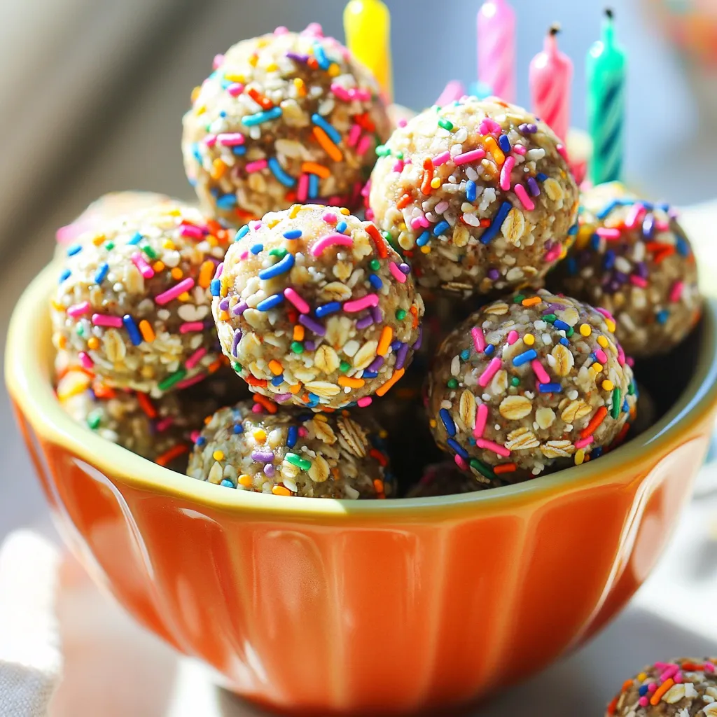 Für die No-Bake Birthday Cake Energy Balls benötigst du folgende Zutaten: - 1 Tasse Haferflocken - 1/2 Tasse Mandelmehl - 1/4 Tasse Ahornsirup - 1/4 Tasse Nussbutter (z. B. Mandel- oder Cashewbutter) - 2 Esslöffel Streusel (plus extra zum Wälzen) - 1 Teelöffel Vanilleextrakt - 1/2 Teelöffel Mandelextrakt - Prise Salz - 1/4 Tasse Mini-Schokoladenstückchen (optional) Diese Zutaten sorgen für einen tollen Geschmack und eine schöne Konsistenz. Die Haferflocken bieten Ballaststoffe. Das Mandelmehl gibt eine nussige Note. Wenn du Allergien hast, gibt es gute Alternativen. Du kannst die Nussbutter durch Sonnenblumenkernbutter ersetzen. Das ist eine gute Wahl für Nussallergiker. Verwende glutenfreie Haferflocken, wenn du glutenfrei essen möchtest. So bleibt das Rezept für viele Menschen zugänglich. Für den besten Geschmack wähle frische Zutaten. Achte auf hochwertige Nussbutter ohne Zusatzstoffe. Bio-Ahornsirup hat einen reicheren Geschmack. Verwende bunte Streusel, um den Energie-Kugeln einen festlichen Look zu geben. Mini-Schokoladenstückchen sind optional, aber sie machen die Kugeln noch leckerer. Zuerst sammeln wir alle Zutaten. Du brauchst Haferflocken, Mandelmehl, Ahornsirup und Nussbutter. Zudem benötigst du Vanille- und Mandelextrakt sowie eine Prise Salz. Mini-Schokoladenstückchen und Streusel sind optional, aber sie machen die Kugeln festlicher. Stelle sicher, dass du eine große Rührschüssel bereit hast. Beginne, indem du die Haferflocken und das Mandelmehl in die Schüssel gibst. Rühre gut um, bis die Mischung gleichmäßig ist. Jetzt füge den Ahornsirup und die Nussbutter hinzu. Gib auch den Vanille- und Mandelextrakt sowie das Salz dazu. Vermische alles mit einem Spaten oder deinen Händen. Du möchtest eine klebrige Masse, die gut zusammenhält. Wenn alles gut vermischt ist, hebe die Streusel und die Schokoladenstückchen unter. Das sorgt für einen tollen Geschmack. Nimm kleine Portionen der Mischung in deine Hände. Forme jede Portion zu einer Kugel von etwa 2,5 cm Durchmesser. Du kannst die Kugeln in zusätzlichen Streuseln wälzen, um sie festlicher zu machen. Lege die fertigen Kugeln auf ein Backblech mit Backpapier. Kühle sie mindestens 30 Minuten, damit sie fest werden. Jetzt sind deine No-Bake Birthday Cake Energy Balls bereit zum Genießen! Um die perfekte Konsistenz zu erhalten, achte auf die Mischung. Die Mischung sollte klebrig, aber nicht zu feucht sein. Wenn sie zu trocken ist, füge mehr Nussbutter oder Ahornsirup hinzu. Wenn sie zu feucht ist, gib etwas mehr Mandelmehl hinzu. Rühre die Zutaten gut um, bis sie gleichmäßig verteilt sind. Die Süße kannst du leicht anpassen. Wenn du es süßer magst, füge mehr Ahornsirup hinzu. Für weniger Süße kannst du die Menge reduzieren. Streusel geben einen tollen Crunch. Du kannst auch verschiedene Nüsse oder Samen hinzufügen, um die Textur zu variieren. Experimentiere mit der Menge der Schokoladenstückchen, um deinen eigenen Geschmack zu treffen. Für besondere Anlässe serviere die Energie-Kugeln in einer bunten Schüssel. Du kannst sie mit festlichen Kerzen dekorieren. Das sieht nicht nur schön aus, sondern macht sie auch zur perfekten Überraschung. Stelle die Kugeln am besten in den Kühlschrank, um sie frisch zu halten. So bleiben sie fest und lecker. {{image_4}} Wenn du gesunde Varianten der No-Bake Birthday Cake Energy Balls machen willst, probiere Kokosmehl. Es hat weniger Kohlenhydrate und mehr Ballaststoffe. Du kannst auch Proteinpulver hinzufügen. Das macht die Bällchen nahrhafter. Verwende auch Honig statt Ahornsirup für einen anderen Geschmack. Diese kleinen Änderungen machen deine Bällchen noch besser! Die Basis der Rezeptur ist vielseitig. Du kannst die Vanille und Mandelextrakte variieren. Probiere zum Beispiel Zimt oder Kakaopulver. Füge zusätzliche Nüsse oder getrocknete Früchte hinzu. Diese Zutaten geben den Bällchen einen neuen Twist. Sie werden immer wieder spannend und lecker. Für Allergiker gibt es tolle Alternativen. Verwende Sonnenblumenkernbutter anstelle von Nussbutter. Das ist nussfrei und schmeckt gut. Du kannst auch glutenfreie Haferflocken wählen. So sind die Bällchen für jeden sicher. Teste verschiedene Optionen, um deine perfekte Mischung zu finden. Um die No-Bake Birthday Cake Energy Balls frisch zu halten, lagere sie im Kühlschrank. Eine luftdichte Box ist ideal. So bleiben sie weich und lecker. Vermeide direkte Sonne oder Wärmequellen. Diese Bedingungen lassen die Kugeln schmelzen oder austrocknen. Du kannst sie auch in ein Tuch wickeln, um die Feuchtigkeit zu halten. Die Energie-Kugeln halten sich bis zu einer Woche im Kühlschrank. Wenn du sie länger aufbewahren möchtest, friere sie ein. Bei richtiger Lagerung bleiben sie bis zu drei Monate frisch. Achte darauf, sie in Portionen zu verpacken. So kannst du nur das auftauen, was du brauchst. Um die Kugeln einzufrieren, lege sie zuerst auf ein Backblech. So frieren sie gleichmäßig und kleben nicht zusammen. Nach ein paar Stunden kannst du sie in einen Gefrierbeutel umfüllen. Vergiss nicht, das Datum aufzuschreiben. Zum Auftauen lasse sie einfach bei Raumtemperatur stehen. Sie sind schnell wieder genussbereit. Die No-Bake Birthday Cake Energy Balls sind im Kühlschrank etwa eine Woche haltbar. Lagern Sie sie in einem luftdichten Behälter. Für längere Haltbarkeit können sie auch eingefroren werden. So bleiben sie bis zu drei Monate frisch. Das Einfrieren ist ideal, wenn Sie einen Vorrat anlegen möchten. Ja, Sie können die Nussbutter ersetzen. Verwenden Sie stattdessen Sonnenblumenkernbutter oder Erdnussbutter. Diese Optionen bieten einen ähnlichen Geschmack und eine gute Konsistenz. Achten Sie darauf, die Konsistenz anzupassen, wenn die neue Butter zu flüssig oder zu fest ist. Ja, diese Energy Balls sind perfekt für Kinder. Sie enthalten gesunde Zutaten wie Haferflocken und Nussbutter. Achten Sie jedoch auf Allergien, besonders bei Nüssen. Die Kugeln sind auch zuckerarm, was sie zu einem guten Snack macht. Die bunten Streusel machen sie zusätzlich attraktiv für Kinder. Die Energie-Kugeln sind einfach zuzubereiten und gesund. Wir haben die besten Zutaten, Tipps und Variationen besprochen. Egal, ob du Allergiker bist oder einfach nur neue Geschmackskombinationen suchen möchtest, es gibt viele Optionen für dich. Die korrekte Lagerung sorgt dafür, dass die Kugeln frisch bleiben. Denk daran, sie auch einzufrieren, wenn du länger Freude daran haben möchtest. Viel Spaß beim Ausprobieren dieser gesunden Snacks!