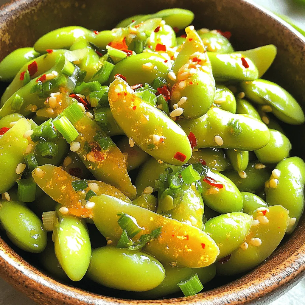 - 2 Tassen gefrorene Edamame (in Schoten) - 2 Esslöffel Olivenöl - 4 Knoblauchzehen, fein gehackt - 1 Teelöffel rote Chiliflocken - 1 Esslöffel Sojasauce - 1 Esslöffel Sesamöl - 1 Teelöffel frischer Limettensaft - Meersalz, nach Geschmack - Geschnittene Frühlingszwiebeln als Garnitur Edamame ist eine tolle Zutat. Sie sind nahrhaft und lecker. In diesem Rezept verwenden wir gefrorene Edamame, da sie schnell und einfach zu kochen sind. Das Olivenöl gibt den Edamame einen tollen Geschmack. Der Knoblauch bringt viel Aroma mit. Ich hacke ihn immer fein, damit er gut verteilt ist. Die roten Chiliflocken fügen die richtige Schärfe hinzu. Du kannst die Menge anpassen, wenn du es weniger scharf magst. Sojasauce und Sesamöl runden die Aromen ab. Der Limettensaft gibt einen frischen Kick. Meersalz sorgt für den letzten Schliff. Wenn du magst, kannst du auch Frühlingszwiebeln als Garnitur verwenden. Sie sehen gut aus und schmecken frisch. Diese Zutaten machen die Minute Spicy Garlic Edamame zu einem echten Genuss. Zuerst bringe ich in einem mittelgroßen Topf Wasser zum Kochen. Es sollte sprudelnd kochen. Dann füge ich 2 Tassen gefrorene Edamame-Schoten hinzu. Ich koche sie etwa 3-5 Minuten, bis sie zart sind. Nach dem Kochen gieße ich die Edamame ab und stelle sie beiseite. Jetzt erhitze ich 2 Esslöffel Olivenöl in einer großen Pfanne bei mittlerer Hitze. Wenn das Öl heiß ist, gebe ich 4 fein gehackte Knoblauchzehen dazu. Ich brate den Knoblauch etwa 1 Minute lang an. Er sollte aromatisch und leicht goldbraun werden, aber nicht verbrennen. Dann füge ich 1 Teelöffel rote Chiliflocken hinzu. Das gibt den Edamame einen tollen Kick. Ich brate die Chiliflocken eine weitere Minute an, um ihr Aroma freizusetzen. Jetzt kommen die gekochten Edamame in die Pfanne. Ich schwenke sie gut, damit sie gleichmäßig mit dem Knoblauch und den Gewürzen überzogen sind. Dann gieße ich 1 Esslöffel Sojasauce und 1 Esslöffel Sesamöl hinein. Ich rühre alles gut um und lasse es 1-2 Minuten zusammen braten. Das gibt den Edamame einen tiefen Geschmack. Zum Schluss träufle ich frischen Limettensaft über die Edamame. Ich schwenke alles erneut und schmecke es mit Meersalz ab. Garniere die Edamame nach Belieben mit geschnittenen Frühlingszwiebeln. Um den Knoblauch perfekt anzubraten, erhitzen Sie das Olivenöl gut. Der Knoblauch sollte goldbraun sein, nicht dunkel. Achten Sie darauf, dass er nicht verbrennt, da verbrannter Knoblauch bitter schmeckt. Rühren Sie oft um, um eine gleichmäßige Bräunung zu erreichen. Die Schärfe können Sie einfach anpassen. Fügen Sie mehr oder weniger Chiliflocken hinzu, je nach Geschmack. Wenn Sie etwas anderes probieren möchten, nutzen Sie auch andere Gewürze. Paprika oder Kreuzkümmel geben einen neuen Geschmack. Die Präsentation ist wichtig. Servieren Sie die Edamame in einer schönen Schüssel. Garnieren Sie das Gericht mit geschnittenen Frühlingszwiebeln für eine frische Note. Farbenfrohe Zutaten machen das Essen noch ansprechender. {{image_4}} Für eine vegane Option kannst du Pflanzenöl nutzen. Es ersetzt das Olivenöl im Rezept. Pflanzenöl hat einen neutralen Geschmack. So bleibt der Knoblauch und die Schärfe im Vordergrund. Du kannst auch Rapsöl oder Sonnenblumenöl verwenden. Beide sind leicht erhältlich und gesund. Möchtest du etwas Neues? Probiere, Ingwer hinzuzufügen! Frischer Ingwer bringt einen tollen, würzigen Geschmack. Du kannst auch andere asiatische Gewürze nutzen. Überlege, ob du fünf Gewürze oder sogar Szechuan-Pfeffer probieren willst. Diese Gewürze geben dem Gericht eine aufregende Note. Wenn du das Gericht sättigender machen willst, füge Tofu oder Hühnchen hinzu. Tofu passt gut zu den Aromen der Edamame. Brate den Tofu einfach in der Pfanne an, bevor du die Edamame hinzufügst. Wenn du Hühnchen magst, kannst du es klein schneiden und ebenfalls anbraten. So wird dein Gericht noch nahrhafter und leckerer. Edamame kann leicht gelagert werden. Wenn du Reste hast, lege sie in einen luftdichten Behälter. Du kannst sie im Kühlschrank aufbewahren. Bei Raumtemperatur sind sie nur kurz haltbar. Kühlschranklagerung hilft, die Frische zu bewahren. So bleiben die Aromen und die Textur besser erhalten. Die Reste von Edamame sind einfach aufzuwärmen. Du kannst sie in der Mikrowelle, in einer Pfanne oder im Dampfgarer aufwärmen. In der Mikrowelle dauert es nur ein bis zwei Minuten. Wenn du eine Pfanne nutzt, erhitze sie kurz bei mittlerer Hitze. Ein Spritzer Wasser kann helfen, die Edamame feucht zu halten. Die Reste sind im Kühlschrank etwa drei Tage haltbar. Achte darauf, sie gut abzudecken. Nach drei Tagen können sie an Geschmack verlieren. Wenn du sie länger aufbewahren möchtest, friere sie ein. Im Gefrierfach halten sie bis zu drei Monate. Die Zubereitung dauert nur 15 Minuten. Die Vorbereitungszeit ist 5 Minuten. Du kochst die Edamame in 3-5 Minuten. Danach bereitest du die Gewürze in der Pfanne vor. Es ist schnell und einfach. Ja, frische Edamame sind eine großartige Wahl. Du musst sie zuerst dämpfen oder kochen. Koche sie etwa 5-7 Minuten, bis sie zart sind. Danach kannst du sie wie gefrorene Edamame verwenden. Der Geschmack wird frisch und lecker sein. Ja, Edamame ist sehr gesund. Sie sind eine gute Quelle für Proteine und Ballaststoffe. Diese kleinen Bohnen enthalten auch Vitamine und Mineralien. Sie sind reich an Antioxidantien. Edamame kann das Herz schützen und den Cholesterinspiegel senken. In diesem Blogpost haben wir über die leckeren würzigen Knoblauch-Edamame gesprochen. Wir haben die Hauptzutaten, Gewürze und Optionen behandelt. Die Schritt-für-Schritt-Anleitung machte die Zubereitung einfach. Ich gab auch Tipps für die perfekte Anröstung von Knoblauch. Experimentiere mit Variationen wie der veganen Version oder asiatischen Gewürzen. Denke daran, Reste gut aufzubewahren. Edamame sind nicht nur lecker, sie sind auch gesund. Jetzt hast du alles, was du brauchst, um dieses Gericht zuzubereiten und zu genießen. Guten Appetit!