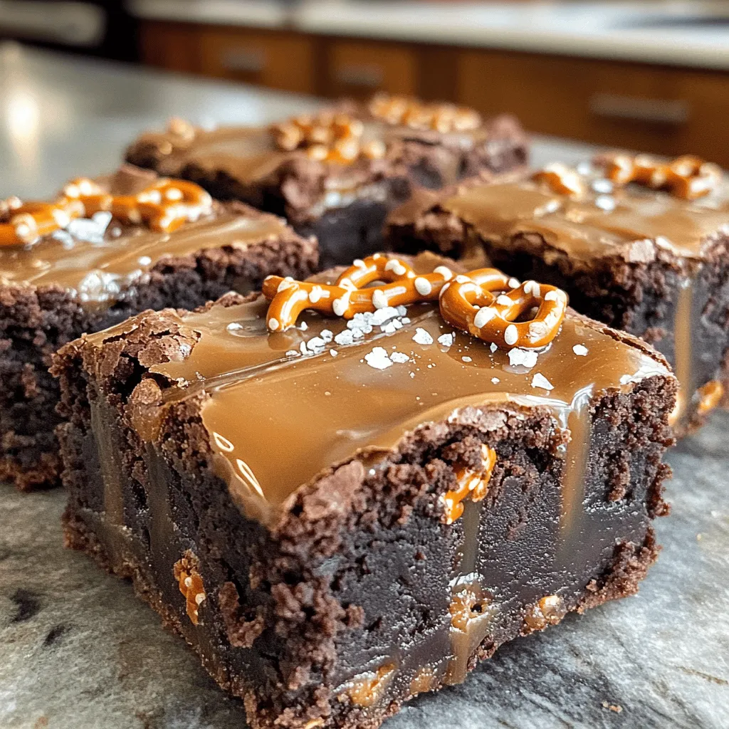 Für die perfekten salzigen Karamell-Brezel-Brownies brauchst du folgende Zutaten: - 1 Tasse ungesalzene Butter (2 Sticks) - 2 Tassen Zucker - 4 große Eier - 1 Teelöffel Vanilleextrakt - 1 Tasse Weizenmehl - 1 Tasse ungesüßtes Kakaopulver - 1 Teelöffel Backpulver - 1/2 Teelöffel Salz - 1 Tasse Schokoladenstückchen - 1 Tasse zerdrückte Brezelstangen - 1 Tasse Karamellsauce (gekauft oder selbstgemacht) - Meersalz zum Bestreuen Jede Zutat bringt ihren eigenen Geschmack und Textur mit. Die Brezeln geben einen tollen Crunch. Um die Brownies zu machen, brauchst du: - Eine große Schüssel - Einen mittleren Topf - Ein Sieb - Einen Spatel - Eine Auflaufform (22x33 cm) - Ein Zahnstocher zum Testen Diese Werkzeuge helfen dir, die Zutaten gut zu mischen und die Brownies gleichmäßig zu backen. Die Karamellsauce ist ein wichtiger Teil des Rezepts. Du kannst sie selbst machen oder kaufen. Wenn du sie selbst machst, achte darauf, dass sie nicht zu flüssig ist. Eine gute Karamellsauce hat einen reichen, süßen Geschmack und passt perfekt zu den Brownies. Meersalz ist auch wichtig, um die Süße auszugleichen. Ein wenig Salz macht die Brownies noch besser. Zuerst heizt du den Ofen auf 175°C vor. Das ist wichtig, damit die Brownies gleichmäßig backen. Fette eine Auflaufform (22x33 cm) gut ein. Alternativ kannst du sie mit Backpapier auslegen. Lass das Papier an den Seiten überlappen. So kannst du die Brownies später leichter herausnehmen. Nimm einen mittleren Topf und schmelze die Butter bei niedriger Hitze. Achte darauf, dass die Butter nicht anbrennt. Nach dem Schmelzen nimm den Topf vom Herd. Jetzt fügst du den Zucker hinzu. Rühre gut, bis die Mischung glatt ist. Lass die Mischung kurz abkühlen, bevor du die Eier hinzufügst. Gib die Eier nacheinander dazu und verrühre alles gut. Zum Schluss kommt der Vanilleextrakt in die Mischung. Nimm eine große Schüssel und siebe die trockenen Zutaten hinein. Das sind Mehl, Kakaopulver, Backpulver und Salz. Mische alles gut. Jetzt kombinierst du die flüssige Mischung mit den trockenen Zutaten. Gieße die flüssige Mischung langsam dazu. Rühre gerade so lange, bis alles vermischt ist. Es ist wichtig, nicht zu viel zu rühren. Füge die Schokoladenstückchen und die zerdrückten Brezeln vorsichtig hinzu. Gieße die Hälfte des Brownie-Teigs in die vorbereitete Form. Glätte die Oberfläche mit einem Spatel. Drizzeln die Hälfte der Karamellsauce gleichmäßig über den Teig. Dann gib den restlichen Teig auf die Karamellschicht. Marmorieren den restlichen Karamell mit einem Messer, um ein hübsches Muster zu erzeugen. Backe die Brownies im vorgeheizten Ofen für 25-30 Minuten. Um zu prüfen, ob sie fertig sind, stecke einen Zahnstocher in die Mitte. Wenn er mit wenigen feuchten Krümeln herauskommt, sind die Brownies fertig. Lass sie mindestens 15 Minuten in der Form abkühlen. Bestreue sie dann mit etwas Meersalz. Jetzt kannst du sie in Quadrate schneiden und genießen! Ein häufiger Fehler ist das Übermixen des Teigs. Wenn du die nassen und trockenen Zutaten kombinierst, rühre nur so lange, bis alles gerade vermischt ist. Zu viel Rühren macht die Brownies zäh. Ein weiterer Fehler ist das Backen zu lange. Achte darauf, den Zahnstocher-Test richtig zu machen. Der Zahnstocher sollte mit ein paar feuchten Krümeln herauskommen, nicht mit flüssigem Teig. Für perfekte Brownies ist die Konsistenz wichtig. Sie sollten innen weich und fudgy sein und außen eine leichte Kruste haben. Lass die Brownies nach dem Backen abkühlen, damit sie fester werden. Warm servieren macht sie besonders lecker. Verwende beste Zutaten für den besten Geschmack. Hochwertige Schokolade macht einen großen Unterschied. Auch die Karamellsauce sollte von guter Qualität sein, egal ob gekauft oder selbstgemacht. Achte darauf, frische Eier und echte Vanille zu verwenden. Dies hebt das gesamte Gericht auf ein neues Level. {{image_4}} Möchtest du eine glutenfreie Variante der Brezel-Brownies? Du kannst einfach glutenfreies Mehl verwenden. Achte darauf, dass das Mehl gut für Backen geeignet ist. Viele Marken bieten glutenfreies Mehl an, das 1:1 ersetzt werden kann. Damit bleiben die Brownies lecker und fluffig! Du kannst die Brownies mit verschiedenen Toppings verfeinern. Nüsse sind eine tolle Ergänzung. Walnüsse oder Pekannüsse passen gut. Auch Schokoladenstückchen in verschiedenen Sorten sind eine gute Idee. Dunkle Schokolade oder weiße Schokolade bringen einen neuen Geschmack. Möchtest du deine eigene Karamellsauce machen? Das geht einfach und schnell! Du brauchst nur Zucker, Butter und Sahne. Erhitze den Zucker in einem Topf, bis er schmilzt und goldbraun wird. Füge die Butter hinzu und rühre gut. Dann gieße die Sahne hinein und rühre weiter. Lass die Sauce abkühlen und verwende sie für die Brownies. So wird dein Dessert noch persönlicher! Für die besten Ergebnisse bewahre ich die Brownies in einem luftdichten Behälter auf. So bleiben sie frisch und saftig. Ich lege ein Stück Backpapier zwischen die Schichten, um ein Festkleben zu verhindern. Wenn du die Brownies länger aufbewahren möchtest, kannst du sie auch einzeln in Frischhaltefolie wickeln. Das schützt sie vor Luft und Feuchtigkeit. Im Kühlschrank halten die Brownies bis zu einer Woche. Achte darauf, sie gut verpackt zu halten. Im Gefrierfach halten sie bis zu drei Monate. Lasse die Brownies zuerst vollständig abkühlen, bevor du sie einfrierst. Wenn du sie wieder auftauen möchtest, lasse sie über Nacht im Kühlschrank auftauen. So bleibt die Textur erhalten. Um die Brownies wieder aufzuwärmen, lege sie für 10 bis 15 Sekunden in die Mikrowelle. Das macht sie schön weich und schmelzend. Alternativ kannst du sie im Ofen bei 160 °C für etwa 5 Minuten aufwärmen. So bleiben sie frisch und lecker. Füge etwas zusätzliche Karamellsauce hinzu, um den Geschmack zu verstärken. Um Karamell selbst zu machen, brauchst du nur Zucker und Wasser. Erhitze sie in einem Topf bei mittlerer Hitze. Rühre nicht um, bis der Zucker schmilzt. Lass den Zucker leicht braun werden. Achte darauf, dass er nicht anbrennt. Für eine cremigere Konsistenz kannst du etwas Sahne hinzufügen, nachdem das Karamell abgekühlt ist. Dies macht den Karamell perfekt für die Brownies. Ja, du kannst andere Snacks verwenden. Zum Beispiel kannst du zerdrückte Kekse oder Nüsse nehmen. Diese geben den Brownies eine andere Textur. Achte darauf, dass die Snacks salzig sind. Das macht den Geschmack noch besser. Brezeln sind perfekt, aber andere Optionen sind auch lecker. Die Brownies bleiben frisch für etwa eine Woche. Lagere sie in einem luftdichten Behälter. So bleiben sie weich und schokoladig. Du kannst sie auch im Kühlschrank aufbewahren. Wenn du sie länger aufbewahren möchtest, friere sie ein. So halten sie bis zu drei Monate. - Ist eine vegane Version dieser Brownies möglich? Ja, du kannst eine vegane Version machen. Ersetze die Butter durch pflanzliche Margarine. Verwende Leinsamen oder Apfelmus anstelle der Eier. Achte auch auf vegane Schokoladenstückchen. Es gibt viele Optionen, die genauso gut schmecken. - Können die Brownies im Voraus zubereitet werden? Ja, du kannst die Brownies im Voraus zubereiten. Bereite sie einfach einen Tag vorher vor. Lass sie nach dem Backen gut abkühlen. Dann kannst du sie im Kühlschrank aufbewahren. So hast du sie bereit, wenn du sie brauchst. Die Zutaten und Schritte für perfekte Brownies liegen nun vor dir. Du weißt, wie man sie zubereitet und welche Tricks dir helfen. Variationen bieten dir viele Möglichkeiten, deinen Brownies einen eigenen Twist zu geben. Nicht zu vergessen die besten Lagerungsmethoden, um sie frisch zu halten. Vergiss nicht: Hochwertige Zutaten machen den Unterschied! Probiere deine eigenen Ideen aus und genieße jeden Bissen. Lass deine Küche leuchten mit köstlichen Brownies!