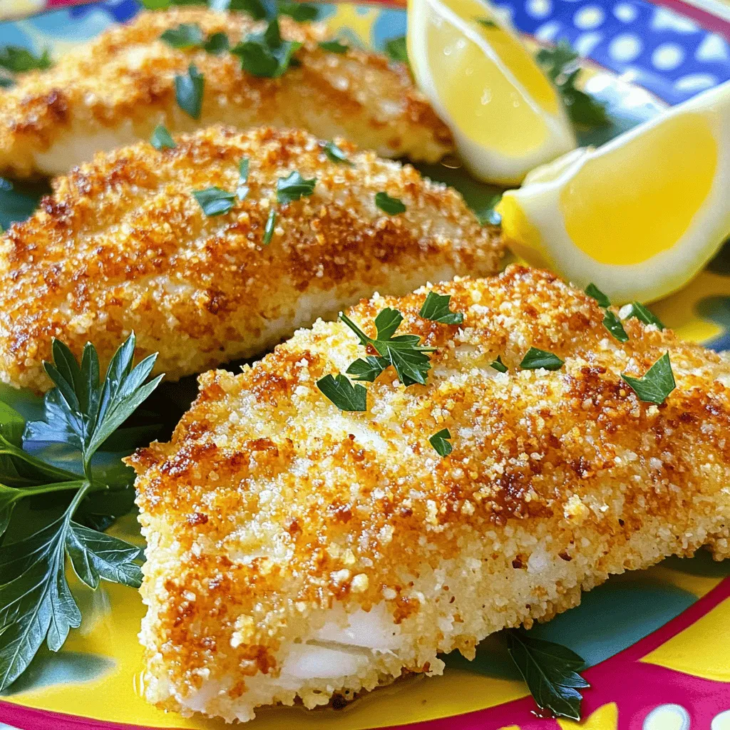 - 4 Tilapiafilets - 1/2 Tasse geriebener Parmesan-Käse - 1/2 Tasse Semmelbrösel (idealerweise Panko für extra Knusprigkeit) - 1 Teelöffel Knoblauchpulver - 1 Teelöffel getrocknete italienische Kräuter (oder gemischte Kräuter) - 1/2 Teelöffel Salz - 1/4 Teelöffel schwarzer Pfeffer - 2 große Eier - 2 Esslöffel Olivenöl - Frische Zitronenscheiben zum Servieren Um ein leckeres Gericht zuzubereiten, brauchen wir einige einfache Zutaten. Die Hauptzutat ist das Tilapiafilet. Es ist ein milder Fisch, der gut die Aromen aufnimmt. Der geriebene Parmesan-Käse gibt der Kruste den tollen Geschmack. Panko-Semmelbrösel machen die Kruste knusprig. Für die Würze verwenden wir Knoblauchpulver und italienische Kräuter. Salz und Pfeffer runden den Geschmack ab. Die Eier und das Olivenöl werden als Bindemittel genutzt. Zitronenscheiben geben dem Gericht einen frischen Kick. Diese Zutaten sind leicht zu finden und machen das Kochen einfach. Bereiten Sie sich vor, um eine köstliche Mahlzeit zu genießen! 1. Vorheizen des Airfryers Heize deinen Airfryer auf 200 °C (400 °F) vor. Das dauert etwa 5 Minuten. Ein heißer Airfryer sorgt für eine knusprige Kruste. 2. Vorbereitung der Krustenmischung Nimm eine flache Schüssel. Vermenge dort den geriebenen Parmesan, die Semmelbrösel, das Knoblauchpulver, die italienischen Kräuter, das Salz und den schwarzen Pfeffer. Diese Mischung gibt dem Fisch viel Geschmack und Knusprigkeit. 3. Eiermischung erstellen In einer zweiten Schüssel schlägst du die Eier mit dem Olivenöl. Rühre gut um, bis alles gut vermischt ist. Diese Mischung hilft der Kruste, am Fisch zu haften. Diese Schritte sind einfach und machen das Kochen zum Vergnügen. Du wirst schnell sehen, wie lecker das Ergebnis ist! - Verwendung von Panko-Semmelbröseln: Panko ist der Schlüssel zu einer knusprigen Kruste. Diese groben Brösel machen den Fisch außen schön knusprig. Sie nehmen weniger Öl auf und sorgen dafür, dass die Kruste nicht matschig wird. - Ansprechpartner für die richtige Beschichtung: Es ist wichtig, das Tilapiafilet gut in die Eiermischung zu tauchen. Dies hilft, die Kruste besser haften zu lassen. Drücke das Filet sanft in die Krustenmischung, damit sie gleichmäßig verteilt ist. - Wenden der Filets: Wenden Sie die Filets in der Mitte der Garzeit. Das sorgt dafür, dass beide Seiten gleichmäßig knusprig werden. Achten Sie darauf, sie vorsichtig zu wenden, damit die Kruste nicht abfällt. Mit diesen Tipps wird Ihr Air Fryer Parmesan Crusted Tilapia perfekt knusprig und lecker! {{image_4}} - Würzige Variante mit Paprika: Mögen Sie es scharf? Fügen Sie 1 Teelöffel Paprikapulver hinzu. Dies gibt eine schöne Farbe und einen leckeren Geschmack. Es passt perfekt zu dem Parmesan und dem Fisch. - Kräuter-Variation: Verwenden Sie frische Kräuter wie Basilikum oder Petersilie. Hacken Sie diese fein und mischen Sie sie in die Krustenmischung. So wird der Geschmack frischer und lebendiger. Das bringt mehr Aroma in jedes Bissen. - Beilagenideen: Servieren Sie den Tilapia mit gedämpftem Gemüse. Brokkoli oder grüne Bohnen sind tolle Optionen. Ein frischer Salat passt auch gut dazu. Denken Sie an eine Zitronen-Vinaigrette für extra Frische. - Kühlschranklagerung: Bewahren Sie die übrig gebliebenen Tilapiafilets in einem luftdichten Behälter auf. Sie können sie 2-3 Tage im Kühlschrank lagern. Achten Sie darauf, dass die Filets gut abgekühlt sind, bevor Sie sie in den Kühlschrank stellen. - Einfrieren der Tilapiafilets: Wenn Sie die Filets länger aufbewahren möchten, können Sie sie einfrieren. Wickeln Sie die Filets fest in Frischhaltefolie und legen Sie sie dann in einen Gefrierbeutel. So bleiben sie bis zu 2 Monate frisch. Denken Sie daran, die Filets vor dem Kochen über Nacht im Kühlschrank aufzutauen. - Aufwärmen von übrig gebliebenen Filets: Um die Filets wieder aufzuwärmen, können Sie den Airfryer verwenden. Stellen Sie ihn auf 180 °C (350 °F) und erwärmen Sie die Filets für 5-7 Minuten. So bleibt die Kruste knusprig und der Fisch saftig. Alternativ können Sie die Filets auch in der Mikrowelle aufwärmen, aber die Kruste wird weniger knusprig. Wie lange dauert es, Tilapia im Airfryer zu kochen? Es dauert etwa 10 bis 12 Minuten, um Tilapia im Airfryer zu kochen. Achte darauf, die Filets in einer einzigen Schicht zu legen. Wende sie zur Hälfte der Zeit, damit sie gleichmäßig garen. So wird die Kruste schön knusprig und der Fisch bleibt zart. Kann ich andere Fischsorten verwenden? Ja, du kannst auch andere Fischsorten verwenden. Lachs oder Kabeljau sind gute Alternativen. Achte darauf, die Garzeit anzupassen. Dickere Filets benötigen mehr Zeit, während dünnere schneller gar sind. Experimentiere ruhig mit verschiedenen Fischen, um deinen Favoriten zu finden. Was sind die besten Beilagen für Parmesan-crusted Tilapia? Zu Parmesan-crusted Tilapia passen viele Beilagen. Gedämpftes Gemüse wie Brokkoli oder Karotten sind gesund und lecker. Ein frischer Salat mit Zitronen-Dressing ergänzt das Gericht gut. Du kannst auch Reis oder Kartoffeln servieren. Diese Beilagen machen die Mahlzeit vollwertig und schmackhaft. Zusammenfassend haben wir die Zutaten, die Zubereitung und Tipps für köstlichen Parmesan-crusted Tilapia besprochen. Dieses Gericht ist einfach und lecker. Denke daran, Panko-Semmelbrösel für die perfekte Kruste zu verwenden. Du kannst auch verschiedene Geschmäcker ausprobieren, wie würzige Paprika oder frische Kräuter. Lagere die Reste gut im Kühlschrank oder friere sie ein. Probiere es aus, und entdecke, wie vielseitig dieses Gericht sein kann!