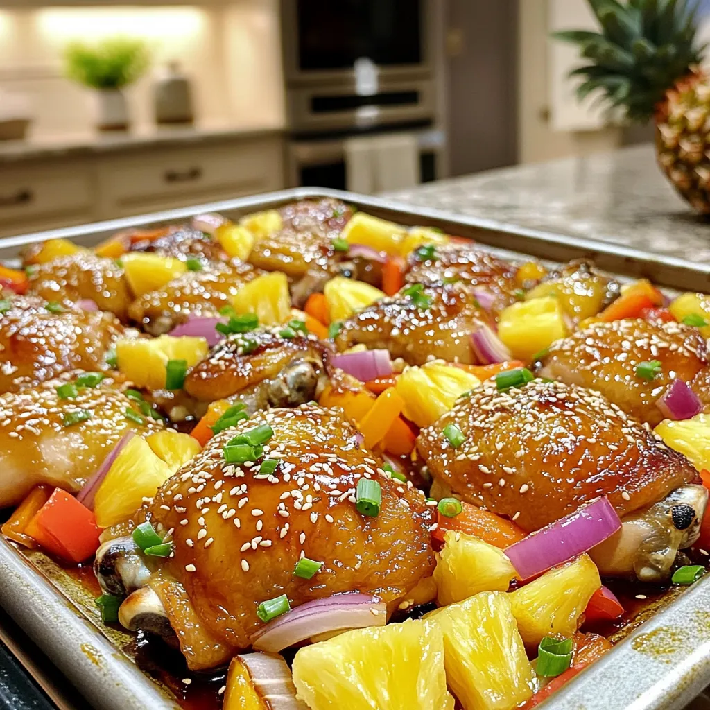 Für das Blech-Pfanne Ananas Teriyaki Hähnchen brauchst du: - 4 Hähnchenschenkel ohne Knochen und Haut - 1 Tasse frische Ananasstücke - 1 Paprika (rot oder gelb), in Streifen geschnitten - 1 rote Zwiebel, in Ringe geschnitten - 3 Knoblauchzehen, gehackt - 1 Esslöffel frischer Ingwer, gerieben Diese Zutaten bilden die Basis für das Gericht. Das Hähnchen ist zart und saftig. Die Ananas bringt eine süße Note. Paprika und Zwiebel sorgen für Farbe und Crunch. Für die Marinade benötigst du: - 1/3 Tasse natriumarme Sojasauce - 1/4 Tasse Honig oder Ahornsirup - 2 Esslöffel Reisessig - 1 Esslöffel Sesamöl - 1 Teelöffel Maisstärke, vermischt mit 1 Esslöffel Wasser (optional für Verdickung) Diese Zutaten geben deinem Hähnchen den typischen Teriyaki-Geschmack. Die Sojasauce bietet einen salzigen Kontrast zur Süße des Honigs. Reisessig bringt Frische in die Marinade. Für die Garnierung brauchst du: - 2 Frühlingszwiebeln, in Scheiben geschnitten - Sesamsamen Diese Zutaten verleihen dem Gericht das gewisse Etwas. Die Frühlingszwiebeln sorgen für einen frischen Biss. Sesamsamen fügen eine nussige Note hinzu und sehen toll aus. Zuerst heize deinen Ofen auf 200°C vor. Das sorgt dafür, dass das Hähnchen gleichmäßig gart. Während der Ofen aufheizt, schneide die Paprika und die Zwiebel. Achte darauf, dass die Stücke gleich groß sind. Das hilft beim Garen. Bereite auch die Ananas vor, indem du sie in mundgerechte Stücke schneidest. Jetzt kommt der spannende Teil: die Marinade! Nimm eine kleine Schüssel und vermische die Sojasauce, den Honig oder Ahornsirup, den Reisessig, das Sesamöl, den gehackten Knoblauch und den geriebenen Ingwer. Rühre alles gut um, bis es gleichmäßig aussieht. Diese Mischung verleiht dem Hähnchen tollen Geschmack. Lege die geschnittenen Paprika, Zwiebelringe und die Ananasstücke auf ein großes Backblech. Beträufle sie mit etwas Olivenöl und würze sie mit Salz und Pfeffer. Danach nimm die Hähnchenschenkel aus der Marinade und platziere sie auf dem Blech. Gieße die restliche Marinade über das Hähnchen und das Gemüse. Wenn du eine dickere Sauce magst, füge jetzt die Maisstärkemischung hinzu. Backe das Ganze für 25-30 Minuten. Das Hähnchen ist fertig, wenn es eine Kerntemperatur von 74°C hat. Lass es nach dem Backen kurz ruhen, bevor du es servierst. Garniere dein Gericht mit geschnittenen Frühlingszwiebeln und Sesamsamen für den letzten Schliff. Die Marinade macht den Unterschied! Ich empfehle, frische Zutaten zu verwenden. Der Ingwer und Knoblauch geben Geschmack. Mische die Sojasauce mit Honig, um die Süße zu balancieren. Lass das Hähnchen mindestens 15 Minuten marinieren. Länger ist besser, aber übertreibe es nicht. Zu lange kann das Fleisch zäh machen. Das Hähnchen sollte eine Kerntemperatur von 74°C erreichen. Ich empfehle, einen Fleischthermometer zu nutzen. So bist du sicher, dass es durchgegart ist. Backe das Gericht 25 bis 30 Minuten im Ofen. Achte auf eine goldene Farbe. Wenn du unsicher bist, schneide ein Stück auf. Es sollte klar und saftig aussehen. Das Gemüse gibt Farbe und Textur. Schneide die Paprika und Zwiebeln in gleich große Stücke. So garen sie gleichmäßig. Die Ananas bringt Süße und Säure. Verwende frische Ananas für den besten Geschmack. Du kannst auch Dosenananas nutzen, aber spüle sie ab. So reduzierst du den Zucker. Verteile das Gemüse gut auf dem Blech. So wird alles gleichmäßig gar. {{image_4}} Wenn Sie eine vegetarische Option möchten, können Sie Tofu verwenden. Wählen Sie festen Tofu für die beste Textur. Schneiden Sie den Tofu in Würfel und marinieren Sie ihn genau wie das Hähnchen. Sie können auch Tempeh nutzen. Tempeh hat einen nussigen Geschmack und nimmt die Marinade gut auf. Das Gemüse in diesem Rezept ist flexibel. Probieren Sie Brokkoli, Zucchini oder Karotten. Diese Gemüsesorten bringen Farbe und Crunch. Sie können auch Erbsen oder grüne Bohnen hinzufügen. Diese Optionen machen das Gericht noch gesünder und bunter. Möchten Sie es schärfer? Fügen Sie etwas Chili oder Sriracha zur Marinade hinzu. Für eine süßere Note können Sie mehr Honig oder Ananasstücke verwenden. Experimentieren Sie mit anderen Saucen wie Teriyaki oder Hoisin, um den Geschmack zu variieren. Achten Sie darauf, dass die Balance aus süß und salzig bleibt. Wenn Sie Hähnchen übrig haben, lassen Sie es zuerst abkühlen. Legen Sie die Reste in einen luftdichten Behälter. So bleibt das Hähnchen frisch. Sie können es auch in einen Gefrierbeutel geben. Vergessen Sie nicht, das Datum aufzuschreiben, damit Sie es später nicht vergessen. Um das Hähnchen wieder aufzuwärmen, nutzen Sie den Ofen. Stellen Sie ihn auf 180°C ein. Legen Sie das Hähnchen in eine Auflaufform. Bedecken Sie es mit Alufolie. So bleibt es saftig. Erwärmen Sie es etwa 15 bis 20 Minuten. Prüfen Sie, ob es heiß ist, bevor Sie essen. Im Kühlschrank hält sich das Hähnchen etwa 3 bis 4 Tage. Wenn Sie es länger aufbewahren möchten, frieren Sie es ein. Im Gefrierschrank bleibt es bis zu 3 Monate gut. Achten Sie darauf, es gut zu verpacken, damit es nicht gefriert. So bleibt der Geschmack frisch. Um das Hähnchen saftig zu halten, marinieren Sie es gut. Die Marinade aus Sojasauce, Honig, Ingwer und Knoblauch bringt viel Geschmack und Feuchtigkeit. Lassen Sie das Fleisch mindestens 15 Minuten marinieren, aber länger ist besser. Wenn Sie Zeit haben, marinieren Sie das Hähnchen über Nacht im Kühlschrank. So zieht die Marinade tiefer in das Fleisch ein. Achten Sie darauf, das Hähnchen nicht zu lange zu backen. Eine Kerntemperatur von 74°C ist ideal. So bleibt das Hähnchen zart und saftig. Wenn Sie keine Sojasauce verwenden möchten, gibt es Alternativen. Tamari ist eine glutenfreie Option und hat einen ähnlichen Geschmack. Auch Kokosnussaminos sind eine gute Wahl und haben weniger Natrium. Für eine süßere Note können Sie auch eine Mischung aus Brühe und Balsamico-Essig verwenden. Experimentieren Sie ruhig mit verschiedenen Saucen, um den Geschmack zu finden, der Ihnen am besten gefällt. Das Marinieren des Hähnchens dauert mindestens 15 Minuten. Für den besten Geschmack empfehle ich jedoch, das Hähnchen mindestens eine Stunde marinieren zu lassen. Wenn Sie die Zeit haben, können Sie es auch über Nacht marinieren. So kann das Hähnchen die Aromen der Marinade gut aufnehmen. Je länger es mariniert, desto mehr Geschmack hat es am Ende. Zusammenfassend haben wir die Zutaten, den Kochprozess und nützliche Tipps für das Blech-Pfanne Ananas Teriyaki Hähnchen besprochen. Du hast auch Varianten und Lagerungshinweise kennengelernt. Diese köstliche Mahlzeit bringt viel Geschmack und Farbe auf deinen Tisch. Experimentiere mit verschiedenen Zutaten, um dein perfektes Gericht zu finden. Halte dein Hähnchen saftig und genieße die Vielfalt!