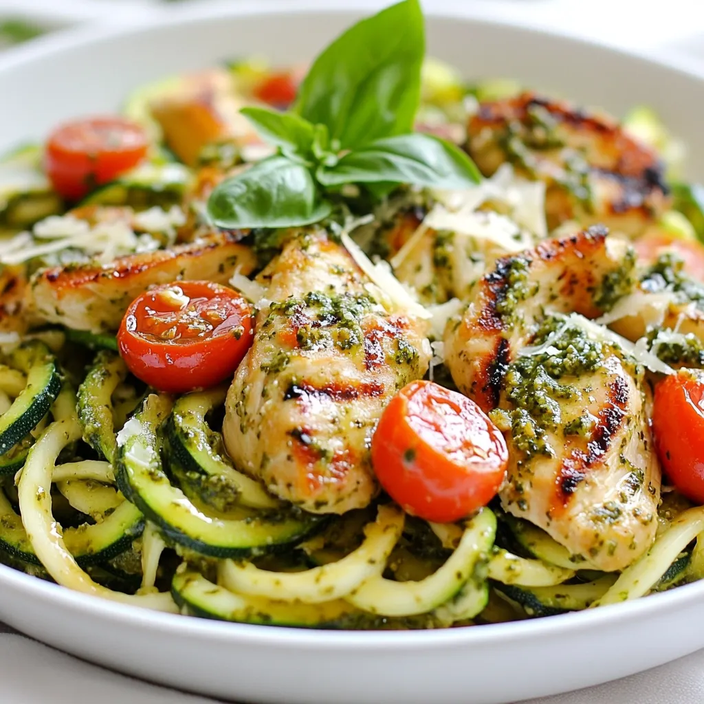 Für dieses leckere Gericht brauchst du folgende Hauptzutaten: - 2 mittelgroße Zucchini (für Zoodles) - 2 Hähnchenbrustfilets (ohne Haut und Knochen) - 240 ml Basilikum-Pesto (aus dem Laden oder selbstgemacht) - 240 ml Schlagsahne - 1 Esslöffel Olivenöl - 1 Teelöffel Knoblauchpulver - Salz und Pfeffer nach Geschmack - 60 ml geriebener Parmesan-Käse Diese Zutaten sind einfach zu finden. Sie geben deinem Gericht Geschmack und Frische. Um dein Gericht schön zu machen, kannst du folgende Zutaten verwenden: - Cherrytomaten, halbiert - Frische Basilikumblätter Diese Zutaten bringen Farbe und zusätzlichen Geschmack. Sie sind perfekt für die Garnierung. Wähle frische Zucchini aus. Sie sollten fest und glänzend sein. Achte darauf, dass das Hühnchen frisch riecht und gut aussieht. Wenn du Pesto kaufst, prüfe die Zutatenliste. Es sollte hochwertige Öle und frische Kräuter enthalten. Für die Schlagsahne wähle eine mit hohem Fettgehalt. Das macht die Sauce cremiger. {{ingredient_image_2}} Um die Zoodles zu machen, nimm zwei mittelgroße Zucchini. Du kannst einen Spiralschneider oder einen Julienne-Schäler verwenden. Schneide die Zucchini in lange, dünne Streifen. Diese Streifen sehen aus wie Nudeln. Lege die Zoodles beiseite. Sie brauchen etwas Zeit, um zu ruhen. Für das Hühnchen erhitzt du einen Esslöffel Olivenöl in einer großen Pfanne. Würze die Hähnchenbrustfilets mit Knoblauchpulver, Salz und Pfeffer. Brate die Filets bei mittlerer Hitze 6-7 Minuten auf jeder Seite. Sie sollten nicht mehr rosa sein. Nach dem Braten nimm die Filets aus der Pfanne und lass sie kurz ruhen. Schneide sie in Streifen. In der gleichen Pfanne senke die Hitze. Gib das Basilikum-Pesto und die Schlagsahne hinein. Rühre gut um, damit sich alles vermischt. Lass die Sauce 2-3 Minuten köcheln. Sie sollte leicht eindicken. Dies gibt der Sauce eine cremige Textur. Füge die geschnittenen Hühnchenstreifen und die Zoodles zurück in die Pfanne. Mische alles vorsichtig. Die Zoodles sollten gleichmäßig mit der Sauce bedeckt sein. Erhitze das Gericht für weitere 2-3 Minuten. Die Zoodles sollen warm sein, aber dennoch etwas Biss haben. Nimm die Pfanne vom Herd. Rühre den geriebenen Parmesan unter. Probiere das Gericht und würze es nach Bedarf. Serviere es heiß. Garniere mit halbierten Cherrytomaten und frischen Basilikumblättern. Das macht das Gericht bunt und einladend. Um die beste Konsistenz der Zoodles zu bekommen, nutze einen Spiralschneider. Damit schneidest du die Zucchini in schöne, gleichmäßige Stränge. Lass die Zoodles nach dem Schneiden etwas abtropfen, um überschüssige Feuchtigkeit zu entfernen. So bleiben sie knackig. Du kannst die Zoodles auch leicht in einer Pfanne anbraten, um sie noch fester zu machen. Achte darauf, sie nicht zu lange zu kochen, damit sie bissfest bleiben. Die Sauce ist sehr anpassbar. Du kannst verschiedene Kräuter oder Gewürze hinzufügen, um den Geschmack zu ändern. Probiere frischen Knoblauch oder etwas Zitronensaft für mehr Frische. Für mehr Cremigkeit kannst du auch mehr Schlagsahne verwenden. Wenn du es schärfer magst, füge eine Prise rote Pfefferflocken hinzu. Experimentiere mit verschiedenen Käsesorten, wie Feta oder Gouda, um neue Geschmäcker zu entdecken. Das Anrichten macht das Gericht noch einladender. Verwende einen großen, flachen Teller für die Zoodles. Lege die Hühnchenstreifen schön darauf. Garniere das Gericht mit halbierten Cherrytomaten für Farbe und Frische. Frische Basilikumblätter geben einen tollen Duft und Geschmack. Streue etwas zusätzlichen Parmesan darüber, um das Aussehen und den Geschmack zu verbessern. Ein Spritzer Olivenöl sorgt für zusätzlichen Glanz. Pro Tipps Zucchini richtig schneiden: Verwenden Sie einen Spiralschneider für gleichmäßige Zoodles, die gleichmäßig garen und eine ansprechendere Textur bieten. Hühnchen perfekt braten: Lassen Sie das Hühnchen nach dem Braten einige Minuten ruhen, damit sich die Säfte setzen können und es saftiger bleibt. Vorsicht beim Erhitzen der Zoodles: Erwärmen Sie die Zoodles nur kurz, um zu vermeiden, dass sie matschig werden. Sie sollten noch etwas Biss haben. Variationen mit Pesto: Experimentieren Sie mit verschiedenen Arten von Pesto, wie Rucola oder getrockneten Tomaten, um neue Geschmacksrichtungen zu entdecken. {{image_4}} Wenn du eine vegetarische Option suchst, ersetze das Hühnchen durch Tofu oder Tempeh. Diese Alternativen bieten eine gute Proteinquelle. Marinieren sie vorher in Pesto für mehr Geschmack. Einfach in Würfel schneiden und braten, bis sie goldbraun sind. Füge sie dann zur Sauce hinzu. Du kannst auch Kichererbsen verwenden. Sie sind nahrhaft und machen dein Gericht herzhaft. Die Zucchini sind von Natur aus glutenfrei. Wenn du Zoodles verwendest, bist du auf der sicheren Seite. Du kannst auch andere Gemüsenudeln ausprobieren. Karotten oder Süßkartoffeln eignen sich hervorragend. Spiralisiere sie einfach wie die Zucchini und bereite sie genauso zu. Diese Optionen bieten dir spannende Geschmäcker und Farben. Um den Geschmack noch zu steigern, füge etwas Zitronensaft hinzu. Das bringt Frische in das Gericht. Du kannst auch geröstete Pinienkerne oder Walnüsse hinzufügen. Sie geben einen tollen Crunch. Wenn du es schärfer magst, probiere rote Peperoni-Flocken. Frische Kräuter wie Petersilie oder Schnittlauch sind auch eine gute Wahl. Sie bringen Farbe und Aroma. Um die Reste deiner cremigen Pesto-Hühnchen-Zoodles frisch zu halten, lass sie zuerst abkühlen. Fülle sie dann in einen luftdichten Behälter. Achte darauf, dass die Reste vollständig abgekühlt sind, bevor du sie verschließt. Dies hilft, Feuchtigkeit zu vermeiden und die Zoodles knusprig zu halten. Die beste Methode zur Aufbewahrung ist im Kühlschrank. Stelle den Behälter in die kälteste Zone des Kühlschranks. Du kannst die Zoodles auch in Portionen aufteilen. So entnimmst du nur die Menge, die du brauchst. Alternativ kannst du die Reste einfrieren, wenn du sie länger aufbewahren möchtest. Im Kühlschrank halten sich die Reste etwa 3 bis 4 Tage. Achte darauf, sie gut abzudecken. Wenn du sie im Gefrierfach aufbewahrst, kannst du sie bis zu 2 Monate lagern. Beachte, dass die Textur beim Auftauen etwas weicher werden kann, aber der Geschmack bleibt gut. Cremige Pesto-Hühnchen-Zoodles hat etwa 400 bis 500 Kalorien pro Portion. Die genauen Kalorien hängen von der Menge des verwendeten Pestos und der Sahne ab. Wenn du weniger Kalorien möchtest, verwende weniger Sahne oder ersetze sie durch eine leichtere Variante. So kannst du das Gericht an deine Bedürfnisse anpassen. Ja, du kannst die Zoodles im Voraus machen! Schneide die Zucchini in Spiralen und lege sie in einen Behälter. Achte darauf, sie in Papiertücher einzuwickeln, um Feuchtigkeit zu reduzieren. So bleibt die Textur frisch. Du kannst die Zoodles bis zu zwei Tage im Kühlschrank aufbewahren. So sparst du Zeit beim Kochen. Um das Gericht würziger zu machen, füge mehr Knoblauchpulver oder frischen Knoblauch hinzu. Eine Prise rote Paprikaflocken kann ebenfalls helfen. Du kannst auch etwas Zitronensaft für einen frischen Kick verwenden. Experimentiere mit Kräutern wie Oregano oder Thymian, um den Geschmack zu variieren. Sei kreativ und finde deine perfekte Mischung! Gute Beilagen für cremige Pesto-Hühnchen-Zoodles sind ein einfacher grüner Salat oder geröstetes Gemüse. Auch knuspriges Brot passt gut dazu. Wenn du etwas mehr Protein möchtest, serviere Grilled Shrimp oder gebratene Pilze. Diese Beilagen ergänzen den Geschmack und machen das Essen noch besser. Die Pesto-Hühnchen-Zoodles sind einfach und lecker. Wir haben die besten Zutaten besprochen und einen einfachen Plan zur Zubereitung gegeben. Tipps für die Konsistenz und Anpassungen der Sauce helfen dir, das Gericht zu verfeinern. Außerdem gibt es tolle Variationen für alle Diäten. Denk daran, Reste richtig zu lagern, um die Frische zu bewahren. Ob du es für dich selbst machst oder für Freunde – dieses Rezept bringt Freude auf den Tisch. Jetzt liegt es an dir, es auszuprobieren!