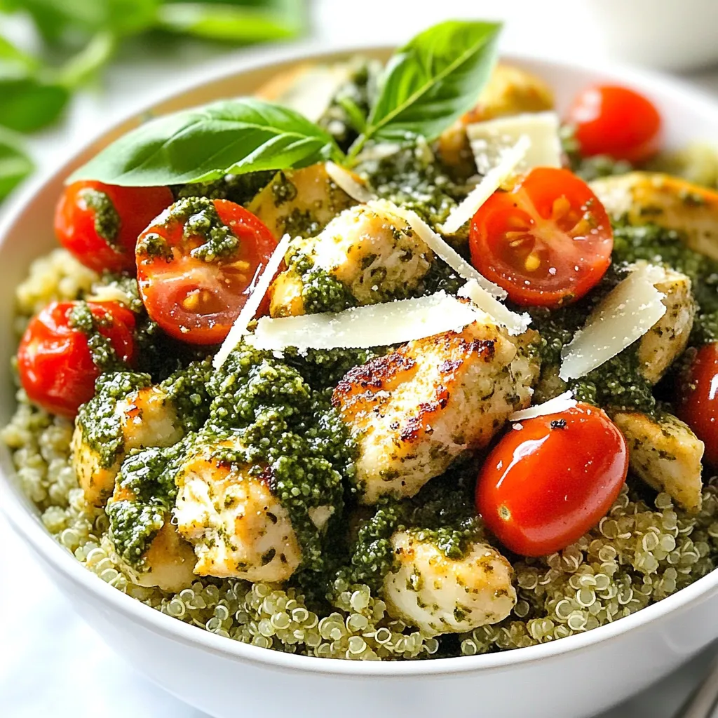 Für die Pesto-Hühnchen-Quinoa-Pfanne brauchst du einfache und frische Zutaten. Diese sorgen für einen tollen Geschmack und eine gesunde Mahlzeit. Die wichtigsten Zutaten sind Quinoa, Hähnchenbrust, Kirschtomaten und frischer Spinat. Du kannst diese Zutaten leicht finden. - Quinoa: Wähle echte, ungespritzte Quinoa. Das sorgt für mehr Nährstoffe. - Hähnchen: Verwende frisches, bio-zertifiziertes Hähnchen. Es hat einen besseren Geschmack. - Pesto: Wenn möglich, mache dein eigenes Pesto. Es ist einfacher und frischer. - Spinat: Frischer Spinat hat mehr Vitamine. Achte auf knackige Blätter. - Parmesan: Nutze hochwertigen Parmesan für den besten Geschmack. - 1 Tasse Quinoa, gründlich gewaschen und abgetropft - 2 Tassen Hühnerbrühe (oder Gemüsebrühe) - 450 g Hähnchenbrustfilets, ohne Haut und Knochen, gewürfelt - 1 Tasse Kirschtomaten, halbiert - 2 Tassen frischer Spinat - 125 ml Basilikum-Pesto (aus dem Laden oder selbstgemacht) - 1 Esslöffel Olivenöl - 1 Teelöffel Knoblauchpulver - 1 Teelöffel Italienische Gewürzmischung - Salz und Pfeffer nach Geschmack - Geriebener Parmesan (zum Servieren) - Frische Basilikumblätter, zum Garnieren {{ingredient_image_2}} Zuerst nimmst du eine Tasse Quinoa und wäschst sie gründlich. Das ist wichtig, um Bitterstoffe zu entfernen. Mische die Quinoa mit zwei Tassen Hühnerbrühe in einem mittleren Topf. Bringe die Mischung zum Kochen. Reduziere die Hitze, decke den Topf ab und lasse es 15 Minuten köcheln. Der Quinoa wird dann plump und nimmt die Brühe auf. In der Zwischenzeit erhitze einen Esslöffel Olivenöl in einer großen Pfanne bei mittlerer Hitze. Füge die gewürfelten Hähnchenbrustfilets hinzu. Würze sie mit einem Teelöffel Knoblauchpulver, italienischer Gewürzmischung, Salz und Pfeffer. Brate das Hähnchen für 5 bis 7 Minuten. Es sollte goldbraun und durchgegart sein. Jetzt ist es Zeit für das Gemüse. Gib die halbierten Kirschtomaten in die Pfanne. Brate sie für 2 bis 3 Minuten, bis sie weich sind. Dann füge den frischen Spinat hinzu und rühre, bis er welk ist. Das dauert etwa 1 bis 2 Minuten. Wenn der Quinoa fertig ist, gib ihn in die Pfanne. Gieße das Basilikum-Pesto dazu und rühre alles sanft um. Achte darauf, dass alles gut vermischt ist. Jetzt kannst du die Würze nach Bedarf anpassen. Um Quinoa perfekt zuzubereiten, starte mit der richtigen Menge Wasser. Ein Verhältnis von 1:2 Quinoa zu Brühe ist ideal. Wasche die Quinoa gut, um Bitterstoffe zu entfernen. Koche sie dann in der Brühe für etwa 15 Minuten. Lass sie nach dem Kochen abgedeckt ruhen. So wird sie flauschig und lecker. Du kannst die Gewürze nach deinem Geschmack anpassen. Probiere Paprika oder Kreuzkümmel für mehr Geschmack. Für Gemüse sind Zucchini, Paprika oder Erbsen toll. Sie bringen Farbe und Nährstoffe in dein Gericht. Mische die Zutaten, um neue Aromen zu entdecken. Pesto ist sehr vielseitig. Du kannst es in Pasta, Sandwiches oder sogar auf Pizza verwenden. Mische es in Dips oder streiche es auf Gemüse. Pesto bringt frischen Geschmack in viele Gerichte. Du kannst auch verschiedene Pestos ausprobieren, wie Roasted Red Pepper oder Spinach Pesto, um Abwechslung zu schaffen. Pro Tipps Frische Kräuter verwenden: Frischer Basilikum oder Petersilie hebt das Aroma und die Frische des Gerichts und sorgt für eine schöne Garnitur. Quinoa richtig kochen: Achten Sie darauf, die Quinoa gründlich zu waschen, um Bitterstoffe zu entfernen und einen besseren Geschmack zu erzielen. Hähnchen marinieren: Mariniert man das Hähnchen vor dem Kochen in etwas Pesto oder Zitronensaft, wird es besonders saftig und aromatisch. Resteverwertung: Diese Pfanne eignet sich hervorragend für die Verwendung von übrig gebliebenem Gemüse oder Hähnchen – einfach hinzufügen und aufwärmen! {{image_4}} Wenn du eine vegetarische Option suchst, kannst du das Hähnchen durch Kichererbsen oder Tofu ersetzen. Diese liefern dir viel Protein und sind einfach zuzubereiten. Kichererbsen aus der Dose sind praktisch und brauchen keine lange Kochzeit. Tofu solltest du gut würzen und anbraten, um den besten Geschmack zu erzielen. Quinoa ist von Natur aus glutenfrei, was es zu einer tollen Wahl macht. Wenn du glutenfreie Brühe verwendest, bleibt das gesamte Gericht glutenfrei. Du kannst auch Zucchini-Nudeln oder Blumenkohlreis anstelle von Quinoa verwenden, um eine andere Textur und einen neuen Geschmack zu erreichen. Wenn du mehr Protein in dein Gericht bringen möchtest, füge Linsen oder schwarze Bohnen hinzu. Diese sind nahrhaft und passen gut zum Pesto. Du kannst auch Nüsse wie Pinienkerne oder Walnüsse verwenden, um einen Crunch zu erzeugen. Diese Zutaten bereichern das Gericht und geben dir mehr Energie. Um die Reste der Pesto-Hühnchen-Quinoa-Pfanne frisch zu halten, lege sie in einen luftdichten Behälter. Achte darauf, den Behälter gut zu verschließen. So bleibt das Gericht länger frisch und die Aromen erhalten. Wenn du die Reste aufwärmen möchtest, mache das in der Mikrowelle oder auf dem Herd. Bei der Mikrowelle stelle eine mittlere Leistung ein. Erwärme das Essen für 1-2 Minuten und rühre zwischendurch um. Auf dem Herd erwärmst du die Pfanne bei niedriger Hitze. Füge einen Spritzer Brühe oder Wasser hinzu, um das Gericht nicht trocken werden zu lassen. Im Kühlschrank bleibt die Pesto-Hühnchen-Quinoa-Pfanne 3 bis 4 Tage frisch. Wenn du das Gericht länger aufbewahren möchtest, kannst du es einfrieren. In einem gefrierfesten Behälter hält es bis zu 3 Monate. Achte darauf, das Gericht gut abzukühlen, bevor du es ins Gefrierfach legst. Die Zubereitung dauert etwa 30 Minuten. Du brauchst 10 Minuten für die Vorbereitung und 20 Minuten fürs Kochen. Es ist eine schnelle Mahlzeit für geschäftige Tage. Du kannst das Gericht auch in weniger Zeit machen, wenn du vorgekochten Quinoa verwendest. Ja, du kannst gefrorenen Spinat verwenden. Achte darauf, ihn vorher gut abzutropfen. Dadurch wird das Gericht nicht wässrig. Der gefrorene Spinat ist eine einfache Option und spart Zeit. Er hat auch einen ähnlichen Geschmack und Nährwert wie frischer Spinat. Ja, du kannst die Pesto-Hühnchen-Quinoa-Pfanne im Voraus machen. Koche das Gericht und lasse es abkühlen. Lagere es dann in einem luftdichten Behälter im Kühlschrank. So bleibt es bis zu vier Tage frisch. Du kannst es auch einfrieren, um es später zu genießen. Erwärme es einfach in der Mikrowelle oder in einer Pfanne. In diesem Blogpost habe ich die besten Zutaten für Pesto-Hühnchen-Quinoa-Pfanne aufgelistet. Ich habe die Zubereitung detailliert erklärt und Ihnen Tipps gegeben, um Quinoa perfekt zuzubereiten. Dazu kamen Variationen für verschiedene Ernährungsweisen und Hinweise zur Aufbewahrung. Diese Mahlzeit ist gesund, lecker und anpassbar. Nutzen Sie die Tipps, um Ihr Gericht zu verfeinern und Reste richtig zu lagern. Probieren Sie die verschiedenen Optionen aus und genießen Sie Ihre köstliche Kreation!
