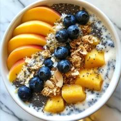 - 1 Tasse gefrorene Blaubeeren - 1 reifer Pfirsich, entkernt und in Scheiben geschnitten - 1 Banane, in Scheiben geschnitten - 1/2 Tasse griechischer Joghurt (oder pflanzliche Alternative) Die Hauptzutaten sind wichtig für diesen Smoothie. Die gefrorenen Blaubeeren geben eine schöne Farbe und Frische. Der reife Pfirsich bringt Süße und einen tollen Geschmack. Die Banane sorgt für eine cremige Textur. Der Joghurt fügt Protein hinzu und macht alles noch reichhaltiger. - 1/2 Tasse Mandelmilch (oder Milch nach Wahl) - 1 Esslöffel Honig (optional) Die flüssigen Zutaten sind entscheidend für die Konsistenz. Die Mandelmilch macht die Mischung leicht und flüssig. Du kannst auch andere Milcharten verwenden, die du magst. Honig ist optional, aber er kann zusätzliche Süße geben, wenn du es möchtest. - Frische Pfirsichscheiben - Granola - Chiasamen - Kokosnussflocken Die Toppings machen deine Smoothie-Bowl besonders. Frische Pfirsichscheiben sehen toll aus und geben mehr Geschmack. Granola bringt einen knusprigen Biss. Chiasamen sind gesund und fügen Ballaststoffe hinzu. Kokosnussflocken geben einen tropischen Touch und runden das Ganze ab. {{ingredient_image_2}} - Bereite deinen Mixer vor. Stelle sicher, dass er sauber ist. - Gib die gefrorenen Blaubeeren, Pfirsichscheiben, Bananenscheiben, griechischen Joghurt und Mandelmilch in den Mixer. - Füge den Honig hinzu, wenn du etwas Süße möchtest. - Mische die Zutaten auf hoher Stufe. Halte zwischendurch an und kratze die Seiten ab, wenn nötig. - Wenn die Mischung zu dick ist, füge mehr Mandelmilch hinzu. Mische weiter, bis es glatt ist. - Gieße die Mischung in eine Schüssel. Mache in der Mitte einen kleinen Brunnen für die Toppings. - Dekoriere die Bowl mit frischen Pfirsichscheiben und einer Handvoll Blaubeeren. - Streue Granola, Chiasamen und Kokosnussflocken darüber. Das sieht toll aus! - Anpassung der Flüssigkeitsmenge ist wichtig. Füge schrittweise mehr Milch hinzu, bis du die gewünschte Konsistenz erreichst. - Ein Hochleistungsmixer hilft, die Mischung ganz glatt zu machen. So schmeckt sie besser! - Wähle reife Früchte. Reife Pfirsiche sind süßer und saftiger. - Gefrorene Zutaten sind praktisch. Sie sind lange haltbar und oft frisch eingefroren. - Füge Superfoods hinzu. Chiasamen oder Hanfsamen steigern den Nährwert. - Ersetze den Joghurt. Nutze pflanzliche Alternativen wie Kokos- oder Sojajoghurt. - Verwende saisonale Früchte. Himbeeren oder Erdbeeren passen perfekt. - Nüsse und Samen machen es knusprig. Probiere Mandeln oder Walnüsse für einen crunchigen Biss. Pro Tipps Wähle reife Früchte: Achte darauf, dass der Pfirsich und die Banane reif sind, um den Smoothie besonders süß und aromatisch zu machen. Experimentiere mit Toppings: Füge verschiedene Toppings hinzu, wie Nüsse oder andere Früchte, um noch mehr Geschmack und Textur zu erhalten. Verwende gefrorene Früchte: Die gefrorenen Blaubeeren sorgen für eine cremige Konsistenz und machen den Smoothie erfrischender. Optimiere die Konsistenz: Wenn der Smoothie zu dick ist, füge schrittweise mehr Mandelmilch hinzu, bis die gewünschte Konsistenz erreicht ist. {{image_4}} Für eine vegane Blueberry Peach Smoothie Bowl kannst du pflanzliche Joghurtalternativen nutzen. Es gibt viele leckere Optionen wie Kokos- oder Sojajoghurt. Diese Alternativen geben deinem Smoothie eine cremige Textur. Wenn du Süßstoffe ohne Honig verwenden möchtest, probiere Agavendicksaft oder Ahornsirup. Diese sind pflanzlich und passen gut zu den Früchten. Wenn du einen proteinreichen Smoothie willst, füge einfach Proteinpulver hinzu. Es gibt viele Sorten, wie Erbsen- oder Reisprotein. Das macht deine Bowl nahrhafter. Du kannst auch Nüsse und Samen in die Basis mischen. Mandeln, Walnüsse oder Chiasamen sind großartige Optionen. Sie geben zusätzliche Nährstoffe und einen knackigen Biss. Um die Smoothie Bowl kinderfreundlich zu machen, wähle süße, fruchtige Zutaten. Kinder lieben oft Bananen und Erdbeeren. Du kannst die Süße anpassen, indem du weniger von den Süßstoffen verwendest. So machst du die Bowl lecker, ohne zu viel Zucker hinzuzufügen. Lass die Kinder auch bei den Toppings mithelfen. So wird das Essen noch spannender für sie! Um die Früchte und den Joghurt frisch zu halten, lagern Sie sie im Kühlschrank. Verwenden Sie luftdichte Behälter, um den Geschmack zu bewahren. Gefrorene Blaubeeren und Pfirsiche können bis zu sechs Monate haltbar sein. Wenn Sie die Smoothie-Mischung vorbereiten, können Sie alles in einem Behälter im Gefrierfach aufbewahren. So haben Sie einen schnellen Snack für die nächste Woche. Für ein schnelles Frühstück können Sie die Zutaten am Abend vorher vorbereiten. Mischen Sie die gefrorenen Blaubeeren, Pfirsiche und den Joghurt in einem Behälter. Bewahren Sie die Mischung im Kühlschrank auf. Die fertige Smoothie-Bowl können Sie auch im Kühlschrank aufbewahren, aber essen Sie sie innerhalb von zwei Tagen, um die Frische zu genießen. Es ist am besten, die Smoothie-Bowl frisch zu genießen. Wenn Sie sie jedoch aufbewahren, sollte sie im Kühlschrank sein. Der Geschmack und die Textur ändern sich nach ein paar Stunden. Nach 24 Stunden kann die Bowl wässrig werden. Genießen Sie Ihre köstliche Mischung lieber gleich nach der Zubereitung! Um deine Smoothie-Bowl dicker zu machen, gibt es einige Tipps. Zuerst kannst du gefrorene Zutaten verwenden. Gefrorene Früchte wie Blaubeeren und Pfirsiche geben dir die beste Textur. Du kannst auch weniger Flüssigkeit verwenden. Wenn du mehr Joghurt hinzufügst, wird die Bowl ebenfalls dicker. Mische die Zutaten gut, aber sei vorsichtig, nicht zu viel Flüssigkeit hinzuzufügen. Ja, du kannst viele andere Früchte verwenden. Die besten Optionen sind Bananen, Erdbeeren und Himbeeren. Du kannst auch Mango oder Ananas ausprobieren. Experimentiere mit Fruchtkombinationen, um neue Geschmäcker zu entdecken. Zum Beispiel schmeckt eine Mischung aus Erdbeeren und Bananen großartig zusammen. Denke daran, dass die Früchte reif und frisch sein sollten. Ja, diese Smoothie-Bowl ist sehr gesund. Sie enthält viele Vitamine und Mineralien. Die Blaubeeren sind reich an Antioxidantien, die gut für dein Herz sind. Pfirsiche liefern Ballaststoffe, die gut für die Verdauung sind. Griechischer Joghurt bringt Protein und Kalzium. Diese Zutaten machen die Bowl nahrhaft und lecker. Diese Smoothie-Bowl ist einfach zuzubereiten und voller Nährstoffe. Wir haben gefrorene Blaubeeren, reifen Pfirsich und Banane als Hauptzutaten verwendet. Die Basis wird mit griechischem Joghurt cremig und lecker. Toppings wie frische Pfirsiche und Granola sorgen für das besondere Etwas. Denken Sie daran, Ihre Zutaten frisch auszuwählen. Experimentieren Sie mit verschiedenen Früchten und Toppings für mehr Abwechslung. Nutzen Sie die Tipps für die perfekte Konsistenz und Anpassungen für Kinder. Wenn Sie diese Schritte befolgen, wird Ihre Smoothie-Bowl immer ein Hit!