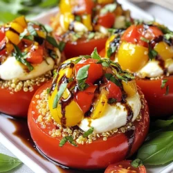 - 4 große, reife Tomaten - 1 Tasse Quinoa - 2 Tassen Gemüsebrühe - 1 Tasse Mozzarellakugeln - 1 Tasse Kirschtomaten - 1/2 Tasse frische Basilikumblätter - 2 Esslöffel Balsamico-Glasur - 2 Esslöffel Olivenöl - Salz und Pfeffer nach Geschmack Die Hauptzutaten sind einfach und frisch. Große Tomaten sind perfekt für die Füllung. Sie bieten viel Platz für die Quinoa-Mischung. Quinoa ist gesund und macht das Gericht nahrhaft. Gemüsebrühe gibt der Quinoa Geschmack. Die weiteren Zutaten bringen Vielfalt und Farbe. Mozzarellakugeln sorgen für Cremigkeit. Kirschtomaten bieten süße Frische. Basilikum ist der aromatische Star. Die Würzung ist entscheidend für den Geschmack. Balsamico-Glasur gibt eine süß-saure Note. Olivenöl fügt einen feinen Geschmack hinzu. Salz und Pfeffer runden alles ab. Jede Zutat trägt zur Gesundheit und zum Geschmack bei. Diese Füllung ist leicht und sättigend. Sie ist ideal für ein Mittagessen oder ein Abendessen. {{ingredient_image_2}} Heize deinen Ofen auf 190°C vor. Das ist der erste Schritt. Nimm nun die großen Tomaten. Schneide die Oberseite ab. Verwende einen Löffel, um das Innere herauszuholen. Achte darauf, die Schalen nicht zu beschädigen. Bewahre das Innere für später auf. Bringe in einem mittelgroßen Topf die Gemüsebrühe zum Kochen. Füge dann die gewaschene Quinoa hinzu. Reduziere die Hitze auf niedrig. Decke den Topf ab und lasse die Quinoa etwa 15 Minuten köcheln. Die Flüssigkeit sollte ganz aufgenommen sein. In einer großen Schüssel kombiniere die gekochte Quinoa mit dem reservierten Tomateninneren. Füge die Mozzarellakugeln und die gewürfelten Kirschtomaten hinzu. Hacke die frischen Basilikumblätter und mische sie auch dazu. Träufle Olivenöl und Balsamico-Glasur hinein. Würze die Mischung mit Salz und Pfeffer. Mische alles gut, bis es gleichmäßig verteilt ist. Fülle die vorbereiteten Tomaten mit der Quinoa-Mischung. Drücke sanft, um sie gut zu packen. Stelle die gefüllten Tomaten in eine Auflaufform, sodass sie aufrecht stehen. Wenn du magst, träufle etwas Olivenöl darüber. Backe die gefüllten Tomaten im Ofen für etwa 20 bis 25 Minuten. Die Tomaten sollten zart und leicht karamellisiert sein. Nimm sie aus dem Ofen und lasse sie einige Minuten abkühlen, bevor du sie servierst. Um Quinoa richtig zu waschen, spülen Sie sie unter kaltem Wasser. Das entfernt Bitterstoffe. Verwenden Sie ein feines Sieb, damit die kleinen Körner nicht entweichen. Für das Kochen von Quinoa, nutzen Sie zwei Teile Gemüsebrühe für einen Teil Quinoa. Bringen Sie die Brühe zum Kochen und fügen Sie die Quinoa hinzu. Reduzieren Sie die Hitze, decken Sie den Topf ab und lassen Sie sie etwa 15 Minuten köcheln. Die Quinoa ist fertig, wenn das Wasser aufgesogen ist und die Körner fluffig sind. Reife Tomaten sind fest, glänzend und haben eine tiefrote Farbe. Drücken Sie leicht auf die Tomaten. Sie sollten etwas nachgeben, aber nicht matschig sein. Vermeiden Sie grüne oder harte Tomaten. Um Tomaten auszuhöhlen, schneiden Sie die Oberseite ab. Verwenden Sie einen Löffel, um das Innere vorsichtig herauszuholen. Achten Sie darauf, die Schale nicht zu beschädigen. Bewahren Sie das Innere für die Füllung auf. Für eine schöne Präsentation, servieren Sie die gefüllten Tomaten auf frischen Basilikumblättern. Das gibt einen tollen Geschmack und sieht schön aus. Ein wichtiger Tipp ist, etwas Balsamico-Glasur darüber zu träufeln. Dies gibt einen süßen und würzigen Akzent. Es macht die gefüllten Tomaten noch köstlicher und ansprechender. Pro Tipps Wählen Sie reife Tomaten: Für das beste Geschmackserlebnis sollten Sie reife, saftige Tomaten wählen, die beim Drücken leicht nachgeben. Diese sorgen für eine perfekte Füllung und ein intensives Aroma. Quinoa gut abspülen: Um die Bitterstoffe der Quinoa zu entfernen, spülen Sie sie gründlich unter kaltem Wasser ab, bevor Sie sie kochen. Dies verbessert den Geschmack des Gerichts. Variationen hinzufügen: Sie können das Rezept anpassen, indem Sie andere Gemüse wie Zucchini oder Paprika hinzufügen. Diese bringen zusätzliche Farben und Nährstoffe in das Gericht. Für extra Crunch: Fügen Sie geröstete Pinienkerne oder Walnüsse zur Quinoa-Mischung hinzu. Sie verleihen dem Gericht eine knusprige Textur und einen nussigen Geschmack. {{image_4}} Eine leckere Variante ist das Hinzufügen von Zucchini oder Auberginen. Diese Gemüse geben der Füllung mehr Textur und Geschmack. Wenn Sie Mozzarella mögen, können Sie ihn durch Feta austauschen. Feta hat einen kräftigen Geschmack und ergänzt die anderen Zutaten gut. Um die Füllung proteinreicher zu machen, können Sie Hühnchen oder Kichererbsen hinzufügen. Beides passt gut zur Quinoa und macht das Gericht sättigender. Außerdem können Sie verschiedene Quinoa-Varianten verwenden, wie rote oder schwarze Quinoa. Diese bringen mehr Farbe und Nährstoffe in Ihr Gericht. Reis oder Couscous sind tolle Alternativen zur Quinoa. Diese Körner haben unterschiedliche Texturen und Geschmäcker. Sie können auch verschiedene Kräuter verwenden, um neue Aromen zu entdecken. Zum Beispiel, Thymian oder Oregano bringen einen anderen Geschmack in die Füllung. Experimentieren Sie mit dem, was Sie mögen! Nach dem Kochen bewahre ich die Reste in einem luftdichten Behälter auf. So bleiben die gefüllten Tomaten frisch. Stelle den Behälter in den Kühlschrank. So kannst du die Tomaten bis zu drei Tage genießen. Zum Aufwärmen lege die Tomaten in die Mikrowelle. Erwärme sie bei mittlerer Hitze für etwa zwei Minuten. Du kannst sie auch im Ofen bei 180°C für 10 Minuten aufwärmen. Kann man gefüllte Tomaten einfrieren? Ja, das geht! Du solltest sie jedoch vor dem Einfrieren gut abkühlen lassen. Wickel jede gefüllte Tomate in Frischhaltefolie ein. Danach lege sie in einen Gefrierbeutel oder einen luftdichten Behälter. So bleiben sie bis zu drei Monate frisch. Zum Auftauen stelle die Tomaten über Nacht in den Kühlschrank. Wie lange halten gefüllte Tomaten im Kühlschrank? Sie bleiben drei bis fünf Tage frisch. Achte auf Anzeichen von Verderb. Wenn die Tomaten weich oder matschig werden, ist es Zeit, sie wegzuwerfen. Auch ein unangenehmer Geruch ist ein Zeichen für Verderb. Die Vorbereitung dauert etwa 15 Minuten. Danach backen die gefüllten Tomaten für 20-25 Minuten. Insgesamt benötigen Sie also etwa 40 Minuten. Diese Zeit ist schnell, besonders für so ein leckeres Gericht. Ja, Sie können andere Käsesorten verwenden. Feta ist eine gute Option für mehr Geschmack. Auch Ziegenkäse passt gut. Experimentieren Sie mit Käse, um Ihre eigene Note zu finden. Diese Tomaten sind nicht vegan, da Mozzarella Käse enthält. Um sie vegan zu machen, können Sie pflanzliche Käsealternativen nutzen. Es gibt viele leckere vegane Käsesorten, die gut schmecken. Zusammenfassend haben wir gelernt, wie man gefüllte Tomaten mit Quinoa zubereitet. Die Hauptzutaten sind frische Tomaten, Quinoa und Gemüsebrühe. Wir haben die Schritte zur Zubereitung sowie Tipps zur perfekten Quinoa und Präsentation besprochen. Variationen und Lagerhinweise bieten zusätzliche Ideen. Experimentiere mit Zutaten und finde deine Lieblingsversion. Das macht das Gericht noch spannender und leckerer!