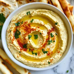 Für diesen köstlichen Hummus benötigst du folgende Hauptzutaten: - 1 Dose (15 oz) Kichererbsen, abgetropft und abgespült - 1 Knolle Knoblauch - 3 Esslöffel Tahini - 2 Esslöffel Olivenöl - 2 Esslöffel Zitronensaft - 1 Teelöffel gemahlener Kreuzkümmel - Salz nach Geschmack - Wasser nach Bedarf Die Kichererbsen geben dem Hummus seine cremetextur. Der geröstete Knoblauch bringt einen süßen, reichen Geschmack. Tahini sorgt für eine nussige Note. Zitronensaft fügt Frische hinzu, während Kreuzkümmel für Tiefe sorgt. Du kannst deinen Hummus noch schöner machen mit einigen Garnituren. Hier sind einige Ideen: - Paprika - Frische Petersilie Diese Farben machen dein Gericht lebendig. Außerdem passen frisches Gemüse und warmes Pita-Brot gut dazu. Karotten, Gurken und Paprika sind tolle Beilagen. Gerösteter Knoblauch-Hummus ist gesund und nahrhaft. Kichererbsen sind reich an Ballaststoffen und pflanzlichem Eiweiß. Das macht dich satt und hält einen langen Zeitpunkt vor. Olivenöl hat gesunde Fette, die gut für dein Herz sind. Knoblauch hat viele Vorteile. Er kann das Immunsystem stärken und hat entzündungshemmende Eigenschaften. {{ingredient_image_2}} Zuerst heizen Sie den Ofen auf 200°C vor. Nehmen Sie eine Knolle Knoblauch. Schneiden Sie die Oberseite ab, um die Zehen freizulegen. Träufeln Sie etwas Olivenöl darüber. Wickeln Sie den Knoblauch in Folie ein. Rösten Sie ihn 30 bis 35 Minuten. Die Zehen sollten weich und süß sein. Lassen Sie den Knoblauch abkühlen. Während der Knoblauch röstet, öffnen Sie eine Dose Kichererbsen. Spülen Sie die Kichererbsen gut ab und lassen Sie sie abtropfen. Diese Bohnen geben dem Hummus einen tollen Geschmack und eine gute Textur. Jetzt ist es Zeit, alles in die Küchenmaschine zu geben. Drücken Sie die gerösteten Knoblauchzehen aus ihrer Haut. Geben Sie sie in die Maschine. Fügen Sie die abgetropften Kichererbsen hinzu. Dann kommen Tahini, Olivenöl, Zitronensaft und gemahlener Kreuzkümmel dazu. Streuen Sie eine Prise Salz hinein. Pürieren Sie alles zusammen, bis die Mischung schön glatt ist. Wenn der Hummus zu dick ist, fügen Sie nach Bedarf Wasser hinzu. Geben Sie immer einen Esslöffel Wasser hinzu und pürieren Sie erneut. Probieren Sie den Hummus. Fügen Sie mehr Salz oder Zitronensaft hinzu, wenn es nötig ist. Übertragen Sie den Hummus in eine Servierschüssel. Machen Sie mit einem Löffel eine schöne Welle auf der Oberfläche. Träufeln Sie etwas Olivenöl darüber. Bestreuen Sie den Hummus mit Paprika und frischer Petersilie. Servieren Sie den Hummus mit bunten Gemüsesticks. Karotten, Gurken und Paprika passen sehr gut dazu. Warmes Pita-Brot ist auch eine tolle Beilage. Genießen Sie Ihr selbstgemachtes Hummus! Hummus kann einfach sein, aber Fehler passieren schnell. Ein häufiger Fehler ist, den Knoblauch nicht richtig zu rösten. Unroasteter Knoblauch schmeckt scharf und bitter. Achte darauf, die Knoblauchzehen gut zu rösten, bis sie weich sind. Ein weiterer Fehler ist die falsche Menge Salz. Zu viel Salz kann den Geschmack ruinieren. Probiere immer wieder, während du den Hummus machst. Die Konsistenz von Hummus ist wichtig. Du willst ihn cremig und glatt haben. Wenn er zu dick ist, füge langsam Wasser hinzu. Beginne mit einem Esslöffel und püriere gut. Wenn er zu dünn ist, kannst du mehr Kichererbsen oder Tahini hinzufügen. Nutze die Küchenmaschine, um alles gut zu vermischen. Es ist ein Prozess, also sei geduldig. Um den Geschmack zu verbessern, experimentiere mit Gewürzen. Kreuzkümmel gibt einen tollen Geschmack, aber du kannst auch Paprika oder Chili hinzufügen. Frischer Zitronensaft bringt Frische. Wenn du magst, füge frische Kräuter wie Petersilie hinzu. Das gibt Farbe und Geschmack. Sei kreativ und finde deine perfekte Mischung. Pro Tipps Knoblauch richtig rösten: Rösten Sie den Knoblauch bis er weich und karamellisiert ist, um den besten Geschmack zu erzielen. Konsistenz anpassen: Fügen Sie Wasser langsam hinzu, um die gewünschte cremige Konsistenz des Hummus zu erreichen. Gewürze nach Geschmack: Probieren Sie den Hummus und passen Sie die Gewürze an, um den perfekten Geschmack zu finden. Serviertipps: Servieren Sie den Hummus mit frischem Gemüse und warmem Pita-Brot für eine ansprechende Präsentation. {{image_4}} Es gibt viele Wege, um Hummus zu variieren. Fügen Sie Zutaten hinzu, um neue Geschmäcker zu entdecken. Zum Beispiel können Sie: - Geröstete rote Paprika für süße Noten. - Oliven für einen salzigen, herzhaften Kick. - Avocado für eine cremigere Textur. Experimentieren Sie mit verschiedenen Kräutern. Frischer Koriander oder Basilikum können den Hummus aufpeppen. Auch Gewürze wie Chili oder Rauchpaprika bringen mehr Wärme und Tiefe. Hummus ist von Natur aus vegan und glutenfrei. Das macht ihn zu einer tollen Wahl für viele Diäten. Verwenden Sie Kichererbsen als Basis. Achten Sie darauf, glutenfreie Beilagen zu wählen. Dipp-Gemüse wie Karotten und Sellerie passen perfekt. Wenn Sie eine nussfreie Option wünschen, lassen Sie das Tahini weg. Ersetzen Sie es durch pürierte Sonnenblumenkerne. Das gibt eine ähnliche Konsistenz. Hummus hat viele regionale Varianten. In Israel finden Sie oft Hummus mit scharfen Gewürzen. In Libanon fügen sie oft frische Petersilie und Zitronensaft hinzu. In Syrien kann man Hummus mit Fleisch oder Nüssen servieren. Jede Region bringt ihre eigenen Geschmäcker ein. Probieren Sie, verschiedene Arten zu machen. So lernen Sie die Vielfalt von Hummus kennen und finden Ihren Favoriten. Um Hummus richtig zu lagern, benutze einen luftdichten Behälter. Dadurch bleibt der Hummus frisch und aromatisch. Achte darauf, dass der Behälter sauber ist. Du kannst auch etwas Olivenöl auf die Oberfläche träufeln. Das hilft, den Hummus vor dem Austrocknen zu schützen. Im Kühlschrank hält sich dein gerösteter Knoblauch-Hummus etwa 5 bis 7 Tage. Stelle sicher, dass der Hummus immer gut verschlossen ist. Überprüfe immer den Geruch und die Konsistenz, bevor du ihn konsumierst. Wenn etwas komisch riecht oder anders aussieht, wirf es besser weg. Du kannst Hummus auch einfrieren, um ihn länger zu lagern. Fülle den Hummus in einen gefrierfesten Behälter. Lasse dabei etwas Platz, da sich der Hummus beim Gefrieren ausdehnt. So bleibt er bis zu 3 Monate haltbar. Zum Auftauen stelle den Behälter einfach über Nacht in den Kühlschrank. Rühre den Hummus gut durch, bevor du ihn servierst. Ja, du kannst Hummus ohne Tahini machen. Stattdessen kannst du mehr Olivenöl oder Joghurt verwenden. Diese Zutaten geben dem Hummus eine cremige Textur. Du kannst auch Nüsse wie Mandeln oder Cashews verwenden. Einfach vorher rösten und dann dazugeben. Experimentiere mit den Mengen, bis du die gewünschte Konsistenz erreichst. Ja, du kannst Hummus mit anderen Bohnen machen. Schwarze Bohnen oder weiße Bohnen sind tolle Alternativen. Sie geben dem Hummus einen anderen Geschmack und eine andere Farbe. Du kannst auch Linsen probieren. Achte darauf, die Bohnen gut zu pürieren, damit die Textur schön cremig bleibt. Zu Hummus passen viele Snacks. Rohes Gemüse wie Karotten, Gurken und Paprika sind perfekt. Du kannst auch Pita-Brot oder Tortillas verwenden. Chips aus Gemüse sind eine gute Wahl. Einige Leute mögen auch Crackers dazu. Sei kreativ und finde deinen eigenen Lieblingssnack! Gerösteter Knoblauch-Hummus ist einfach zuzubereiten und gesund. Wir haben die Hauptzutaten, eine Schritt-für-Schritt-Anleitung und nützliche Tipps durchgenommen. Variationen bieten viel Spielraum für kreative Kochideen. Richtiges Lagern verlängert die Haltbarkeit. Hummus passt gut zu vielen Snacks und kann leicht angepasst werden. Mit diesen Informationen schaffst du leckeren Hummus, der alle begeistert. Experimentiere und finde deine Lieblingsversion!